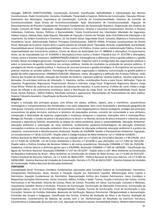 25
cônjuges. DIREITO CONSTITUCIONAL. Constituição. Conceito. Classificação. Aplicabilidade e Interpretação das Normas
Constitucionais. Poder Constituinte. Conceito, Finalidade, Titularidade e Espécies. Reforma da Constituição. Cláusulas Pétreas.
Autonomia dos Municípios. Supremacia da Constituição. Controle de Constitucionalidade. Sistemas de Controle de
Constitucionalidade. Ação Direta de Inconstitucionalidade. Ação Declaratória de Constitucionalidade. Arguição de
Descumprimento de Preceito Fundamental. Princípios Fundamentais da Constituição Brasileira. Organização dos Poderes do
Estado. Conceito de Poder: Separação, Independência e Harmonia. Direitos e Garantias Fundamentais: Direitos e Deveres
Individuais, Coletivos, Sociais, Políticos e Nacionalidade. Tutela Constitucional das Liberdades: Mandado de Segurança,
Habeas Corpus, Habeas Data, Ação Popular, Mandado de Injunção e Direito de Petição. Ação Civil Pública.Da tributação e do
orçamento. Da Ordem Econômica e Financeira. 10. Da Ordem Social. Seguridade Social: Conceito, Objetivos e Financiamento.
Previdência Social. Administração Pública: Princípios Constitucionais. DIREITO PENAL Princípios constitucionais do Direito
Penal. Aplicação da lei penal. Sujeito ativo e sujeito passivo da infração penal. Tipicidade, ilicitude, culpabilidade, punibilidade.
Imputabilidade penal. Extinção da punibilidade. Crimes contra a Fé Pública. Crimes contra a Administração Pública. Crimes de
responsabilidade dos funcionários públicos. Crimes de Abuso de Autoridade (Lei nº. 4898/65 e alterações). Enriquecimento
Ilícito. Lei de Improbidade (Lei nº. 8.429/92 e alterações).Crimes contra a Ordem Tributária (Lei nº. 8137/90 e alterações).
Crimes contra o Sistema Financeiro. ADMINISTRAÇÃO PÚBLICA. Convergências e diferenças entre a gestão pública e a gestão
privada. Novas tecnologias gerenciais: reengenharia e qualidade. Impactos sobre a configuração das organizações públicas e
sobre os processos de gestão. Excelência nos serviços públicos. Gestão de resultados na produção de serviços públicos. O
paradigma do cliente na gestão pública. 5. Gerência de recursos humanos e gestão estratégica. 6. As trajetórias de conceitos e
práticas relativas ao servidor público. Tecnologia da informação, organização e cidadania. Comunicação na gestão pública e
gestão de redes organizacionais. FINANÇAS PÚBLICAS. Objetivos, metas, abrangência e definição das Finanças Públicas. Visão
clássica das funções do Estado; evolução das funções do Governo. Ingressos públicos: receitas públicas, receitas originárias e
derivadas. Os princípios teóricos de tributação. 5. Impostos, tarifas, contribuições fiscais e para fiscais: definições. Tipos de
impostos. Progressivos, Regressivos, Proporcionais. Diretos e Indiretos. Carga Fiscal. Progressiva. Regressiva. Neutra. Carga
Fiscal Ótima. Efeitos da ausência ou do excesso de cobrança de impostos. A curva reversa. O efeito de curto, médio e longo
prazo da inflação e do crescimento econômico sobre a distribuição da carga fiscal. Lei de Responsabilidade Fiscal; Ajuste
Fiscal; Contas Públicas - Déficit Público; Resultado nominal e operacional; Necessidades de financiamento do setor público.
Sistema Tributário brasileiro. Classificação da Receita Orçamentária.
BIÓLOGO
Origem e evolução dos principais grupos, com ênfase em peixes, anfíbios, répteis, aves e mamíferos; características
morfológicas e comportamentais dos vertebrados e seu valor adaptativo, bem como diversidade e distribuição geográfica de
cada grupo. Conceito, estrutura e dinâmica de ecossistema; ciclos biogeoquímicos; fatores ecológicos; ecologia dos principais
ecossistemas do globo terrestre; estrutura e dinâmica de populações animais; conceito de comunidade e seus atributos:
composição e diversidade de espécies, organização e mudanças temporais e espaciais; interações intra e interespecíficas.
Biologia do Pescado: o estado da pesca e da aqüicultura no Brasil e no Mundo; técnicas de pesca artesanal e industrial; pesca
artesanal e aqüicultura familiar, envolvendo as etapas da cadeia produtiva; pesca e sustentabilidade. Educação Ambiental:
educação ambiental e valorização do meio ambiente; fundamentos epistemo-metodológicos da educação ambiental;
concepções e práticas em educação ambiental; ética e princípios da educação ambiental; educação ambiental e a prática da
cidadania. Licenciamento e Monitoramento Ambiental. Noções de EIA/RIMA. Gestão e Planejamento Ambiental. Legislação.
Lei Complementar n.º 38 de 21/11/95 - Dispõe sobre o Código Estadual do Meio Ambiente. Lei n.º 6938 de 31/08/91 -
Política Nacional do Meio Ambiente, alterada em sua redação pela Lei n.º 10165 de 27/12/00 e Decreto n.º 99.274/90. 14.3.
Lei n.º 9.605 de 12/02/98 - Lei de Crimes Ambientais e Decreto n.º 6514/08 e suas alterações. Lei n.º 7.862 de 19/12/02 -
Dispõe sobre a Política Estadual de Resíduos Sólidos e dá outras providencias. Resolução CONAMA n.º 001 de 23/01/86 -
estabelece critérios básicos e diretrizes gerais para o EIA/RIMA. Resolução CONAMA n.º 020 de 18/06/86 - Classificação das
Águas do Território Nacional. Resolução CONAMA n.º 237 de 19/12/97 - Dispõe sobre o LAP. Meio Ambiente na Constituição
da República Federativa do Brasil - Meio Ambiente na Constituição do Estado de Mato Grosso. Lei n.º 6.945 de 05/11/97 -
Política Estadual de Recursos Hídricos. Lei n.º 9.433 de 08/01/1997 - Política Nacional de Recursos Hídricos. Lei n.º 9.985 de
18/06/2000 - Sistema Nacional de Unidades de Conservação. Decreto n.º1.795 de 04/11/1997 - Sistema Estadual de Unidades
de Conservação. Política Nacional de Educação Ambiental.
CONTADOR
Contabilidade Geral: Princípios Contábeis Fundamentais (aprovados pelo Conselho Federal de Contabilidade). Patrimônio:
Componentes Patrimoniais: Ativo, Passivo e Situação Líquida (ou Patrimônio Líquido). Diferenciação entre Capital e
Patrimônio. Equação Fundamental do Patrimônio. Representação Gráfica dos Estados Patrimoniais. Fatos Contábeis e
Respectivas Variações Patrimoniais. Conta: Conceito. Débito, Crédito e Saldo. Teorias, Função e Estrutura das Contas. Contas
Patrimoniais e de Resultado. Sistema de Contas; Plano de Contas. Provisões em Geral. Escrituração. Conceito e Métodos.
Lançamento Contábil: Rotina e Fórmulas. Processo de Escrituração. Escrituração de Operações Financeiras. Escrituração de
operações típicas. Livros de Escrituração: Obrigatoriedade, Funções, Formas de Escrituração. Erros de Escrituração e suas
Correções. Sistema de Partidas Dobradas. Balancete de Verificação. Balanço Patrimonial: Obrigatoriedade e Apresentação.
Conteúdo dos Grupos e Subgrupos. Classificação das Contas. Critérios de Avaliação do Ativo e do Passivo. Avaliação de
investimentos. Levantamento do Balanço de acordo com a Lei. Demonstração do Resultado do Exercício: Estrutura,
Características e Elaboração de acordo com a Lei. Apuração da Receita Líquida. Contabilidade Pública. Matéria Administrativa:
 