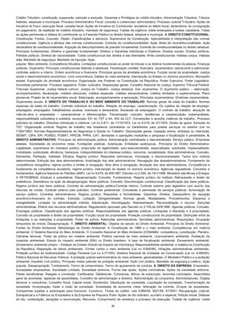 32
Crédito Tributário: constituição, suspensão, extinção e exclusão. Garantias e Privilégios do crédito tributário. Administração Tributária. Tributos
federais, estaduais e municipais. Processo Administrativo Fiscal: consulta e contencioso administrativo. Processo Judicial Tributário. Ações de
Iniciativa do Fisco: execução fiscal, cautelar fiscal. Ações de Iniciativa do Contribuinte: anulatória do débito fiscal, declaratória, de consignação
em pagamento, de repetição de indébito tributário, mandado de segurança. Tutelas de urgência: tutela antecipada e tutelas cautelares. Todas
as ações pertinentes à defesa do contribuinte ou à Fazenda Pública no âmbito federal, estadual e municipal. 4. DIREITO CONSTITUCIONAL:
Constituição: Fontes. Conceito. Objeto. Classificações e estrutura. Supremacia da Constituição. Aplicabilidade e interpretação das normas
constitucionais. Vigência e eficácia das normas constitucionais. Controle de constitucionalidade: Ação direta de inconstitucionalidade. Ação
declaratória de constitucionalidade. Argüição de descumprimento de preceito fundamental. Controle de constitucionalidade no âmbito estadual.
Princípios fundamentais. Direitos e garantias fundamentais: Direitos e Garantias Individuais e Coletivos. Direitos sociais. Direitos políticos.
Partidos políticos. Direitos de nacionalidade. Tutela constitucional dos direitos e das liberdades. Writs constitucionais: Habeas corpus. Habeas
data. Mandado de segurança. Mandado de injunção. Ação
popular. Meio ambiente. Competência tributária. Limitações constitucionais ao poder de tributar e os direitos fundamentais da pessoa. Finanças
públicas. Orçamento. Princípios constitucionais federais e estaduais. Fiscalização contábil, financeira, orçamentária, operacional e patrimonial:
controles externo e interno. Ordem econômica e financeira. Princípios gerais da atividade econômica. Função social da propriedade. Justiça
social e desenvolvimento econômico. Livre concorrência. Defesa do meio-ambiente. Intervenção do Estado no domínio econômico. Monopólio
estatal. Exploração da atividade econômica. Organização dos Poderes na Constituição da República: Poder Executivo. Poder Legislativo.
Imunidade parlamentar. Processo legislativo. Poder Judiciário: Disposições gerais, Conselho Nacional de Justiça, Supremo Tribunal Federal,
Tribunais Superiores, Justiça federal comum. Justiça do Trabalho. Justiça estadual. Dos orçamentos: O orçamento público – elaboração,
acompanhamento, fiscalização, créditos adicionais, créditos especiais, créditos extraordinários, créditos ilimitados e suplementares. Plano
plurianual. Projeto de lei orçamentária anual: Elaboração, acompanhamento e aprovação. Princípios orçamentários. Diretrizes orçamentárias.
Orçamentos anuais. 5. DIREITO DO TRABALHO E DO MEIO AMBIENTE DO TRABALHO: Normas gerais de tutela do trabalho. Normas
especiais de tutela do trabalho. Contrato individual do trabalho. Relação de emprego: caracterização. Os sujeitos da relação de emprego:
empregado, empregador, trabalhadores avulsos, eventuais e temporários. Sucessão de empregador. O contrato de trabalho: alocação de
mão‐de‐obra e empreitada – características e diferenciações. Terceirização: conceito, tendências e caracterização, subempreitada,
responsabilidade subsidiária e solidária, enunciado 331 do TST e Art. 455 da CLT. Convenções e acordos coletivos de trabalho. Processo
judiciário do trabalho: Dissídios individuais e coletivos. Lei no 5.811, de 11/10/1972. Lei no 6.019, de 3/1/1974. Direito de greve. Súmulas do
TST. Organização sindical. Regime de trabalho dos brasileiros contratados ou transferidos para prestar serviços no exterior (Lei no
7.064/1982). Normas Regulamentadoras de Segurança e Saúde no Trabalho: Disposições gerais, inspeção prévia, embargo ou interdição,
SESMT, CIPA, EPI, PCMSO, PCMAT, PPEOB, PPRA, CAT, atividades e operações insalubres e perigosas e fiscalização e penalidades. 6.
DIREITO ADMINISTRATIVO: Princípios da administração pública. Administração centralizada e descentralizada. Serviço público. Empresas
estatais. Sociedades de economia mista. Fundações públicas. Autarquias. Entidades autárquicas. Princípios do Direito Administrativo:
Legalidade, supremacia do interesse público, presunção de legitimidade, auto-executoriedade, especialidade, autotutela, impessoalidade,
moralidade, publicidade, eficiência, hierarquia, indisponibilidade do interesse público, isonomia, razoabilidade. Atos administrativos: Conceito.
Elementos. Perfeição. Validade. Eficácia. Regime jurídico. Requisitos extrínsecos. Vinculação e discricionariedade. Teoria dos motivos
determinantes. Extinção dos atos administrativos. Invalidação dos atos administrativos. Revogação dos atosadministrativos. Fundamento da
competência revogatória, regime jurídico e limites à revogação. Atos afins à revogação. Anulação dos atos administrativos. Competência e
fundamento da competência anulatória, regime jurídico, intervenção do estado no domínio econômico. Agências reguladoras: Conceitos e
fundamentos. Agência Nacional do Petróleo (ANP). Lei no 9.478, de 6/8/1997. Decreto no 2.455, de 14/1/1998. Ministério das Minas e Energia.
A PETROBRAS: Estatuto e subsidiárias. Desapropriação: Conceito. Fundamentos. Regime jurídico do instituto. Retrocessão e direito de
preferência. Desistência na ação de desapropriação. Bens públicos: Conceito. Discriminação constitucional. Classificação dos bens públicos.
Regime jurídico dos bens públicos. Controle da administração pública:Controle interno. Controle externo pelo legislativo com auxílio dos
tribunais de contas. Controle externo pelo judiciário. Controle parlamentar. Concessão e permissão de serviços públicos: Autorização de
serviço público. Contratos administrativos: Regime jurídico. Requisitos e formalidades. Garantias. Direitos. Desequilíbrio da equação
econômico-financeira do contrato. Extinção. Licitação: Obrigatoriedade. Normas gerais. Modalidades. Procedimentos. Dispensa e
inexigibilidade. Licitação na administração indireta. Adjudicação. Homologação. Representação. Reconsideração e recurso. Sanç ões
administrativas. Efeitos dos recursos administrativos. Regulamento aprovado pelo Decreto no 2.745,de 24/8/1998. Agentes públicos: Conceito.
Empregos públicos. Classificação dos agentes públicos. Responsabilidade dos agentes públicos. Limitações à liberdade e à propriedade:
Conceito de propriedade e direito de propriedade. Função social da propriedade. Proteção constitucional da propriedade. Distinções entre as
limitações e as restrições à propriedade. Poder de polícia. Restrições administrativas. Servidões administrativas: Requisições. Ocupação
temporária de imóvel. Desapropriação. 7. DIREITO AMBIENTAL: Objetos de estudo do Direito Ambiental. Princípios do Direito Ambiental.
Fontes do Direito Ambiental. Metodologia do Direito Ambiental. A Constituição de 1988 e o meio ambiente. Competências em matéria
ambiental. O Sistema Nacional do Meio Ambiente. O Conselho Nacional do Meio Ambiente (CONAMA): competência, constituição, Plenário,
Câmaras técnicas. Poder de polícia em matéria ambiental. Política nacional de meio ambiente. Licenciamento ambiental. Avaliaç ão de
impactos ambientais. Estudo do impacto ambiental (EIA) no Direito brasileiro. A taxa de fiscalização ambiental. Zoneamento ambiental.
Zoneamento ambiental urbano – Estatuto da Cidade: Estudo de Impacto de Vizinhança. Responsabilidade ambiental: a matéria na Constituição
da República. Reparação de danos ambientais. Crimes contra o meio ambiente (Lei no 9.605/98). Infrações administrativas ambientais.
Proteção jurídica da biodiversidade. Código Florestal (Lei no 4.771/65). Sistema Nacional de Unidades de Conservação (Lei no 9.985/00).
Política Nacional de Recursos Hídricos. A proteção judicial eadministrativa do meio ambiente: generalidades. O Ministério Público e a proteção
ambiental. Inquérito civil público. Principais meios judiciais de proteção ambiental: Ação civil pública, Mandado de seguranç a coletivo, Ação
popular. Desapropriação. Tombamento. Termo de compromisso. Termo de ajustamento de conduta. 8. DIREITO DA EMPRESA: Empresário.
Sociedades empresárias. Sociedade Limitada. Sociedade anônima. Forma das ações. Ações nominativas. Ações da sociedade anônima.
Partes beneficiárias. Resgate e conversão. Certificados. Debêntures. Consórcios. Bônus de subscrição. Acionista controlador. Assembléia
geral de acionistas: espécies de assembléias. Conselho de administração e diretoria. Administração da companhia. Administradores. Órgãos
técnicos e consultivos. Conselho fiscal. Capital social. Dividendos. Dissolução da sociedade. Liquidação da sociedade. Transformação da
sociedade. Incorporação, fusão e cisão da sociedade. Sociedades de economia mista. Alienação de controle. Grupos de sociedades.
Companhias sujeitas a autorização para funcionar. Consórcio. Títulos de crédito. Leis 8.884/94, 9021/95, 8176/91. Recuperação Judicial,
Extrajudicial e a Falência do Empresário e da Empresa de Pequeno Porte. Ações de rito ordinário, sumário e especial. Petição Inicial. Defesas
do réu: contestação, exceções e reconvenção. Recursos. Cumprimento de sentença e processo de execução. Tutelas de urgência: tutela
 