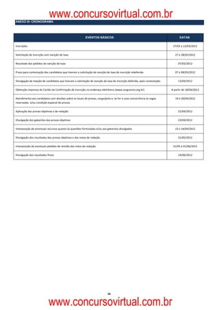 ANEXO III- CRONOGRAMA
                            www.concursovirtual.com.br
                                                          EVENTOS BÁSICOS                                                          DATAS

Inscrições                                                                                                                    27/02 a 13/03/2012 

Solicitação de inscrição com isenção de taxa                                                                                    27 e 28/02/2012 

Resultado dos pedidos de isenção de taxa                                                                                          07/03/2012 

Prazo para contestação dos candidatos que tiveram a solicitação de isenção de taxa de inscrição indeferida                      07 e 08/03/2012 

Divulgação da relação de candidatos que tiveram a solicitação de isenção da taxa de inscrição deferida, após contestação.         12/03/2012 

Obtenção impressa do Cartão de Confirmação de Inscrição no endereço eletrônico (www.cesgranrio.org.br)                       A partir de 18/04/2012 

Atendimento aos candidatos com dúvidas sobre os locais de provas, cargo/polo e, se for o caso concorrência às vagas             19 e 20/04/2012 
reservadas  e/ou condição especial de provas. 

Aplicação das provas objetivas e de redação                                                                                       22/04/2012 

Divulgação dos gabaritos das provas objetivas                                                                                     23/04/2012 

Interposição de eventuais recursos quanto às questões formuladas e/ou aos gabaritos divulgados                                  23 e 24/04/2012 

Divulgação dos resultados das provas objetivas e das notas de redação                                                             31/05/2012 

Interposição de eventuais pedidos de revisão das notas de redação                                                             31/05 e 01/06/2012 

Divulgação dos resultados finais                                                                                                  19/06/2012 

 




                                                                            24



                            www.concursovirtual.com.br
 