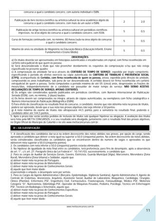 concurso a qual o candidato concorre, com autoria individual e ISBN.


   Publicação de livro técnico-científico ou artístico-cultural na área acadêmica objeto do
                                                                                                        2               2,0
           concurso a qual o candidato concorre, com mais de um autor e ISBN.

     Publicação de artigo técnico-científico ou artístico-cultural em periódicos científicos
                                                                                                        5               0,5
       impressos, na área objeto do concurso a qual o candidato concorre, com ISSN.

 Curso de formação continuada com, no mínimo, 80 horas/aula na área objeto do concurso
                                                                                                        5               0,5
                              a qual o candidato concorre.

 Máximo de anos na atividade de Magistério na Educação Básica (Educação Infantil, Ensino
                                                                                                        5               0,5
                             Fundamental e Ensino Médio)
                                                          OBSERVAÇÕES:
 a) Os títulos deverão ser apresentados em fotocópias autenticadas e encadernadas em espiral, com firma reconhecida em
 cartório extra-judicial de que quem os passou;
 b) Será desconsiderado o título que não preencher devidamente os requisitos da comprovação e/ou que não esteja
 especificado no presente quadro;
 c) A comprovação da atividade far-se-á através de CERTIDÃO DE TEMPO DE SERVIÇO, expedida por órgão competente,
 especificando o período do efetivo exercício ou cópia autenticada da CARTEIRA DE TRABALHO E PREVIDÊNCIA SOCIAL
 (CTPS), acompanhada de Certidão, com firma reconhecida de quem os passou, anexa, expedida pela direção da unidade,
 comprovando os anos trabalhados, sob pena de ser desconsiderada. A certidão deverá ter firma reconhecida em cartório
 extrajudicial de quem a passou. Serão computados o período máximo de até 05 (cinco) anos, desprezadas as frações de
 meses/dias, independentemente de o candidato ser possuidor de maior tempo de serviço. NÃO SERAO ACEITAS
 DECLARAÇÕES DE TEMPO DE SERVIÇO, APENAS CERTIDÕES.
 d) Os artigos são considerados quando publicados em periódicos científicos, com Número Internacional de Publicação
 Seriada (ISSN), com, no mínimo, 2 (duas) laudas;
 e) Os livros devem ser comprovados na íntegra, através de cópias autenticadas, ou exemplares com ficha catalográfica e
 Número Internacional de Publicação Bibliográfica (ISBN);
 f) Para efeito de classificação no resultado final do concurso, o candidato, mesmo que não obtenha nota na prova de títulos,
 poderá ser aprovado, desde que a sua nota nas provas objetivas não seja inferior a 50 pontos;
 g) A nota máxima do exame de títulos não ultrapassará 44,5 pontos para a somatória no resultado final, podendo o
 candidato obter até 144,5 pontos.
5. Após o prazo não serão aceitos pedidos de inclusão de títulos sob qualquer hipótese ou alegação. A avaliação dos títulos
será feita pela METTA CONCURSOS, e o seu resultado será divulgado, juntamente com o resultado final das provas objetivas,
no Órgão Oficial do Município de Calumbi e no site www.mettaconcursos.com.br.

  VI – DA CLASSIFICAÇÃO

1. A classificação dos candidatos dar-se-á na ordem decrescente das notas obtidas nas provas, por opção de cargo, sendo
aprovado o candidato que obtiver a nota igual ou superior a 50,0 (cinqüenta) pontos. Na ordem decrescente da notas obtidas,
serão considerados classificados os candidatos que se encontrarem dentro do número de vagas e aprovados os que
obtiverem nota superior a 50,0 (cinqüenta pontos).
2. Os candidatos com nota inferior a 50,0 (cinqüenta) pontos estarão eliminados.
3. Na hipótese de igualdade de nota final entre os candidatos, terá preferência, para fins de desempate, após a observância
do art. 1°, c/c art. 27, Parágrafo Único da Lei Federal n°. 10.741/03, sucessivamente, o candidato que:
2. Para os cargos de Auxiliar de Serviços Gerais, Coveiro, Eletricista, Guarda Municipal (Vigia), Marceneiro, Merendeira (Zona
Rural), Merendeira (Zona Urbana) e Soldador, aquele que:
a) obtiver maior nota na prova de Português;
b) obtiver maior nota na prova de Matemática;
c) obtiver maior nota na prova de Conhecimentos Gerais;
d) aquele que tiver maior idade;
e) persistindo o empate, o desempate será por sorteio.
3. Para os Cargos de Agente Administrativo I (Berçário, Epidemiologia, Vigilância Sanitária), Agente Administrativo II, Agente de
Controle de Endemias, Anestesista, Arquiteto, Assistente Social, Auxiliar de Laboratório, Bioquímico, Cardiologia, Cirurgião,
Clínico (Plantão), Enfermeiro PSF, Engenheiro Civil, Farmacêutico, Fisioterapeuta, Fonoaudiólogo, Médico PSF, Motorista
Categoria “D”, Nutricionista, Odontólogo PSF, Operador de Máquinas Pesadas, Pediatra, Psicólogo, Técnico em Enfermagem
PSF, Técnico em Radiologia e Veterinário, aquele que:
a) obtiver maior nota na prova de Conhecimentos Específicos;
b) obtiver maior nota na prova de Português;
c) obtiver maior nota na prova de Conhecimentos Gerais;
d) aquele que tiver maior idade;
      ________________________________________________________________________________________________________________
                                                  www.mettaconcursos.com.br
                                                                                                                              11
 