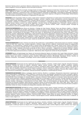 Nutricional. Nutrição enteral e parenteral. Influência medicamentosa nos nutrientes corpóreos. Avaliação nutricional ao paciente portador de HIV.
Gastos energéticos. Processo de digestão e Vias de excreção de nutrientes.

ODONTÓLOGO PSF:Sistema Único de Saúde; Estratégia Saúde da Família e Política Nacional de Saúde Bucal. Promoção de Saúde e Educação em
Saúde. Vigilância em Saúde e em Saúde Bucal. Biossegurança em Odontologia. Epidemiologia geral e das doenças bucais – SB Brasil 2003.
Etiopatogenia, diagnóstico e tratamento da Cárie e da Doença Periodontal. Fluorterapia em Odontologia. Farmacologia em Odontologia. Diagnóstico
Oral. Repercussões Estomatológicas locais e sistêmicas. Odontogeriatria. Câncer Bucal. Urgências e Emergências em Odontologia. Controle Químico
e Mecânico da placa bacteriana. Planejamento e Programação em saúde bucal.

PSICÓLOGO:A práxis do psicólogo. Política de saúde e saúde mental. Terapêuticas ambulatoriais em saúde mental. Desenvolvimento mental do ser
humano. Doenças e deficiências mentais. Diagnóstico Psicológico: conceitos e objetivos, teorias psicodinâmicas, processo diagnóstico, testes.
Terapia grupal e familiar. Abordagens Terapêuticas. Principais aspectos teóricos de Freud, Piaget e Lacan. Psicossociologia: elaboração do conceito
de instituição, o indivíduo e as instituições, a questão do poder e as instituições, a instituição da violência. Psicopatologia: natureza e causa dos
distúrbios mentais. Neurose, psicose e per versão: diagnóstico. Conceitos centrais da Psicopatologia Geral. Prevenção e atenção primária em
saúde. Conhecimento comum x conhecimento científico, discurso popular x discurso científico, saúde e educação popular. Psicologia do
desenvolvimento, teorias da sexualidade infantil, desenvolvimento cognitivo.

TÉCNICO EM ENFERMAGEM:Noções Básicas de Anatomia e Fisiologia do Corpo Humano. Nutrição: Fatores que Alteram o Apetite e a Digestão,
Dietas Especiais, Alimentação por Gavagem, Epidemiologia e Esquema de Vacina de Rotina (Antipólio, Anti-Sarampo, DPT, BCG, Dupla), Assepsia,
Desinfecção e Esterilização. Assistência de Enfermagem ao Paciente com Distúrbios dos Sistemas: Gastrointestinal, Cardiovascular, Respiratório e
Hematológico. Técnicas Básicas de Enfermagem: TP, RPA, Peso, Altura, CA. Administrações de Medicamentos (Vias, Doses, Indicações e Contra
Indicações), Curativos, Oxigenoterapia, Nebulização e Coleta de Amostra para Exames Laboratoriais. Assistência de Enfermagem ao Paciente com
Doenças Neoplásicas (Considerações Gerais, Medidas Preventivas e Assistência em Radioterapia e Quimioterapia). Infecciosas: Aids, Sarampo,
Tuberculose, Tétano, Poliomielite, Difteria, Coqueluche e Cólera; Aspectos Éticos na Assistência de Enfermagem. Políticas da Saúde Pública:
Evolução histórica da saúde no Brasil, Sistema Único de Saúde SUS (princípios, diretrizes, controle social e leis da saúde), normais operacionais
básicas da saúde, sistema de informação em saúde, modelos de atendimento a saúde (MS), organização das políticas de saúde nacional regional e
municipal.

TÉCNICO EM RADIOLOGIA:Princípios e Diretrizes da profissão; Ética profissional e responsabilidade; Conhecimentos básicos de anatomia e fisiologia
- ossos do crânio, face, coluna, tórax, membros superiores e inferiores, órgãos do tórax e abdômen; Conhecimentos básicos de equipamentos
radiológicos e seu funcionamento - produção de Raio X, estrutura básica da aparelhagem fixa e portátil, câmara escura; Exames contrastados;
Conhecimentos de técnicas de utilização do Raio X; Conhecimentos de técnicas de revelação e fixação e de elementos dos componentes químicos
do revelador e fixador; Legislação concernente ao operador de Raio X; Riscos e precauções – equipamentos de proteção individual e coletiva;
Sistema Único de Saúde: Lei nº 8.080 de 19/09/90, Lei nº 8.142 de 28/12/90, Norma Operacional Básica do Sistema Único de Saúde - NOB-SUS
de 1996, Norma Operacional da Assistência à Saúde/SUS - NOAS-SUS de 2002, Programa de Controle de Infecção Hospitalar.

VETERINÁRIO: Noções de Epidemiologia Geral; Noções de Saneamento Ambiental; Noções de Estatística Vital, Saúde Pública Veterinária; Controle
de Alimentos e Zoonoses; Noções de Zootecnia e veterinária suas principais funções; Noções de genética quantitativa e de populações - freqüência
genética. Fatores que alteram a freqüência genética. Anatomia, Morfisiologia bacteriana; Microbiologia, Reprodução. Vermes, Parasitas ou
Helmintos, Protozoários , Generalidades, Parasitologia, Sistema cardio-circulatório dos animais, Doenças gerais, epidemiologia.


                                                                   PROFESSOR I

LINGUA PORTUGUESA: Interpretação de texto. Significação das palavras: sinônimos, antônimos, sentidos próprio e figurado. Ortografia. Pontuação.
Acentuação. Emprego das classes de palavras: substantivo, adjetivo, numeral, pronome, artigo, verbo, advérbio, preposição, conjunção
(classificação e sentido que imprime às relações entre as orações). Concordância verbal e nominal. Regência verbal e nominal. Crase. Figuras de
sintaxe. Vícios de linguagem. Equivalência e transformação de estruturas. Flexão de substantivos, adjetivos e pronomes (gênero, número, grau e
pessoa). Processos de coordenação e subordinação. Sintaxe. Morfologia. Estrutura e formação das palavras. Discursos direto, indireto e indireto
livre. Processos de coordenação e subordinação. Colocação pronominal. Equivalência e transformação de estrutura.

FUNDAMENTOS DA EDUCAÇÃO: Didática e pedagogia: Aspectos históricos, filosóficos e sociológicos. Planejamento educacional e organização do
ensino no Brasil (Níveis e modalidades). Teorias, tendências e conceitos de ensino e aprendizagem. Planejamento de ensino: concepções, objetivos,
conteúdos, métodos, recursos de ensino e avaliação. Parâmetros Curriculares Nacionais (PCNs). Referências Curriculares Nacionais da Educação
Infantil (RECNEI). Novas tecnologias em educação (Mídias e educação à distância). Políticas públicas de educação. Gestão educacional e gestão
escolar. Gestão democrática, cidadania e participação da sociedade civil na escola pública. Sistemas de ensino. Conselho municipal de educação e
conselhos escolares. Plano de Desenvolvimento da Educação (PDE). Formação e valorização dos profissionais da educação. Financiamento da
educação brasileira: Manutenção e Desenvolvimento do Ensino (MDE). Fundo de Desenvolvimento da Educação Básica e Valorização dos
Profissionais da Educação (FUNDEB). Salário-Educação. Programas federais de financiamento (PNAE, PNLD, PNLA, PNBE, PNATE, PDDE, outros).
Legislação educacional: Constituição Federal do Brasil (Dispositivos sobre educação), Lei de Diretrizes e Bases da Educação Brasileira (Completa e
atualizada), Estatuto da Criança e do Adolescente (Dispositivos atualizados sobre educação).

CONHECIMENTOS ESPECÍFICOS: MATEMATICA: Funções e equações: números naturais, inteiros, racionais, irracionais e reais. Equações de 1° e 2°
graus. Funções e equações lineares, quadráticas, exponenciais, logarítmicas e trigonométricas; polinômios e equações. Probabilidade e análise
combinatória. Matrizes, determinantes e sistemas lineares. Números e grandezas direta e inversamente proporcionais: razões e proporções, divisão
proporcional; regra de três simples e composta. Porcentagem. Juros: Simples e Composto. Geometria no plano e no espaço. Perímetro. Progressões.
Probabilidade: contagem, permutações, arranjos e combinações. Probabilidade e eventos independentes. Sistema de medidas legais. Resolução de
situações problema. Sistema monetário brasileiro. Potência.ESTUDOS SOCIAIS: Grupos Étnicos do Brasil; Hidrografia Brasileira; As Regiões
Brasileiras; Relevo Brasileiro; Empresas Públicas e Privadas; A Questão Agrária no Brasil. CIÊNCIAS DA NATUREZA: Os seres vivos e o ambiente, as
rochas e o solo, a água e o ar.

CONTEÚDO PROGRAMÁTICO COMUM AOS CARGOS DEPROFESSOR DE EDUCAÇÃO FÍSICA, PROFESSOR DE HISTÓRIA E PROFESSOR DE MATEMÁTICA

LINGUA PORTUGUESA: Interpretação de texto. Significação das palavras: sinônimos, antônimos, sentidos próprio e figurado. Ortografia. Pontuação.
Acentuação. Emprego das classes de palavras: substantivo, adjetivo, numeral, pronome, artigo, verbo, advérbio, preposição, conjunção
(classificação e sentido que imprime às relações entre as orações). Concordâncias verbal e nominal. Regências verbal e nominal. Crase. Figuras de
         ________________________________________________________________________________________________________________
                                                           www.mettaconcursos.com.br
                                                                                                                                                18
 