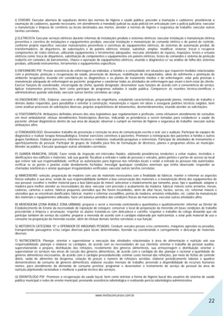 i) COVEIRO: Executar abertura de sepulturas dentro das normas de higiene e saúde pública; proceder a inumação e cadáveres; providenciar a
exumação de cadáveres, quando necessário, em atendimento a mandado judicial ou ação policial em articulação com a policia judiciária; executar
a manutenção e limpeza de cemitério ou locais destinados aos mortos; atender a normas de higiene e segurança do trabalho; executar outras
tarefas correlatas.

j) ELETRICISTA: Executar serviços elétricos durante reformas de instalações prediais e sistemas elétricos; executar instalação e manutenção elétrica
preventiva e corretiva de instalações e equipamentos prediais; executar instalação e manutenção de comando elétrico e de painel de controle,
conforme projeto específico; executar manutenções preventivas e corretivas de equipamentos elétricos, de sistemas de automação predial, de
transformadores, de disjuntores, de subestações e de painéis elétricos; instalar, substituir, ampliar, modificar, vistoriar, trocar e recuperar
componentes de redes elétricas, utilizando equipamentos e ferramentas adequadas; executar atividades de reparos, inspeções, testes e ensaios
elétricos como: troca de disjuntores, substituição de componentes e equipamentos em painéis elétricos, testes de comandos e sistema de proteção
reaberto em conexões de barramentos, chaves e operação de equipamentos elétricos, visando o diagnóstico e/ ou análise de falha dos sistemas
prediais, utilizando instrumentos, ferramentas e equipamentos específicos.

l) ENFERMEIRO PSF: Prestar assistência de enfermagem ao indivíduo, a família e a comunidade em situações que requerem medidas relacionadas
com a promoção, proteção e recuperação da saúde, prevenção de doenças, reabilitação de incapacitados, alívio do sofrimento e promoção do
ambiente terapêutico, levando em consideração os diagnósticos e os planos de tratamento médico e de enfermagem; zelar pela provisão e
manutenção adequada de enfermagem ao paciente; programar e coordenar todas as atividades de enfermagem que visam o bem estar do cliente.
Exercer funções de coordenador, encarregado da chefia, quando designado; desenvolver suas funções de acordo com a conveniência do serviço.
Aplicar tratamentos prescritos, bem como participar de programas voltados à saúde pública. Comparecer às reuniões técnico-científicas e
administrativas quando solicitado, executar outras tarefas correlatas ao cargo.

m) ENGENHEIRO CIVIL: Elaborar, executar e dirigir projetos de engenharia, estudando características, preparando planos, métodos de trabalho e
demais dados requeridos, para possibilitar e orientar a construção, manutenção e reparo em obras e assegurar padrões técnicos exigidos, bem
como analisar processos de solicitações diversas, projetos arquitetônicos de loteamentos, desmembramentos, visando atender as solicitações.

n) FISIOTERAPEUTA: Atribuições definidas através dos atos legislativos que regulamentam a profissão, como efetuarem atendimento de consultas
em nível ambulatorial; efetuar atendimentos fisioterápicos diversos, indicando as providencia a serem tomadas para estabelecer a saúde do
paciente; efetuar diagnósticos dentro de sua área de atuação; observar e cumprir as normas de higiene e segurança do trabalho; executar outras
atribuições afins.

o) FONOAUDIÓLOGO: Desenvolver trabalho de prevenção e correção na área de comunicação escrita e oral, voz e audição. Participar de equipes de
diagnóstico e realizar terapia fonoaudiológica. Ensinar exercícios corretivos à pacientes. Promover a reintegração dos pacientes à família e outros
grupos familiares. Elaborar pareceres, informes técnicos e relatórios, realizando pesquisas e entrevistas. Participar de atividades de treinamento e
aperfeiçoamento de pessoal. Participar de grupos de trabalho para fins de formulação de diretrizes, planos e programas afetos ao município.
Atender ao público. Executar quaisquer outras atividades correlatas.

P) GUARDA MUNICIPAL (VIGIA): Fazer ronda de inspeção em intervalos fixados, adotando providências tendentes a evitar roubos, incêndios e
danificações nos edifícios e materiais, sob sua guarda; fiscalizar a entrada e saída de pessoas e veículos, pelos portões e portas de acesso ao local
que estiver sob sua responsabilidade; verificar as autorizações para ingresso nos referidos locais e vedar a entrada às pessoas não autorizadas;
verificar se as portas e janelas estão devidamente fechadas; investigar quaisquer condições anormais que tenha observado; responder as
chamadas telefônicas e anotar quaisquer irregularidades verificadas; executar outras tarefas correlatas.

q) MARCENEIRO: seleção, preparação da madeira com uso de materiais necessários com a finalidade de fabricar, manter e reformar os aspectos
físicos voltados à sua área, sendo de sua responsabilidade também a boa conservação dos materiais e a manutenção direta dos equipamentos de
uso pessoal; escolher o melhor material para a boa fabricação do móvel; selecionar o madeiramento por tamanho, peso, tipo e qualidade; adaptar a
madeira para melhor atender as necessidades da obra; executar com precisão o acabamento da madeira; fabricar móveis como armários, mesas,
cadeiras, carteiras e outros; fabricar pequenos utensílios que lhe forem incumbidos, além de afiar facas, facões, serras, etc; reformar móveis e
utensílios que se encontram danificados; fabricar, manter e reformar escradilhos, portas de madeira, armários embutidos, etc; cuidar da manutenção
dos materiais e equipamentos utilizados; fazer um balanço periódico das condições físicas da marcenaria; executar outras atividades afins.

R) MERENDEIRA (ZONA RURALE ZONA URBANA): preparar e servir a merenda controlando-a quantitativa e qualitativamente; informar ao Diretor do
Estabelecimento de Ensino da necessidade de reposição de estoques; conservar o local de preparação da merenda em boas condições de trabalho
procedendo a limpeza e arrumação; respeitar os alunos tratando-os com delicadeza e carinho; respeitar o trabalho do colega deixando que ele
participe também do serviço da cozinha; preparar a merenda de acordo com o cardápio elaborado por nutricionista; e zelar pelo material de uso e
consumo na preparação da merenda escolar, além de efetuar demais tarefas correlatas a sua função;

S) MOTORISTA CATEGORIA “D” e OPERADOR DE MÁQUINAS PESADAS: Conduzir veículos peruas e/ou camionetes, máquinas agrícolas ou pesadas,
transportando passageiros e/ou cargas diversas para locais determinados, fazendo ou coordenando o carregamento e descarga de materiais
diversos.

T) NUTRICIONISTA: Planejar, orientar e supervisionar a execução das atividades relacionadas à área de alimentação e nutrição sob sua
responsabilidade; planejar e elaborar os cardápios, de acordo com as necessidades de sua clientela; orientar o trabalho do pessoal auxiliar,
supervisionando o preparo, distribuição das refeições, recebimento dos gêneros alimentícios, sua armazenagem e distribuição; orientar e
supervisionar os serviços nas áreas de cocção dos gêneros alimentícios, de acordo com o cardápio do dia; planejar e racionar a quantidade de
gêneros alimentícios necessários, de acordo com o cardápio preestabelecido; estimar custo mensal das refeições, por meio de fichas de controle
diário, saída de alimentos da despensa, cotação de preços e numero de refeições servidas; elaborar periodicamente tabelas e quadros
demonstrativos do consumo de gêneros alimentícios; elaborar escalas mensais de trabalho, prevendo a disponibilidade de recursos humanos
nomes, para atendimento da demanda de consumo prevista; programar e desenvolver o treinamento do serviço do pessoal da área de
nutrição,objetivando racionalizar e melhorar o padrão técnico dos serviços.

U) ODONTÓLOGO PSF: Promover a recuperação da saúde bucal, bem como orientar a forma de higiene bucal dos usuários do sistema de saúde
pública municipal e redes de ensino municipal, prestando assistência odontológica e realizando perícia odontológico-administrativa.


       ________________________________________________________________________________________________________________
                                                   www.mettaconcursos.com.br
                                                                                                                                                22
 