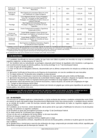Professor de                 Nível Superior de Licenciatura Plena em
                                                                                                -     01             40 h.               1.372,24               75,00
    Matemática                                 Matemática

    Professor de             Nível Superior de Licenciatura Plena em Letras
                                                                                              01       -             40 h.               1.372,24               75,00
     Português                   com Habilitação em Língua Portuguesa
                             Curso Magistério Normal, Técnico Pedagógico,
                              Curso Pró - Formação ou Nível Superior em
    Professor I                                                                               05       -             40 h.               1.029,18               57,50
                            Pedagogia com Habilitação em Séries Inicias (Lei
                                           Federal 9.394/96)
                                Nível Superior de Licenciatura Plena em
     Psicólogo                Psicologia e Registro no Conselho de Classe                     02       -             30 h.               1.012,00               75,00
                                               Específico
                             Ensino Fundamental Incompleto e Experiência
     Soldador                                                                                 01       -             40 h.                 622,00               39,00
                                        Comprovada na Área
                              Ensino Médio Completo e Curso Técnico em
   Técnico em
                           Enfermagem com Registro no Conselho de Classe                      10       -             40 h.                 622,00               57,50
Enfermagem PSF
                                             Específico
                              Ensino Médio Completo e Curso Técnico em
    Técnico em
                            Radiologia com Registro no Conselho de Classe                     01       -             40 h.                 622,00               57,50
    Radiologia
                                             Específico
                           Nível Superior em Medicina Veterinária e Registro
    Veterinário                                                                               01       -             40 h.               1.012,00               75,00
                                   no Conselho de Classe Específico
* Incluindo-se reserva de vagas para portadores de necessidades especiais, de acordo com a Constituição do Estado de Pernambuco.
** Os candidatos poderão ser designados para exercício na zona urbana ou rural, de acordo com a conveniência e necessidade administrativa do serviço público municipal. Aos
valores das inscrições acima constantes será acrescida a tarifa bancária no valor de R$ 1,98 (um real e noventa e oito centavos).
***Gratificação do PSF será paga enquanto manutenção do referido Programa pelo Governo Federal.
   As atribuições dos cargos são as constantes das leis municipais acima citadas. Anexo ao Edital.

     II. DA INVESTIDURA

1. O candidato classificado no concurso público de que trata este Edital só poderá ser investido no cargo se atendidas às
seguintes exigências, na data da posse (S. 266-STJ):
1.1. Ser brasileiro nato ou naturalizado, ou português amparado pelo Estatuto de Igualdade entre brasileiros e portugueses,
com reconhecimento de gozo de direitos políticos, nos termos do Artigo 12, § 1º da Constituição Federal.
1.2. Estar em gozo de direitos políticos.
1.3. Estar em dia com as obrigações eleitorais, documentado com os últimos comprovantes de votação ou certidão da Justiça
Eleitoral.
1.4. Apresentar Certificado de Reservista ou de Dispensa de Incorporação, em caso de candidato do sexo masculino.
1.5. Ter idade mínima de 18 (dezoito) anos completos na data da posse.
1.6. Ter aptidão física e mental para o exercício das atribuições do cargo avaliada pela junta médica do Município.
1.7. Apresentar documentação comprobatória da escolaridade mínima exigida, consoante o disposto no Capítulo I deste edital:
1.8. Preencher e comprovar todos os requisitos básicos para investidura no cargo exigidos neste Edital.
1.9. Apresentar outros documentos que se fizerem necessários, a época da posse, de acordo com a legislação em vigor.
1.9.1. Cumprir as determinações deste Edital.
1.9.2. Não haver sido condenado em sentença criminal com trânsito em julgado que comine pena impeditiva do exercício da
função pública, nos últimos cinco anos.

     No ato da inscrição NÃO serão solicitados comprovantes das exigências contidas no item anterior, no entanto, o candidato que não as
                  satisfaça no ato da posse, mesmo que tenha sido aprovado será automaticamente eliminado do concurso.



2.0 – DA INSCRIÇÃO:
1) A inscrição do candidato implicará o conhecimento e a tácita aceitação das normas e condições estabelecidas neste Edital,
em relação às quais não poderá alegar desconhecimento.Objetivando evitar ônus desnecessário, o candidato deverá orientar-
se no sentido de recolher o valor de inscrição somente após tomar conhecimento de todos os requisitos exigidos para o
Concurso Público.
2) O candidato, ao se inscrever, estará declarando, sob as penas da lei, que após a habilitação no concurso e no ato da posse
do cargo, irá satisfazer as seguintes condições:
a) Ser brasileiro ou gozar das prerrogativas previstas no artigo 12 da Constituição Federal;
b) Ter idade mínima de 18 (dezoito) anos completos;
c) Estar em dia com as obrigações do Serviço Militar, se do sexo masculino;
d) Estar em situação regular com a Justiça Eleitoral;
e) Possuir a escolaridade/pré-requisitos mínimos exigidos para o cargo;
f) Não registrar antecedentes criminais, impeditivos do exercício da função pública, achando-se no pleno gozo de seus direitos
civis e políticos;
g) Ter aptidão física e mental para o exercício das atribuições do cargo, comprovada por atestado médico oficial, expedido pela
Junta Médica designada pelo do Município de Calumbi – PE;
         ________________________________________________________________________________________________________________
                                                     www.mettaconcursos.com.br
                                                                                                                                                                       3
 
