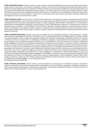 PREFEITURA MUNICIPAL DE CAMPINA GRANDE- PB 25 
CARGO: PROFESSOR DE LIBRAS 2: Compete: propiciar ao surdo, o acesso às informações divulgadas pelos canais de comunicação. Em salas de aula, reuniões sociais e profissionais, cursos, palestras, congressos, seminários e outras formas de ações grupais promovidas pela SEDUC, além de: Viabilizar a educação blíngue-bicultural para portadores de deficiência auditiva por meio de ensino das LIBRAS aos alunos da educação infantil e dos anos inicias do ensino fundamental e da educação de jovens e adultos, como modelos linguísticos e culturais da comunidade surda para os alunos surdos desses níveis de ensino; Ensinar LIBRAS aos educadores das escolas, aos país e familiares de alunos portadores de deficiência auditiva, através de cursos específicos para tal fim; acompanhar e supervisionar as escolas que possuam alunos surdos matriculados, verificando a eficiência de aprendizagem; executar ouras tarefas inerentes ao cargo. 
CARGO: PSICÓLOGO CLÍNICO: Promover e apoiar o acolhimento aos usuários dos serviços de saúde com vistas à humanização da atenção. Discutir e elaborar projetos terapêuticos em reuniões, interconsultas, visitas e outros espaços de cuidado e discussão com as equipes de saúde, promovendo a educação permanente que amplie a capacidade das equipes no cuidado à população, realizando ações multidisciplinares e transdisciplinares, desenvolvendo a responsabilidade compartilhada. Estudar, pesquisar e avaliar o desenvolvimento emocional e os processos mentais e sociais de indivíduos, grupos e instituições, com a finalidade de análise, tratamento, orientação e educação. Diagnosticar e avaliar distúrbios emocionais e mentais e de adaptação social, elucidando conflitos e questões e acompanhando o(s) paciente(s) durante o processo de tratamento ou cura. Desenvolvendo atividades de prevenção, avaliação, tratamento, orientação, educação e acompanhamento dos indivíduos portadores de transtornos psíquicos e emocionais. 
CARGO: SUPERVISOR EDUCACIONAL: Compete: supervisionar as atividades docentes, subsidiando a elaboração, o desenvolvimento e a avaliação do processo ensino aprendizagem, colaborando e orientando os mesmo na consecução dos objetivos da educação, além de: I. Participar e articular a discussão da Proposta Curricular, assegurando a adequação dos objetivos dos conteúdos e das estratégias metodológicas utilizadas II. Acompanhar e subsidiar o professor no processo ensino e aprendizagem, orientando na elaboração e no desenvolvimento dos planos de ensino, sugerindo recursos didáticos, para ter condições de acompanhar o professor em suas dificuldades; III. Construir juntamente com o professor o Planejamento Didático Pedagógico e educacional; IV. Acompanhar sistematicamente o rendimento escolar dos alunos; V. acompanhar e orientar os professores quanto ao correto preenchimento do Diário de Classe no que diz respeito aos registros de aulas, diagnósticos dos alunos, frequência escolar e outros; VII. Discutir e construir junto aos professores uma proposta de avaliação que leve em consideração o desenvolvimento do processo de ensino e aprendizagem; VIII. Acompanhar, monitorar e avaliar o desempenho dos docentes, tendo como foco o processo ensino e aprendizagem dos alunos; IX. Discutir e construir com o professor estratégias que incentivem o hábito de leitura dos alunos; X. elaborar planejamentos de atividades para superar dificuldades apresentadas pelos professores na sua práxis pedagógica; XI. Acompanhar os conteúdos desenvolvidos em sala de aula verificando se os objetivos do Planejamento Didático Pedagógico foram alcançados; XII. Organizar e participar de programas de Formação Continuada para docentes e/ou técnicos; XIII. Proporcionar estudos teóricos quanto às questões políticas, sociais, educacionais, ambientais dentre outras temáticas inerentes ao contexto atual; XIV. Participar ativamente das atividades curriculares da escola; XV. Articular o fluxo de comunicação entre as atividades de coordenação pedagógica e as de orientação educacional. 
XVI. participar de outras atividades afins. 
CARGO: TERAPEUTA OCUPACIONAL: Executar métodos e técnicas terapêuticas e recreacionais com a finalidade de restaurar, desenvolver e conservar a capacidade mental e física do paciente; participar de programas e projetos de habilitação, capacitação e reabilitação e educação em saúde; integrar equipes multiprofissionais / interdisciplinares, objetivando construir projetos terapêuticos individuais e coletivos, dentro de uma proposta de humanização da assistência; executar outras atribuições afins. 
