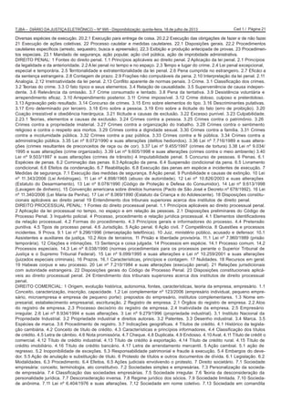 Cad 1 / Página 21TJBA – DIÁRIO DA JUSTIÇA ELETRÔNICO – Nº 995 - Disponibilização: quinta-feira, 18 de julho de 2013
Diversas espécies de execução. 20.2.1 Execução para entrega de coisa. 20.2.2 Execução das obrigações de fazer e de não fazer.
21 Execução de ações coletivas. 22 Processo cautelar e medidas cautelares. 22.1 Disposições gerais. 22.2 Procedimentos
cautelares específicos (arresto, sequestro, busca e apreensão). 22.3 Exibição e produção antecipada de provas. 23 Procedimen-
tos especiais. 23.1 Mandado de segurança, ação popular, ação civil pública, ação de improbidade administrativa.
DIREITO PENAL: 1 Fontes do direito penal. 1.1 Princípios aplicáveis ao direito penal. 2 Aplicação da lei penal. 2.1 Princípios
da legalidade e da anterioridade. 2.2 A lei penal no tempo e no espaço. 2.3 Tempo e lugar do crime. 2.4 Lei penal excepcional,
especial e temporária. 2.5 Territorialidade e extraterritorialidade da lei penal. 2.6 Pena cumprida no estrangeiro. 2.7 Eficáci a
da sentença estrangeira. 2.8 Contagem de prazo. 2.9 Frações não computáveis da pena. 2.10 Interpretação da lei penal. 2.11
Analogia. 2.12 Irretroatividade da lei penal. 2.13 Conflito aparente de normas penais. 3 Crime. 3.1 Classificação dos crimes.
3.2 Teorias do crime. 3.3 O fato típico e seus elementos. 3.4 Relação de causalidade. 3.5 Superveniência de causa indepen-
dente. 3.6 Relevância da omissão. 3.7 Crime consumado e tentado. 3.8 Pena da tentativa. 3.9 Desistência voluntária e
arrependimento eficaz. 3.10 Arrependimento posterior. 3.11 Crime impossível. 3.12 Crime doloso, culposo e preterdoloso.
3.13 Agravação pelo resultado. 3.14 Concurso de crimes. 3.15 Erro sobre elementos do tipo. 3.16 Descriminantes putativas.
3.17 Erro determinado por terceiro. 3.18 Erro sobre a pessoa. 3.19 Erro sobre a ilicitude do fato (erro de proibição). 3.20
Coação irresistível e obediência hierárquica. 3.21 Ilicitude e causas de exclusão. 3.22 Excesso punível. 3.23 Culpabilidade.
2.23.1 Teorias, elementos e causas de exclusão. 3.24 Crimes contra a pessoa. 3.25 Crimes contra o patrimônio. 3.26
Crimes contra a propriedade imaterial. 3.27 Crimes contra a organização do trabalho. 3.28 Crimes contra o sentimento
religioso e contra o respeito aos mortos. 3.29 Crimes contra a dignidade sexual. 3.30 Crimes contra a família. 3.31 Crimes
contra a incolumidade pública. 3.32 Crimes contra a paz pública. 3.33 Crimes contra a fé pública. 3.34 Crimes contra a
administração pública. 3.35 Lei nº 8.072/1990 e suas alterações (delitos hediondos). 3.36 Lei nº 7.716/1989 e suas altera-
ções (crimes resultantes de preconceitos de raça ou de cor). 3.37 Lei nº 9.455/1997 (crimes de tortura) 3.38 Lei nº 9.034/
1995 e suas alterações (crime organizado). 3.39 Lei nº 9.605/1998 e suas alterações (crimes contra o meio ambiente) 3.40
Lei nº 9.503/1997 e suas alterações (crimes de trânsito) 4 Imputabilidade penal. 5 Concurso de pessoas. 6 Penas. 6.1
Espécies de penas. 6.2 Cominação das penas. 6.3 Aplicação da pena. 6.4 Suspensão condicional da pena. 6.5 Livramento
condicional. 6.6 Efeitos da condenação. 6.7 Reabilitação. 6.8 Execução das penas em espécie e incidentes de execução. 7
Medidas de segurança. 7.1 Execução das medidas de segurança. 8 Ação penal. 9 Punibilidade e causas de extinção. 10 Lei
nº 11.343/2006 (Lei Antidrogas). 11 Lei nº 4.898/1965 (abuso de autoridade). 12 Lei nº 10.826/2003 e suas alterações
(Estatuto do Desarmamento). 13 Lei nº 8.078/1990 (Código de Proteção e Defesa do Consumidor). 14 Lei nº 9.613/1998
(Lavagem de dinheiro). 15 Convenção americana sobre direitos humanos (Pacto de São José e Decreto nº 678/1992). 16 Lei
nº 11.340/2006 (Lei Maria da Penha). 17 Lei nº 8.069/1990 (Estatuto da Criança e do Adolescente). 18 Disposições constitu-
cionais aplicáveis ao direito penal 19 Entendimento dos tribunais superiores acerca dos institutos de direito penal.
DIREITO PROCESSUAL PENAL: 1 Fontes do direito processual penal. 1.1 Princípios aplicáveis ao direito processual penal.
2 Aplicação da lei processual no tempo, no espaço e em relação às pessoas. 2.1 Disposições preliminares do Código de
Processo Penal. 3 Inquérito policial. 4 Processo, procedimento e relação jurídica processual. 4.1 Elementos identificadores
da relação processual. 4.2 Formas do procedimento. 4.3 Princípios gerais e informadores do processo. 4.4 Pretensão
punitiva. 4.5 Tipos de processo penal. 4.6 Jurisdição. 5 Ação penal. 6 Ação civil. 7 Competência. 8 Questões e processos
incidentes. 9 Prova. 9.1 Lei nº 9.296/1996 (interceptação telefônica). 10 Juiz, ministério público, acusado e defensor. 10.1
Assistentes e auxiliares da justiça. 10.2 Atos de terceiros. 11 Prisão e liberdade provisória. 11.1 Lei nº 7.960/1989 (prisão
temporária). 12 Citações e intimações. 13 Sentença e coisa julgada. 14 Processos em espécie. 14.1 Processo comum. 14.2
Processos especiais. 14.3 Lei nº 8.038/1990 (normas procedimentais para os processos perante o Superior Tribunal de
Justiça e o Supremo Tribunal Federal). 15 Lei nº 9.099/1995 e suas alterações e Lei nº 10.259/2001 e suas alterações
(juizados especiais criminais). 16 Prazos. 16.1 Características, princípios e contagem. 17 Nulidades. 18 Recursos em geral.
19 Habeas corpus e seu processo. 20 Lei nº 7.210/1984 e suas alterações (execução penal). 21 Relações jurisdicionais
com autoridade estrangeira. 22 Disposições gerais do Código de Processo Penal. 23 Disposições constitucionais aplicá-
veis ao direito processual penal. 24 Entendimento dos tribunais superiores acerca dos institutos de direito processual
penal.
DIREITO COMERCIAL: 1 Origem, evolução histórica, autonomia, fontes, características, teoria da empresa, empresário. 1.1
Conceito, caracterização, inscrição, capacidade. 1.2 Lei complementar nº 123/2006 (empresário individual, pequeno empre-
sário, microempresa e empresa de pequeno porte): prepostos do empresário, institutos complementares. 1.3 Nome em-
presarial, estabelecimento empresarial, escrituração. 2 Registro de empresa. 2.1 Órgãos do registro de empresa. 2.2 Atos
do registro de empresa. 2.3 Processo decisório do registro de empresa. 2.4 Inatividade da empresa. 2.5 Empresário
irregular. 2.6 Lei nº 8.934/1994 e suas alterações. 3 Lei nº 9.279/1996 (propriedade industrial). 3.1 Instituto Nacional da
Propriedade Industrial. 3.2 Propriedade industrial e direitos autorais. 3.2 Patentes. 3.3 Desenho industrial. 3.4 Marca. 3.5
Espécies de marca. 3.6 Procedimento de registro. 3.7 Indicações geográficas. 4 Títulos de crédito. 4.1 Histórico da legisla-
ção cambiária. 4.2 Conceito de título de crédito. 4.3 Características e princípios informadores. 4.4 Classificação dos títulos
de crédito. 4.5 Letra de câmbio. 4.6 Nota promissória. 4.7 Cheque. 4.8 Duplicata. 4.9 Endosso. 4.10 Aval. 4.11 Título de crédit o
comercial. 4.12 Título de crédito industrial. 4.13 Título de crédito à exportação. 4.14 Título de crédito rural. 4.15 Título de
crédito imobiliário. 4.16 Título de crédito bancário. 4.17 Letra de arrendamento mercantil. 5 Ação cambial. 5.1 ação de
regresso. 5.2 Inoponibilidade de exceções. 5.3 Responsabilidade patrimonial e fraude à execução. 5.4 Embargos do deve-
dor. 5.5 Ação de anulação e substituição de título. 6 Protesto de títulos e outros documentos de dívida. 6.1 Legislação. 6.2
Modalidades. 6.3 Procedimento. 6.4 Efeitos. 6.5 Ações judiciais envolvendo o protesto. 7 Direito societário. 7.1 Sociedade
empresária: conceito, terminologia, ato constitutivo. 7.2 Sociedades simples e empresárias. 7.3 Personalização da socieda-
de empresária. 7.4 Classificação das sociedades empresárias. 7.5 Sociedade irregular. 7.6 Teoria da desconsideração da
personalidade jurídica. 7.7 Desconsideração inversa. 7.8 Regime jurídico dos sócios. 7.9 Sociedade limitada. 7.10 Socieda-
de anônima. 7.11 Lei nº 6.404/1976 e suas alterações. 7.12 Sociedade em nome coletivo. 7.13 Sociedade em comandita
 