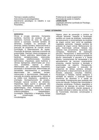 Técnicas e sessão analítica;                                Problemas de saúde ocupacional;
Instrumentos do psicodiagnóstico;                           Prevenção da saúde no trabalho.
Atendimento psicológico no trabalho e sua                   LEGISLAÇÃO
prática clínica;                                            Legislação referente à profissão do Psicólogo;
Psicanálise;                                                Código de Ética


                                            CARGO: VETERINÁRIO

ESPECIFICA                                                  Higiene, plano de prevenção e conduta na
Clinica e cirurgia veterinária. Compostos                   infecção alimentar. Inspeção e fiscalização
sanitários. Controle de produtos de uso                     sanitária em locais de produção, manipulação,
veterinário. Controle de raiva de roedores,                 armazenamento e comercialização de produtos
vetores e zoonoses. Controle sanitário de                   de origem animal, bem como da qualidade.
alimentos. Cuidados         na prevenção de                 Legislação pertinente. Inspeção sanitária de
alimentos. Defesa Sanitária. Desenvolvimento e              produtos de origem animal. Melhoramento do
execução de programas de nutrição animal.                   gado. Inseminação artificial. Seleção das
Formulação e balanceamento de rações.                       espécies mais convenientes. Caracteres mais
Prevenção de doenças, carências e aumento da                vantajosos.    Rendimento       da     exploração
produtividade. Doenças infecto-contagiosas em               pecuária. Planejamento e desenvolvimento de
Saúde Pública veterinária, determinadas por                 campanhas e serviços de fomento e assistência
bactérias:     estreptococciases,      tuberculose,         técnica relacionados á pecuária e à Saúde
pasteurelose,     estafilococciases,     brucelose,         Pública. Levantamentos de necessidade e do
salmonelose, shigueloses, peste bubônica e                  aproveitamento de recursos orçamentários
vibriose leptospirose; determinadas por vírus:              existentes, visando favorecer a sanidade e
raiva,    encefalites,     eqüinas     e     aftosa;        produtividade do rebanho. Planejamento,
determinadas por nematóides: triquinelose,                  organização, supervisão e execução de
ascaridíase e ancilostomíase; determinadas por              programas de defesa sanitária, proteção,
trematóides: esquistossomos e cercarioses;                  aprimoramento e desenvolvimento da pecuária.
determinadas        por     cestóides:     teníase,         Estudos, pesquisas, consultas, relatórios,
cisticercoses e equinococoses. Elaboração e                 fiscalização e métodos, visando assegurar a
execução de projetos agropecuários, referentes              sanidade do rebanho, a produção racional
ao crédito rural. Assessoria , assistência e                econômica de alimentos e a saúde da
orientação. Acompanhamento de projetos.                     comunidade. Procedimentos para avaliação dos
Produção racional lucrativa de alimentos.                   surtos de infecção. Profilaxia das intoxicações e
Dispositivos legais quanto à aplicação dos                  infecções alimentares. Profilaxia, diagnóstico e
recursos. Epidemiologia: conceito e cadeia                  tratamento de doenças de animais. Exames
epidemiológica. Ética Profissional. Exames                  clínicos e de laboratório, visando assegurar a
laboratoriais. Colheita da material e/ou análise            sanidade individual e coletiva dos animais. Vias
anátomo-patológica,                histopatológica,         de Transmissão. Zoonoses: conceituações e
imunológica. Diagnóstico e terapêutica. Fontes              classificação.
de          contaminação.            Fundamentos
microbiológicos.




                                                       23
 