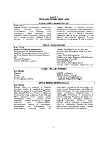 GRUPO II
                                 ATIVIDADES DE NÍVEL MÉDIO – ANM

                                  CARGO: AGENTE ADMINISTRATIVO
ESPECIFICO
Noções de Direito Administrativo. Administração    conceito, requisitos e atributos; anulação,
pública:      princípios   básicos.      Poderes   revogação e convalidação; discricionariedade e
administrativos:     poder   vinculado;    poder   vinculação. Contratos administrativos: conceito e
discricionário;    poder   hierárquico;    poder   características. Lei nº 8.666/93 e alterações.
disciplinar; poder regulamentar; poder de polícia; Servidores públicos: cargo, emprego e função
uso e abuso do poder. Serviços Públicos:           públicos. Administração: Conceito. Funções
conceito e princípios. Ato administrativo:         (planejamento, organização, direção e controle).


                                      CARGO: FISCAL DE OBRAS
ESPECIFICA
Código de Posturas do Município:                         Visita em Estabelecimentos em geral que
Funcionamento de Clubes Recreativos;                     produzam bens, Mercadorias ou serviços para
Horário e Forma de Funcionamento de Bancas               consumo;
de Jornal, Teatros, Circos, Farmácias, Parques,          Função Social da Propriedade;
etc;                                                     Parcelamento, Uso e Ocupação do Solo Urbano;
Comercio Ambulante;                                      Desapropriação e Servidão;
Aferição de Pesos e Medidas;                             Operações Urbanas;
                                                         Infra-Estrutura e Serviços Urbanos;
                                                         Assuntos relativos arquitetura e construção civil.

                                    CARGO: FISCAL DE TRIBUTOS
ESPECIFICA
Impostos;                                                Lei 8666 – Licitações;
Taxas;                                                   Código Tributário Nacional;
Emolumentos;                                             Tributos na Constituição Federal;
Contribuição de Melhoria;                                Legislação Tributária Municipal

                                CARGO: TÉCNICO EM ENFERMAGEM
ESPECIFICO
Noções gerais de anatomia e fisiologia                   enfermagem. Assistência de enfermagem em
humanas. Noções de histologia dos tecidos.               saúde mental. Biossegurança nas Ações de
Epitelial: de revestimento e glandular. Muscular:        Saúde. Conceitos e princípios de assepsia, anti-
liso e estriado. Nervoso. Conjuntivo: substância         sepsia, desinfecção, descontaminação e
fundamental, fibras colágenas, fibras elásticas,         esterilização. Atendimento de emergência e
fibras reticulares, tecido adiposo, tecido               primeiros socorros. Programas de Saúde: pré-
cartilaginoso, tecido e sistema retículo                 natal, puericultura, imunização, hipertensão,
endotelial. Anatomia macroscópica: registro,             diabetes, tuberculose, hanseníase, cólera,
descrição,        cortes,      acondicionamento.         hepatite, dengue, meningite e leptospirose,
Procedimentos técnicos de enfermagem.                    DST/AIDS, adolescentes, prevenção de câncer
Enfermagem          na     administração      de         cérvicouterino e planejamento familiar. Conduta
medicamentos.        Técnicas     básicas     de         ética dos profissionais da área de saúde.




                                                    24
 