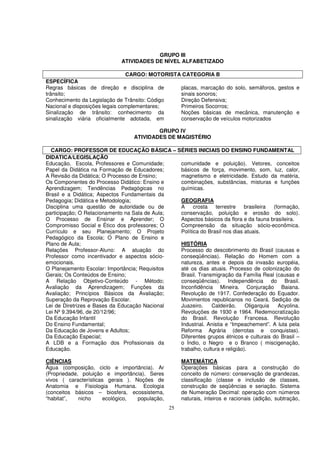 GRUPO III
                             ATIVIDADES DE NÍVEL ALFABETIZADO

                                CARGO: MOTORISTA CATEGORIA B
ESPECÍFICA
Regras básicas de direção e disciplina de       placas, marcação do solo, semáforos, gestos e
trânsito;                                       sinais sonoros;
Conhecimento da Legislação de Trânsito: Código  Direção Defensiva;
Nacional e disposições legais complementares;   Primeiros Socorros;
Sinalização de trânsito: conhecimento da        Noções básicas de mecânica, manutenção e
sinalização viária oficialmente adotada, em     conservação de veículos motorizados

                                          GRUPO IV
                                  ATIVIDADES DE MAGISTÉRIO

  CARGO: PROFESSOR DE EDUCAÇÃO BÁSICA – SÉRIES INICIAIS DO ENSINO FUNDAMENTAL
DIDATICA/LEGISLAÇÃO
Educação, Escola, Professores e Comunidade;     comunidade e poluição). Vetores, conceitos
Papel da Didática na Formação de Educadores;    básicos de força, movimento, som, luz, calor,
A Revisão da Didática; O Processo de Ensino;    magnetismo e eletricidade. Estudo da matéria,
Os Componentes do Processo Didático: Ensino e   combinações, substâncias, misturas e funções
Aprendizagem; Tendências Pedagógicas no         químicas.
Brasil e a Didática; Aspectos Fundamentais da
Pedagogia; Didática e Metodologia;              GEOGRAFIA
Disciplina uma questão de autoridade ou de      A     crosta   terrestre    brasileira  (formação,
participação; O Relacionamento na Sala de Aula; conservação, poluição e erosão do solo).
O Processo de Ensinar e Aprender; O             Aspectos básicos da flora e da fauna brasileira.
Compromisso Social e Ético dos professores; O   Compreensão da situação sócio-econômica.
Currículo e seu Planejamento; O Projeto         Política do Brasil nos dias atuais.
Pedagógico da Escola; O Plano de Ensino e
Plano de Aula;                                  HISTÓRIA
Relações Professor-Aluno: A atuação do          Processo do descobrimento do Brasil (causas e
Professor como incentivador e aspectos sócio-   conseqüências). Relação do Homem com a
emocionais.                                     natureza, antes e depois da invasão européia,
O Planejamento Escolar: Importância; Requisitos até os dias atuais. Processo de colonização do
Gerais; Os Conteúdos de Ensino;                 Brasil. Transmigração da Família Real (causas e
A Relação Objetivo-Conteúdo - Método;           conseqüências). Independência do Brasil.
Avaliação da Aprendizagem; Funções da           Inconfidência Mineira. Conjuração Baiana.
Avaliação; Princípios Básicos da Avaliação;     Revolução de 1917. Confederação do Equador.
Superação da Reprovação Escolar.                Movimentos republicanos no Ceará. Sedição de
Lei de Diretrizes e Bases da Educação Nacional  Juazeiro.     Caldeirão.     Oligarquia   Acyolina.
Lei Nº 9.394/96, de 20/12/96;                   Revoluções de 1930 e 1964. Redemocratização
Da Educação Infantil                            do Brasil. Revolução Francesa. Revolução
Do Ensino Fundamental;                          Industrial. Anistia e “Impeachement”. A luta pela
Da Educação de Jovens e Adultos;                Reforma Agrária (derrotas e conquistas).
Da Educação Especial;                           Diferentes grupos étnicos e culturais do Brasil –
A LDB e a Formação dos Profissionais da         o Índio, o Negro e o Branco ( miscigenação,
Educação.                                       trabalho, cultura e religião).

CIÊNCIAS                                             MATEMÁTICA
Água (composição, ciclo e importância). Ar           Operações básicas para a construção do
(Propriedade, poluição e importância). Seres         conceito de número: conservação de grandezas,
vivos ( características gerais ). Noções de          classificação (classe e inclusão de classes,
Anatomia e Fisiologia Humana. Ecologia               construção de seqüências e seriação. Sistema
(conceitos básicos – biosfera, ecossistema,          de Numeração Decimal: operação com números
“habitat”,   nicho     ecológico,  população,        naturais, inteiros e racionais (adição, subtração,
                                                25
 