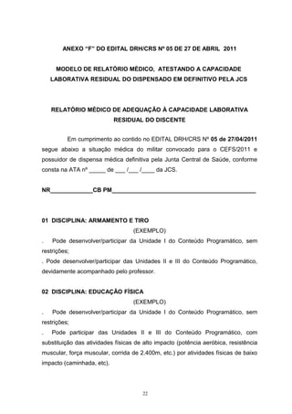 ANEXO “F” DO EDITAL DRH/CRS Nº 05 DE 27 DE ABRIL 2011


     MODELO DE RELATÓRIO MÉDICO, ATESTANDO A CAPACIDADE
    LABORATIVA RESIDUAL DO DISPENSADO EM DEFINITIVO PELA JCS




    RELATÓRIO MÉDICO DE ADEQUAÇÃO À CAPACIDADE LABORATIVA
                            RESIDUAL DO DISCENTE


          Em cumprimento ao contido no EDITAL DRH/CRS Nº 05 de 27/04/2011
segue abaixo a situação médica do militar convocado para o CEFS/2011 e
possuidor de dispensa médica definitiva pela Junta Central de Saúde, conforme
consta na ATA nº _____ de ___ /___ /____ da JCS.


NR_____________CB PM____________________________________________




01 DISCIPLINA: ARMAMENTO E TIRO
                                   (EXEMPLO)
.   Pode desenvolver/participar da Unidade I do Conteúdo Programático, sem
restrições;
. Pode desenvolver/participar das Unidades II e III do Conteúdo Programático,
devidamente acompanhado pelo professor.


02 DISCIPLINA: EDUCAÇÃO FÍSICA
                                   (EXEMPLO)
.   Pode desenvolver/participar da Unidade I do Conteúdo Programático, sem
restrições;
.   Pode participar das Unidades II e III do Conteúdo Programático, com
substituição das atividades físicas de alto impacto (potência aeróbica, resistência
muscular, força muscular, corrida de 2.400m, etc.) por atividades físicas de baixo
impacto (caminhada, etc).




                                      22
 