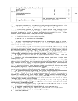 1ª Etapa: Prova Objetiva de Conhecimentos Gerais
           Língua Portuguesa                                                                15                               4.0
           Língua Inglesa                                                                   15                               3.0
03/07/2011 Ciências Humanas                                                                 15                               2.0
           Matemática/Raciocínio Lógico                                                     15                               2.0   5 horas
           Noções de Direito                                                                15                               3.0


                                                                    Serão apresentados 3(três) temas e o candidato           4.0
           2ª Etapa: Prova Discursiva – Redação                     deverá desenvolver apenas um deles.




5.4.      As disciplinas Língua Portuguesa, Língua Inglesa, Ciências Humanas, Matemática/Raciocínio Lógico e Noções
de Direito serão aferidas por meio de questões objetivas de múltipla escolha com 05 (cinco) proposições.

5.5.      A disciplina Redação será aferida, em uma escala de 0 a 10 pontos, mediante questão dissertativa, cujo tema
versará sobre uma ou mais disciplinas/assuntos do Conteúdo Programático contidos no Anexo I, deste Edital, e exigirá a
demonstração da capacidade de expressão do candidato mediante pensamento estruturado, com clareza e correção,
devendo ser construída de modo a permitir a produção de texto a partir de temas propostos.

5.6.     O conteúdo programático está descrito no Anexo I deste Edital.

6.       DA PRESTAÇÃO DO EXAME DE CONHECIMENTOS

6.1.      O Exame de Conhecimentos será realizado no dia 03/07/2011, em Salvador/BA, com abertura dos portões às 7
horas e fechamento às 8 horas (horário local), a ser aplicada nos locais fixados pela COPEVE/UNEB e informados por
meio do Cartão de Convocação do candidato.

6.2.        Somente será admitido à sala de provas o candidato que apresentar o Cartão de Convocação com foto e do
documento que legalmente o identifique, como: carteiras e/ou cédulas de identidade expedidas pelas Secretarias da
Segurança Pública, pelas Forças Armadas, pela Polícia Militar, pelo Ministério das Relações Exteriores, cédulas de
identidade fornecidas por Ordens ou Conselhos de Classe, que, por lei federal, valem como documento de identidade,
como, por exemplo, as carteiras do CRM, CRA, OAB, CRC etc.; Carteira de Trabalho e Previdência Social, bem como a
Carteira Nacional de Habilitação (com fotografia, na forma da Lei Federal n.º 9.503, de 23/09/1997).
6.3.       O documento de identificação deverá estar em perfeitas condições e atualizado, de forma a permitir, com
clareza, a identificação do candidato.
6.3.1.     Considera-se como documento atualizado aquele com data de expedição igual ou inferior a 05 (cinco) anos na
data de realização da prova.
6.3.2.     Caso o candidato esteja impossibilitado de apresentar, no dia de realização das provas, documento de identidade
original, por motivo de perda, roubo ou furto, deverá apresentar documento que ateste o registro da ocorrência em órgão
policial, expedido há, no máximo, 30 (trinta) dias, sendo, então, submetido à identificação especial, compreendendo coleta
de dados, de assinaturas e impressão digital em formulário específico.
6.3.3.     A identificação especial será exigida, também, do candidato cujo documento de identificação gere dúvidas
quanto à fisionomia, à assinatura ou à condição de conservação do documento.
6.3.4.     Como forma de manter a segurança do concurso, a UNEB reserva-se ao direito de solicitar a coleta da
impressão digital, bem como utilizar mecanismos de controle de segurança no dia da aplicação das provas.
6.3.5.     Não será permitido o ingresso do candidato no local de provas portando equipamentos eletrônico, telefone
celular, BIP, walkman, pager, máquina fotográfica, gravador, ou qualquer outro receptor de mensagens.
6.3.6.     Durante a realização das provas, não será permitida espécie alguma de consulta ou comunicação entre os
candidatos, nem a utilização de livros, códigos, manuais, impressos e anotações, máquinas calculadoras (também em
relógios), agendas ou equipamentos eletrônicos ou similares, telefone celular, BIP, walkman, pager, máquina fotográfica,
gravador, ou qualquer outro receptor de mensagens, assim como óculos escuros, bonés ou outros acessórios que encubram
a cabeça, bem como as orelhas ou disfarcem a fisionomia.
6.3.7.     Os candidatos que comparecerem ao local de prova portando arma de fogo deverão dirigir-se ao Posto de
Custódia, a ser instalado no local pela PMBA, para fins de guarda provisória, estritamente durante o período de realização
da prova, mediante a devida emissão de cautela.
6.3.8.     É de responsabilidade do candidato a entrega da Folha de Respostas e Folha de Redação antes de sair da sala de
provas. Caso isso não ocorra, o candidato estará eliminado do concurso.
6.3.9.     O candidato só poderá entregar a prova depois de transcorridas 03 (três) horas do seu início.
6.3.10. O candidato só poderá levar o Caderno de Provas depois de transcorridas 05 (cinco horas) do seu início.
6.3.11. Será atribuída nota zero à Redação que contenha as seguintes restrições:
a)         afastar-se do tema proposto;
 