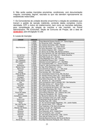25
6. Não serão aceitas inscrições provisórias, condicionais, com documentação
irregular, incompleta, ilegível, rasurada ou que não atendam rigorosamente ao
estabelecido neste Edital.
7. Os Comandantes de unidade deverão encaminhar a relação de candidatos que
tiveram o pedido de isenção indeferido, contendo dados completos (nome,
identidade, CPF e motivo do indeferimento), bem como as inscrições deferidas,
para consolidação da relação de inscritos e não inscritos, via Painel
Administrativo, PA (Crs3/cfsd), Seção de Concurso de Praças, até a data de
22/05/2015, para divulgação no site.
8. Locais de inscrição:
CIDADE UNIDADE ENDEREÇO
Belo Horizonte
1º BPM Praça Marechal Floriano Peixoto, s/nº - Santa Efigênia
5º BPM Av. Amazonas, 6455 – Gameleira
13º BPM Av. Cristiano Guimarães, 2300 – Planalto
16º BPM Rua Tenente Vitorino, 71 – Santa Tereza
22º BPM Av. Arthur Bernardes, 1337 – Santa Lúcia
34º BPM Av. Américo Vespúcio, 2391 – Caiçara
41º BPM Av. Afonso Vaz de Melo, 465, Barreiro de Baixo
49º BPM Av. Érico Veríssimo, 561 São João Batista (venda Nova)
Juiz de Fora 2º BPM Rua Tenente Luiz de Freitas, s/nº – Santa Terezinha
Diamantina 3º BPM Rua Pedro Duarte, s/nº – Romana
Uberaba 4º BPM Praça Magalhães Pinto, 530 – Fabrício.
Gov. Valadares 6º BPM Rua Marechal Floriano, 2441 - Lourdes.
Bom Despacho 7º BPM Alameda Coronel Fulgêncio, s/nº – Vila Militar.
Lavras 8º BPM Av. Comandante Nélio, 111 – Jardim Floresta.
Barbacena 9º BPM Praça Dr. João Guimarães Rosa, s/nº – Santa Cecília.
Montes Claros 10º BPM Av. Dep. Plínio Ribeiro s/nº - Cintra
Manhuaçu 11º BPM Rua Sentinela do Caparaó, nº 1 – São Jorge
Passos 12º BPM Rua Dr. Carvalho, 1650 – Belo Horizonte
Ipatinga 14º BPM Rua Gaivotas, 662 – Vila Celeste .
Patos de Minas 15º BPM Av. Comandante Vicente Torres, 450, Céu Azul.
Uberlândia 17º BPM Av. Ubiratan Honório Castro, 291 – Santa Mônica.
Contagem 18º BPM Av. João César de Oliveira, 5400 – Jardim Marrocos
Teófilo Otoni 19º BPM Rua Helmut Neumann, 100 - São Jacinto.
Pouso Alegre 20º BPM Av. Aeroporto, 02 – São Cristovão.
Ubá 21º BPM Rua Farmacêutico José R. Andrade, 555 – São Sebastião.
Divinópolis 23º BPM Rua Mato Grosso, s/nº – Afonso Pena.
Varginha 24º BPM Av. Celina Ferreira Otoni, 3655 – Sion.
Sete Lagoas 25º BPM Rua Luzia Miranda dos Santos, 125 – São Pedro.
Itabira 26º BPM Rua Sérgio Elsemberg, 250 – Fênix.
Unaí 28º BPM Rua Virgílio Justiniano Ribeiro, 488 – Centro.
Poços de Caldas 29º BPM Rua Amâncio Mazaropi, 195 – Estância São José.
Januária 30º BPM Praça dos Pescadores, 190 – Centro
Conselheiro Lafaiete 31º BPM Av. Monsenhor Moreira, 555 - São Sebastião.
Betim 33º BPM Rua Conceição Costa Lima, 3236 – Angola
Santa Luzia 35º BPM Praça Acácia Nunes da Costa, 62 – Frimisa
Vespasiano 36º BPM Rua São Paulo, 295 – Célvia
Araxá 37º BPM Av. Ten Cel Hermenegildo Magalhães, 100 – Jardim Natália
São João Del Rei 38º BPM Av. Leite de Castro, 1277 – Fábricas
Contagem 39º BPM Rua Tiradentes, 2.700, Bairro Amazonas
Ribeirão das Neves 40º BPM Praça 21 de abril, 35 – Esplanada
Curvelo 42º BPM BR 259, Km 05 – Santa Rita
Almenara 44º BPM Eixo Rodoviário, 83 A – Cidade Nova
Paracatu 45º BPM Rua Frei Anselmo, 435 – Lavrado
Patrocínio 46º BPM Av. João Alves do Nascimento, 1936 - Centro
Muriaé 47º BPM Rua José de Freitas Lima, 01 – Safira
Ibirité 48º BPM Avenida Marechal Hermes, 282 Durval de Barros
Montes Claros 50º BPM Rua Major Alexandre Rodrigues, 243 – Ibituruna
 