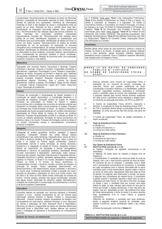 20        4ª feira | 19/Dez/2012 - Edição nº 8862

complexidade. Reconhecimentos da finalidade de textos de diferentes         Lei nº 8.069/90: Parte geral: Título I Das Disposições Preliminares.
gêneros. Localização de informações explícitas no texto. Inferência de      Título II Dos Direitos Fundamentais: Do Direito à Vida e à Saúde. Do
sentido de palavras e/ou expressões. Inferência de informações              Direito à Liberdade, ao Respeito e à Dignidade. Do Direito à
implícitas no texto e das relações de causa e conseqüência entre as         Convivência Familiar e Comunitária. Do Direito à Educação, à Cultura,
partes de um texto. Distinção de fato e opinião sobre esse fato.            ao Esporte e ao Lazer. Do Direito à Profissionalização e à Proteção no
Interpretação de linguagem não-verbal (tabelas, fotos, quadrinhos           Trabalho. Título III Da Prevenção: Dos Produtos e Serviços. Da
etc.). Reconhecimentos das relações lógico-discursivas presentes no         Autorização para Viajar. Parte Especial: Título III Da Prática de Ato
texto,    marcadas     por    conjunções,    advérbios,    preposições      Infracional: Dos Direitos Individuais. Das garantias processuais. Das
argumentativas, locuções etc. Reconhecimento das relações entre             Medidas Sócioeducativas. Título IV Das Medidas Pertinentes aos Pais
partes de um texto, identificando repetições ou substituições que           ou Responsável. Título V Do Conselho Tutelar: Disposições Gerais.
contribuem para sua continuidade. Identificação de efeitos de ironia ou     Das Atribuições do Conselho.
humor em textos variados. Reconhecimento de efeitos de sentido
decorrentes do uso de pontuação, da exploração de recursos                  Atualidades
ortográficos e/ou morfossintáticos, de campos semânticos, e de outras
                                                                            Noções gerais sobre temas da vida econômica, política e cultural do
notações. Identificação de diferentes estratégias que contribuem para
                                                                            Paraná, do Brasil e do Mundo. O debate sobre as políticas públicas
a continuidade do texto (anáforas, pronomes relativos, demonstrativos
                                                                            para o meio ambiente, saúde, educação, trabalho, segurança,
etc.). Compreensão de estruturas temática e lexical complexas.
                                                                            assistência social e juventude. Ética e Cidadania. Aspectos relevantes
Ambiguidade e paráfrase. Relação de sinonímia entre uma expressão
                                                                            das relações entre os Estados e Povos.
vocabular complexa e uma palavra.
Matemática

Operações com números inteiros, fracionários e decimais. Frações            AN E X O I I I D O E D I TA L D E C O N C U R S O
ordinárias e decimais. Conjunto e funções. Progressões aritméticas e               P Ú B L I C O N º 11 0 7 / 2 0 1 2
geométricas. Logaritmos. Porcentagem e juros. Razões e proporções.          D O E X AM E D E C APAC I D AD E F Í S I C A -
Medidas de tempo. Equações de primeiro e segundo grau; sistemas                    E C A F I
de equações. Sistema de medidas de tempo, sistema métrico decimal,
sistema monetário brasileiro. Relações trigonométricas. Formas
geométricas básicas. Perímetro, área e volume de figuras
geométricas. Gráficos e tabelas. Porcentagem. Regra de três simples         1.       Deve-se entender como Exame de Capacidade Física a
e composta. Cálculo Proposicional. Lógica de1ª ordem. Raciocínio                     realização de um conjunto de provas, compostas de
Lógico. Resolução de problemas.                                                      exercícios físicos que avaliem parâmetros de força,
                                                                                     coordenação e equilíbrio dinâmico e ou flexibilidade, potência
História                                                                             muscular, capacidade aeróbica, anaeróbica e velocidade,
                                                                                     sendo o candidato capaz de cumprir com habilidade o que lhe
Processo de construção e emancipação da Nação brasileira e a                         é proposto obtendo pelo menos índices mínimos aceitáveis
construção do estado democrático; a Constituição Brasileira e a                      em cada prova e permitindo ainda classificar o estado físico,
conquista da cidadania; formação política do Estado do Paraná.                       no momento da execução dos testes, em APTO ou INAPTO.
Processo de colonização do Estado do Paraná e regiões
circunvizinhas com a avaliação dos encontros de distintas culturas que      2.       O Exame de Capacidade Física (ECAFI), masculino e
resultaram na formação étnico-cultural presente no Estado. Processo                  feminino, é constituído do Teste de Suficiência Física (TSF).
de formação das Forças Armadas no Brasil - do Império à República;          2.1      No TSF o candidato deverá atingir a pontuação mínima de 11
participação das forças armadas brasileiras em conflitos internacionais;             (pontos), na soma dos pontos das três provas, sob pena de
participação da Polícia Militar do Estado do Paraná em conflitos                     inaptidão.
históricos. Processo de globalização mundial e a inserção do Brasil no
mundo do trabalho globalizado; formação de blocos econômicos na             3.       O Exame de Capacidade Física, de caráter eliminatório, é
América Latina e no mundo. Processo de formação cultural no Brasil e                 assim constituído:
no mundo; movimentos sociais e reivindicatórios; movimentos                 3.1      Teste de Suficiência Física Masculino:
artísticos e religiosos.                                                             a) Shuttle run;
Geografia                                                                            b) Tração em barra fixa; e
                                                                                     c) Corrida de 2.400 metros.
Categorias de análise geográfica: território, paisagem e espaço
geográfico. Cartografia: utilidade das cartas básicas (bases                3.2      Teste de Suficiência Física Feminino:
cartográficas) e das cartas temáticas. Geografia física: climas da Terra,            a) Shuttle run;
do Brasil e dinâmica climática do Paraná; geologia, relevo e solos do                b) Isometria em barra fixa; e
Brasil e do estado do Paraná; águas continentais; oceanos:                           c) Corrida de 2.400 metros.
produtividade marinha e mares territoriais; os biomas terrestres,           4.       Dos Testes de Suficiência Física:
brasileiros e a vegetação do estado do Paraná. Geografia humana:            4.1      SHUTTLE RUN (corrida de ir e vir)
fatores de crescimento da população e teorias demográficas;                          a) Objetivo: Avaliação da agilidade neuromotora e da
distribuição e estrutura da população brasileira; diversidade étnica                 velocidade.
mundial; nacionalismo e separatismo; urbanização, redes urbanas,                     b) Material: 02 (dois) tacos de madeira e espaço livre de
hierarquia das cidades; migrações internacionais e migrações internas.               obstáculos.
Geografia econômica e política: atividades agropecuárias e sistemas                  c) Procedimento: O candidato (a) coloca-se atrás do local da
agrários no Paraná, no Brasil e no mundo; atividades industriais no                  largada, com o pé o mais próximo possível da linha de saída.
Paraná, no Brasil e no mundo; os blocos econômicos, a                                Ao comando de voz do avaliador, o candidato inicia o teste
multipolaridade mundial; o comércio mundial; as fontes de energia e a                com o acionamento concomitante do cronômetro. O candidato
produção de energia. Países capitalistas desenvolvidos, em                           em ação simultânea corre à máxima velocidade até os tacos
desenvolvimento e não desenvolvidos; países socialistas; o terrorismo                colocados após a linha demarcatória, pegaum deles e retorna
no mundo atual. Problemas ambientais: erosão e poluição dos solos;                   ao ponto de onde partiu, depositando esse taco atrás da linha
poluição da atmosfera e alterações do clima local (clima urbano, ilha                de partida. Em seguida, sem interromper a corrida, vai buscar
de calor) e do clima da Terra (efeito estufa, destruição da camada de                o segundo taco, procedendo da mesma forma. O cronômetro
ozônio, (chuvas ácidas); poluição das águas (eutrofização, poluição                  é parado quando o candidato deposita o último taco no solo e
das águas doces); destruição da cobertura vegetal, desmatamento;                     ultrapassa com pelo menos um dos pés a linha final. Ao pegar
unidades de conservação e a preservação dos ecossistemas e da flora                  ou deixar o taco, o candidato terá que cumprir uma regra
e da fauna brasileira e paranaense.                                                  básica do teste, ou seja, transpor pelo menos um dos pés as
Informática                                                                          linhas que limitam o espaço demarcado. O taco não deve ser
                                                                                     jogado, mas sim, depositado ao solo, não podendo ficar sobre
Conceitos básicos de operação com arquivos utilizando o Windows                      as linhas demarcatórias. A linha de saída e os tacos deverão
Explorer e Linux. Noções consistentes de uso de Internet para                        estar equidistantes 9,14 m (nove metros e quatorze
informação (Internet Explorer e Mozilla Firefox) e comunicação                       centímetros).
(Microsoft - Outlook Express). Noções consistentes de trabalho com                   d)Número de Tentativas: o candidato terá duas tentativas,
computadores em rede interna, ambiente Windows e Linux. Recursos                     sendo a segunda tentativa opcional do candidato, para
de escrita e editoração de texto (Microsoft Word e OpenOffice).                      realizar o exercício, sendo considerado válido o seu melhor
Recursos de cálculo e organização de dados em planilhas eletrônicas                  tempo.
(Microsoft Excel e OpenOffice calc). Noções básicas (de usuário)                     e)Tempo de execução: conforme a Tabela 4.1.
sobre a instalação de aplicativos e funcionamento de computadores
pessoais.
                                                                            TABELA 4.1: SHUTTLE RUN (corrida de ir e vir)
Estatuto da criança e do adolescente
                                                                             SHUTTLE RUN (medido em segundos e décimos de segundos)
 