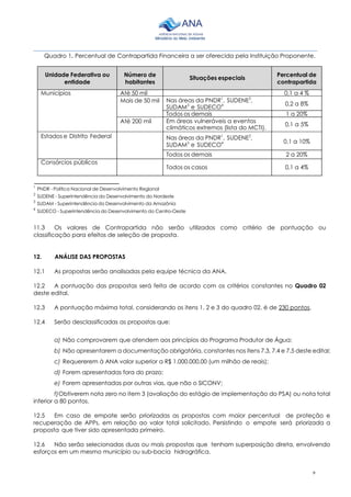 9
________________________________________________________________________________________
Quadro 1. Percentual de Contrapartida Financeira a ser oferecida pela Instituição Proponente.
Unidade Federativa ou
entidade
Número de
habitantes
Situações especiais
Percentual de
contrapartida
Municípios Até 50 mil 0,1 a 4 %
Mais de 50 mil Nas áreas da PNDR1
, SUDENE2
,
SUDAM3
e SUDECO4 0,2 a 8%
Todos os demais 1 a 20%
Até 200 mil Em áreas vulneráveis a eventos
climáticos extremos (lista do MCTI).
0,1 a 5%
Estados e Distrito Federal Nas áreas da PNDR1
, SUDENE2
,
SUDAM3
e SUDECO4 0,1 a 10%
Todos os demais 2 a 20%
Consórcios públicos
Todos os casos 0,1 a 4%
1
PNDR - Política Nacional de Desenvolvimento Regional
2
SUDENE - Superintendência do Desenvolvimento do Nordeste
3
SUDAM - Superintendência do Desenvolvimento da Amazônia
4
SUDECO - Superintendência do Desenvolvimento do Centro-Oeste
11.3 Os valores de Contrapartida não serão utilizados como critério de pontuação ou
classificação para efeitos de seleção de proposta.
12. ANÁLISE DAS PROPOSTAS
12.1 As propostas serão analisadas pela equipe técnica da ANA.
12.2 A pontuação das propostas será feita de acordo com os critérios constantes no Quadro 02
deste edital.
12.3 A pontuação máxima total, considerando os itens 1, 2 e 3 do quadro 02, é de 230 pontos.
12.4 Serão desclassificadas as propostas que:
a) Não comprovarem que atendem aos princípios do Programa Produtor de Água;
b) Não apresentarem a documentação obrigatória, constantes nos itens 7.3, 7.4 e 7.5 deste edital;
c) Requererem à ANA valor superior a R$ 1.000.000,00 (um milhão de reais);
d) Forem apresentadas fora do prazo;
e) Forem apresentadas por outras vias, que não o SICONV;
f)Obtiverem nota zero no item 3 (avaliação do estágio de implementação do PSA) ou nota total
inferior a 80 pontos.
12.5 Em caso de empate serão priorizadas as propostas com maior percentual de proteção e
recuperação de APPs, em relação ao valor total solicitado. Persistindo o empate será priorizada a
proposta que tiver sido apresentada primeiro.
12.6 Não serão selecionadas duas ou mais propostas que tenham superposição direta, envolvendo
esforços em um mesmo município ou sub-bacia hidrográfica.
 