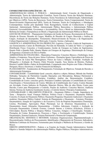CONHECIMENTOS ESPECÍFICOS – P2
ADMINISTRAÇÃO GERAL E PÚBLICA – Administração Geral: Conceito de Organização e
Administração; Teoria da Administração Científica; Teoria Clássica; Teoria das Relações Humanas;
Decorrências da Teoria das Relações Humanas; Teoria Neoclássica de Administração; Administração
por Objetivos (APO); Teoria da Burocracia; Teoria Estruturalista; Teoria Comportamental; Teoria do
Desenvolvimento Organizacional (DO); Teoria de Sistemas; Teoria da Contingência; e Abordagem
Contemporânea: Gestão pela Qualidade Total, Reengenharia, Gestão do Conhecimento e Capital
Intelectual. Administração Pública: Administração Pública Burocrática x Administração Pública
Gerencial; Governabilidade, Governança e Accountability; Ética e Moral na Administração Pública;
Reforma do Estado e Transparência no Brasil; e Organização da Administração Pública no Brasil.
GESTÃO DE PESSOAS – Planejamento Estratégico de Gestão de Pessoas; Recrutamento de Pessoas;
Seleção de Pessoas; Desenho de Cargos; Modelos de Desenho de Cargos; Descrição e Análise de
Cargos; Avaliação de desempenho; Treinamento; Desenvolvimento de Pessoas e de Organizações;
Cultura Organizacional; Liderança e Motivação: Conceito, Teorias e Aplicações.
LOGÍSTICA E ADMINISTRAÇÃO DA PRODUÇÃO: Logística: Conceito, Cadeia de Suprimento e
seu Gerenciamento; Canais de Distribuição; Previsão da Demanda; A Cadeia de Valor e a Logística;
Distribuição Física: Conceitos e Condicionantes; Gestão de Estoques na Cadeia de Suprimentos;
Quanto Pedir e Quando Pedir; Quanto Manter em Estoques de Segurança: Determinação do Estoque
de Segurança e Estimativa do Desvio-Padrão.
ADMINISTRAÇÃO FINANCEIRA - Matemática Financeira: Conceitos Básicos e Simbologia; Juros
Simples e Compostos; Taxas de juros; Séries Uniformes - Prestações Iguais; Equivalência de Fluxos de
Caixa; Fluxos de Caixa Não Homogêneos; Fluxos de Caixa e Inflação; Avaliação: Avaliação de
Obrigações e Avaliação de Projetos (Valor Presente Líquido, Taxa Interna de Retorno, Payback,
Retorno Contábil Médio e Índice de Rentabilidade, Comparação entre Projetos com Vidas e Montantes
Desiguais, Risco e Incerteza); e Análise Financeira de Balanços.
PLANEJAMENTO - Fundamentos do Planejamento; Formulação de Objetivos; Tomada de Decisão; e
Administração Estratégica.
CONTABILIDADE - Contabilidade Geral: conceito, objetivo e objeto; Balanço; Método das Partidas
Dobradas; Variações do Patrimônio Líquido; Operações com Mercadorias; Balanço Patrimonial e
Demonstração de Resultado; Princípios Contábeis; Análise das Demonstrações Contábeis;
Contabilidade de Custos: conceitos gerais; Princípios Contábeis Aplicados à Contabilidade de Custos;
Classificações e Nomenclaturas de Custos; Métodos de Contabilização dos Custos; Custeio Baseado
em Atividade; Custos Indiretos de Produção; Materiais Diretos; Mão de obra Direta; Custos para
Decisão; Custos para Planejamento e Controle; Noções de Auditoria: Conceitos Básicos; Auditoria
Interna; Normas de Auditoria Geralmente Aceitas; e Controle Interno: Princípios Fundamentais.
CONTABILIDADE E ORÇAMENTO PÚBLICOS - Orçamento Público e Estado: Importância do
Tema - Perspectiva Atual; Finanças Públicas; Política Fiscal e Orçamento; Orçamento Público:
Conceito; Evolução do Orçamento Público; Orçamento-Programa; Orçamento tradicional x Orçamento
moderno; Orçamento Público Federal: Sistema de Planejamento e Orçamento – Estrutura; Princípios
Orçamentários; Atuação do Legislativo e do Executivo; Ciclo da Proposta Orçamentária (Tramitação,
Limites, Prioridades, Aprovação); Plano Plurianual; Lei de Diretrizes Orçamentárias e Lei
Orçamentária Anual; Alterações Orçamentárias - Créditos Adicionais; Controle e Avaliação da
Execução Orçamentária: Controle Externo, Controle Interno e Critérios (Eficiência, Eficácia e
Efetividade); Receita Pública e Despesa Pública: Conceitos, Estágios e Classificação; Tomadas e
Prestações de Contas: Responsáveis, Processos e Tipos; e Escrituração e Contabilização: Sistema
Orçamentário, Sistema Financeiro, Sistema Patrimonial e Sistema de Compensação.
ORGANIZAÇÃO, SISTEMAS E MÉTODOS: Estruturas Organizacionais; Departamentalização e
Descentralização; Gráficos de Processamento; Identificação e Mapeamento de Processos; Indicadores;
Melhorias Contínuas de Processos; Ferramentas para Avaliação e Melhoria de Processos; e Gestão de
Riscos.
DIREITO ADMINISTRATIVO - Poderes e as Funções do Estado; Função Administrativa; Sentido
Objetivo e Sentido Subjetivo da Administração Pública; Órgãos Públicos; Princípios Administrativos;
 