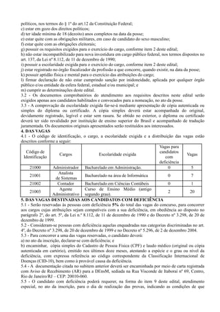 políticos, nos termos do § 1º do art.12 da Constituição Federal;
c) estar em gozo dos direitos políticos;
d) ter idade mínima de 18 (dezoito) anos completos na data da posse;
e) estar quite com as obrigações militares, em caso de candidato do sexo masculino;
f) estar quite com as obrigações eleitorais;
g) possuir os requisitos exigidos para o exercício do cargo, conforme item 2 deste edital;
h) não estar incompatibilizado para nova investidura em cargo público federal, nos termos dispostos no
art. 137, da Lei nº 8.112, de 11 de dezembro de 1990;
i) possuir a escolaridade exigida para o exercício do cargo, conforme item 2 deste edital;
j) estar registrado no órgão fiscalizador da profissão a que concorre, quando existir, na data da posse;
k) possuir aptidão física e mental para o exercício das atribuições do cargo;
l) firmar declaração de não estar cumprindo sanção por inidoneidade, aplicada por qualquer órgão
público e/ou entidade da esfera federal, estadual e/ou municipal; e
m) cumprir as determinações deste edital.
3.2 - Os documentos comprobatórios do atendimento aos requisitos descritos neste edital serão
exigidos apenas aos candidatos habilitados e convocados para a nomeação, no ato da posse.
3.3 - A comprovação da escolaridade exigida far-se-á mediante apresentação de cópia autenticada ou
simples do diploma ou certificado. A cópia simples deverá estar acompanhada do original,
devidamente registrado, legível e estar sem rasura. Se obtido no exterior, o diploma ou certificado
deverá ter sido revalidado por instituição de ensino superior do Brasil e acompanhado de tradução
juramentada. Os documentos originais apresentados serão restituídos aos interessados.
4. DAS VAGAS
4.1 - O código de identificação, o cargo, a escolaridade exigida e a distribuição das vagas estão
descritos conforme a seguir:
Código de
Identificação
Cargos Escolaridade exigida
Vagas para
candidatos
com
deficiência
Vagas
21000 Administrador Bacharelado em Administração. 0 5
21001
Analista
de Sistemas
Bacharelado na área de Informática 0 7
21002 Contador Bacharelado em Ciências Contábeis 0 1
21003
Agente
Administrativo
Curso de Ensino Médio (antigo
segundo grau).
2 20
5. DAS VAGAS DESTINADAS AOS CANDIDATOS COM DEFICIÊNCIA
5.1 - Serão reservadas às pessoas com deficiência 5% do total das vagas do concurso, para concorrer
aos cargos cujas atribuições sejam compatíveis com a sua deficiência, em obediência ao disposto no
parágrafo 2º, do art. 5º, da Lei n.º 8.112, de 11 de dezembro de 1990 e do Decreto nº 3.298, de 20 de
dezembro de 1999.
5.2 - Consideram-se pessoas com deficiência aquelas enquadradas nas categorias discriminadas no art.
4º, do Decreto nº 3.298, de 20 de dezembro de 1999 e no Decreto nº 5.296, de 2 de dezembro 2004.
5.3 - Para concorrer a uma das vagas reservadas, o candidato deverá:
a) no ato da inscrição, declarar-se com deficiência; e
b) encaminhar, cópia simples do Cadastro de Pessoa Física (CPF) e laudo médico (original ou cópia
autenticada em cartório), emitido nos últimos doze meses, atestando a espécie e o grau ou nível da
deficiência, com expressa referência ao código correspondente da Classificação Internacional de
Doenças (CID-10), bem como à provável causa da deficiência.
5.4 - A documentação citada no subitem anterior deverá ser encaminhada por meio de carta registrada
com Aviso de Recebimento (AR) para a DEnsM, sediada na Rua Visconde de Itaboraí nº 69, Centro,
Rio de Janeiro/RJ – CEP: 20010-060.
5.5 - O candidato com deficiência poderá requerer, na forma do item 9 deste edital, atendimento
especial, no ato da inscrição, para o dia de realização das provas, indicando as condições de que
 