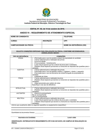 MINISTÉRIO DA EDUCAÇÃO
Secretaria de Educação Profissional e Tecnológica
Instituto Federal de Educação, Ciência e Tecnologia do Piauí
EDITAL N°. 92, de 14 de outubro de 2016.
_____________________________________________________________________________________________________
IFPI – EXAME CLASSIFICATÓRIO/2017-1 Página 57 de 65
ANEXO VI – REQUERIMENTO DE ATENDIMENTO ESPECIAL
NOME DO CANDIDATO TELEFONE:
CURSO: INSCRIÇÃO CPF:
CAMPUS/CIDADE DA PROVA NOME DA DEFICIÊNCIA (CID)
SOLICITO CONDIÇÕES ESPECIAIS PARA REALIZAÇÃO DA PROVA, CONFORME NECESSIDADE(S)
ASSINALADA(S) ABAIXO:
TIPO DE DEFICIÊNCIA CONDIÇÕES
VISUAL ( ) Permissão para o uso do sorobã ou ábaco de propriedade do candidato
( ) Tempo adicional para a realização das provas
( ) Prova em Braille
( ) Prova ampliada – fonte/tamanho: _____________________
( ) Ledor (fiscal especial que faz a leitura da prova para o candidato)
( ) Redator (fiscal especial que escreve ou transcreve as respostas das questões para o
candidato
AUDITIVA ( ) Tempo adicional para a realização das provas
( ) Permissão para o uso de aparelho auditivo ( ) bilateral ( ) direito ( ) esquerdo
( ) Permissão para o uso de dicionários de Libras/Português de propriedade do
candidato
( ) Intérprete de Libras
FÍSICA ( ) Tempo adicional para a realização da prova
( ) Redator (fiscal especial que escreve ou transcreve as respostas das questões para o
candidato)
( ) Mesa apropriada para cadeira de rodas
Especifique o seu tipo de deficiência:
_____________________________________________________
INTELECTUAL ( ) Tempo adicional para a realização das provas
( ) Redator (fiscal especial que escreve ou transcreve as respostas das questões para o
candidato)
LACTANTES ( ) Nome do acompanhante:
RG do acompanhante:
CPF do acompanhante:
MÚLTIPLA ( ) Tempo adicional para a realização das provas
( ) Ledor (fiscal especial que faz a leitura da prova para o candidato)
( ) Redator (fiscal especial que escreve ou transcreve as respostas das questões para o
candidato)
Informo que usualmente utilizo os seguintes aparelhos ou equipamentos (especificar):
Quantidade de documentos Anexos: __________
Assinatura do Candidato Local e data
OBSERVAÇÃO: ENTREGAR ESTE REQUERIMENTO ATÉ O DIA 09/12/2016, NO CAMPUS DE REALIZAÇÃO DA
PROVA.
 