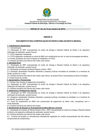 MINISTÉRIO DA EDUCAÇÃO
Secretaria de Educação Profissional e Tecnológica
Instituto Federal de Educação, Ciência e Tecnologia do Piauí
EDITAL N°. 92, de 14 de outubro de 2016.
_____________________________________________________________________________________________________
IFPI – EXAME CLASSIFICATÓRIO/2017-1 Página 62 de 65
ANEXO X
DOCUMENTO PARA COMPROVAÇÃO DE RENDA FAMILIAR BRUTA MENSAL
1. Trabalhadores Assalariados
1.1. Contracheques;
1.2. Declaração de IRPF acompanhada do recibo de entrega à Receita Federal do Brasil e da respectiva
notificação de restituição, quando houver;
1.3. CTPS registrada e atualizada;
1.4. CTPS registrada e atualizada ou carnê do INSS com recolhimento em dia, no caso de empregada doméstica;
1.5. Extrato atualizado da conta vinculada do trabalhador no FGTS;
1.6. Extratos bancários dos últimos três meses, pelo menos.
2. Atividade Rural
2.1. Declaração de IRPF acompanhada do recibo de entrega à Receita Federal do Brasil e da respectiva
notificação de restituição, quando houver;
2.2. Declaração de Imposto de Renda Pessoa Jurídica - IRPJ;
2.3. Quaisquer declarações tributárias referentes a pessoas jurídicas vinculadas ao candidato ou a membros da
família, quando for o caso;
2.4. Extratos bancários dos últimos três meses, pelo menos, da pessoa física e das pessoas jurídicas vinculadas;
2.5. Notas fiscais de vendas.
3. Aposentados e Pensionistas
3.1. Extrato mais recente do pagamento de benefício;
3.2. Declaração de IRPF acompanhada do recibo de entrega à Receita Federal do Brasil e da respectiva
notificação de restituição, quando houver;
3.3. Extratos bancários dos últimos três meses, pelo menos.
4. Autônomos e Profissionais Liberais
4.1. Declaração de IRPF acompanhada do recibo de entrega à Receita Federal do Brasil e da respectiva
notificação de restituição, quando houver;
4.2. Quaisquer declarações tributárias referentes a pessoas jurídicas vinculadas ao candidato ou a membros de
sua família, quando for o caso;
4.3. Guias de recolhimento ao INSS com comprovante de pagamento do último mês, compatíveis com a
renda declarada;
4.4. Extratos bancários dos últimos três meses.
5. Rendimentos de Aluguel ou Arrendamento de Bens Móveis e Imóveis
5.1. Declaração de Imposto de Renda Pessoa Física - IRPF acompanhada do recibo de entrega à Receita Federal
do Brasil e da respectiva notificação de restituição, quando houver;
5.2. Extratos bancários dos últimos três meses, pelo menos;
5.3. Contrato de locação ou arrendamento devidamente registrado em cartório acompanhado dos três últimos
comprovantes de recebimentos.
 