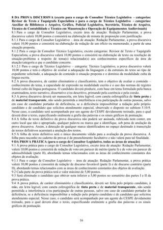 16
8 DA PROVA DISCURSIVA (exceto para o cargo de Consultor Técnico Legislativo – categorias:
Revisor de Texto e Taquígrafo Especialista e para o cargo de Técnico Legislativo – categorias:
Auxiliar de Biblioteca e Arquivo, Gráfico, Policial Legislativo, Secretário, Técnico de Arquivo,
Técnico de Contabilidade e Técnico em Manutenção e Operação de Equipamentos Audiovisuais)
8.1 Para o cargo de Consultor Legislativo, exceto área de atuação: Redação Parlamentar, a prova
discursiva valerá 10,00 pontos e consistirá na elaboração de minuta de proposição com justificação.
8.1.1 Para o cargo de Consultor Legislativo – área de atuação: Redação Parlamentar, a prova discursiva
valerá 10,00 pontos e consistirá na elaboração de redação de um ofício ou memorando, a partir de uma
situação proposta.
8.1.2 Para o cargo de Consultor Técnico Legislativo, exceto categorias: Revisor de Texto e Taquígrafo
Especialista, a prova discursiva valerá 10,00 pontos e consistirá na elaboração de texto ou resolução de
situação-problema a respeito de tema(s) relacionado(s) aos conhecimentos específicos da área de
atuação/categoria a que o candidato concorre.
8.1.2.1 Para o cargo de Técnico Legislativo – categoria: Técnico Legislativo, a prova discursiva valerá
10,00 pontos e terá o objetivo de avaliar a adequação da linguagem e da estrutura do texto ao tipo de
expediente solicitado, a adequação do conteúdo à situação proposta e o domínio da modalidade culta da
língua escrita.
8.2 A prova discursiva, de caráter eliminatório e classificatório, tem o objetivo de avaliar o conteúdo –
conhecimento do tema, a capacidade de expressão na modalidade escrita e o uso das normas do registro
formal culto da língua portuguesa. O candidato deverá produzir, com base em tema formulado pela banca
examinadora, texto narrativo, dissertativo e/ou descritivo, primando pela coerência e pela coesão.
8.3 A prova discursiva deverá ser manuscrita, em letra legível, com caneta esferográfica de tinta preta e
de material transparente, não sendo permitida a interferência e/ou participação de outras pessoas, salvo
em caso de candidato portador de deficiência, se a deficiência impossibilitar a redação pelo próprio
candidato e de candidato que solicitou atendimento especial, observado o disposto no subitem 5.10.9.
Nesse caso, o candidato será acompanhado por um agente do CESPE devidamente treinado, para o qual
deverá ditar o texto, especificando oralmente a grafia das palavras e os sinais gráficos de pontuação.
8.4 A folha de texto definitivo da prova discursiva não poderá ser assinada, rubricada nem conter, em
outro local que não o apropriado, qualquer palavra ou marca que a identifique, sob pena de anulação da
prova discursiva. Assim, a detecção de qualquer marca identificadora no espaço destinado à transcrição
de textos definitivos acarretará a anulação dos textos.
8.5 A folha de texto definitivo será o único documento válido para a avaliação da prova discursiva. A
folha para rascunho no caderno de provas é de preenchimento facultativo e não valerá para tal finalidade.
9 DA PROVA PRÁTICA (para o cargo de Consultor Legislativo, todas as áreas de atuação)
9.1 A prova prática para o cargo de Consultor Legislativo, exceto área de atuação: Redação Parlamentar,
valerá 10,00 pontos e consistirá de redação de voto em parecer de mérito (parte I) e de voto em parecer de
admissibilidade (parte II), abordando temas relacionados com as áreas de conhecimento constantes dos
objetos de avaliação.
9.1.1 Para o cargo de Consultor Legislativo – área de atuação: Redação Parlamentar, a prova prática
valerá 10,00 pontos e consistirá de redação de discurso favorável (parte I) e de discurso contrário (parte
II), abordando temas relacionados com as áreas de conhecimento constantes dos objetos de avaliação.
9.2 Cada parte da prova prática terá o valor máximo de 5,00 pontos.
9.3 Será eliminado o candidato que obtiver nota inferior a 5,00 pontos no somatório das partes I e II da
prova prática.
9.4 A prova prática, de caráter eliminatório e classificatório, deverá ser feita pelo próprio candidato, à
mão, em letra legível, com caneta esferográfica de tinta preta e de material transparente, não sendo
permitida a interferência e/ou participação de outras pessoas, salvo em caso de candidato portador de
deficiência, se a deficiência impossibilitar a redação pelo próprio candidato e de candidato que solicitou
atendimento especial. Nesse caso, o candidato será acompanhado por um agente do CESPE devidamente
treinado, para o qual deverá ditar o texto, especificando oralmente a grafia das palavras e os sinais
gráficos de pontuação.
 