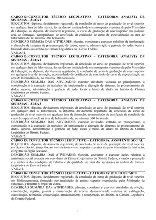 3
CARGO 12: CONSULTOR TÉCNICO LEGISLATIVO – CATEGORIA: ANALISTA DE
SISTEMAS – ÁREA 1
REQUISITOS: diploma, devidamente registrado, de conclusão de curso de graduação de nível superior
em qualquer área de Informática, fornecido por instituição de ensino superior reconhecida pelo Ministério
da Educação, ou diploma, devidamente registrado, de curso de graduação de nível superior em qualquer
área de formação, acompanhado de certificado de conclusão de curso de especialização na área de
Informática de, no mínimo, 360 horas/aula.
DESCRIÇÃO SUMÁRIA DAS ATIVIDADES: planejar, coordenar e executar trabalhos de implantação
e alteração de sistemas de processamento de dados, suporte, administração e gerência de redes locais e
banco de dados no âmbito da Câmara Legislativa do Distrito Federal.
VAGAS: 4.
CARGO 13: CONSULTOR TÉCNICO LEGISLATIVO – CATEGORIA: ANALISTA DE
SISTEMAS – ÁREA 2
REQUISITOS: diploma, devidamente registrado, de conclusão de curso de graduação de nível superior
em qualquer área de Informática, fornecido por instituição de ensino superior reconhecida pelo Ministério
da Educação, ou diploma, devidamente registrado, de conclusão de curso de graduação de nível superior
em qualquer área de formação, acompanhado de certificado de conclusão de curso de especialização na
área de Informática de, no mínimo, 360 horas/aula.
DESCRIÇÃO SUMÁRIA DAS ATIVIDADES: executar atividades voltadas ao planejamento, à
coordenação e à execução de trabalhos de implantação e alteração de sistemas de processamento de
dados, suporte, administração e gerência de redes locais e banco de dados no âmbito da Câmara
Legislativa do Distrito Federal.
VAGAS: 2.
CARGO 14: CONSULTOR TÉCNICO LEGISLATIVO – CATEGORIA: ANALISTA DE
SISTEMAS – ÁREA 3
REQUISITOS: diploma, devidamente registrado, de conclusão de curso de graduação de nível superior
em qualquer área de Informática, ou diploma, devidamente registrado, de conclusão de curso de
graduação de nível superior em qualquer área de formação, acompanhado de certificado de conclusão de
curso de especialização na área de Informática de, no mínimo, 360 horas/aula.
DESCRIÇÃO SUMÁRIA DAS ATIVIDADES: executar atividades voltadas ao planejamento, à
coordenação e à execução de trabalhos de implantação e alteração de sistemas de processamento de
dados, suporte, administração e gerência de redes locais e banco de dados no âmbito da Câmara
Legislativa do Distrito Federal.
VAGAS: 2.
CARGO 15: CONSULTOR TÉCNICO LEGISLATIVO – CATEGORIA: ASSISTENTE SOCIAL
REQUISITOS: diploma, devidamente registrado, de conclusão de curso de graduação de nível superior
em Serviço Social, fornecido por instituição de ensino superior reconhecida pelo Ministério da Educação,
e registro no órgão de classe.
DESCRIÇÃO SUMÁRIA DAS ATIVIDADES: planejar, coordenar e executar ações relativas à
assistência social prestada aos servidores da Câmara Legislativa do Distrito Federal, visando a promoção
e a melhoria das condições de trabalho e da qualidade de vida dos servidores no âmbito da Câmara
Legislativa do Distrito Federal.
VAGA: 1.
CARGO 16: CONSULTOR TÉCNICO LEGISLATIVO – CATEGORIA: BIBLIOTECÁRIO
REQUISITOS: diploma, devidamente registrado, de conclusão de curso de graduação de nível superior
em Biblioteconomia, fornecido por instituição de ensino superior reconhecida pelo Ministério da
Educação, e registro no órgão de classe.
DESCRIÇÃO SUMÁRIA DAS ATIVIDADES: planejar, coordenar e executar atividades de seleção,
classificação, registro, guarda e conservação do acervo, desenvolvendo sistemas de catalogação,
classificação, referência, conservação, armazenamento e recuperação, no âmbito da Câmara Legislativa
do Distrito Federal.
 