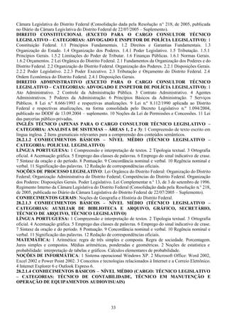 33
Câmara Legislativa do Distrito Federal (Consolidação dada pela Resolução n.° 218, de 2005, publicada
no Diário da Câmara Legislativa do Distrito Federal de 22/07/2005 – Suplemento).
DIREITO CONSTITUCIONAL (EXCETO PARA O CARGO CONSULTOR TÉCNICO
LEGISLATIVO – CATEGORIAS: ADVOGADO E INSPETOR DE POLÍCIA LEGISLATIVO): 1
Constituição Federal. 1.1 Princípios Fundamentais. 1.2 Direitos e Garantias Fundamentais. 1.3
Organização do Estado. 1.4 Organização dos Poderes. 1.4.1 Poder Legislativo. 1.5 Tributação. 1.5.1
Princípios Gerais. 1.5.2 Limitações do Poder de Tributar. 1.6 Finanças Públicas. 1.6.1 Normas Gerais.
1.6.2 Orçamentos. 2 Lei Orgânica do Distrito Federal. 2.1 Fundamentos da Organização dos Poderes e do
Distrito Federal. 2.2 Organização do Distrito Federal. Organização dos Poderes. 2.2.1 Disposições Gerais.
2.2.2 Poder Legislativo. 2.2.3 Poder Executivo. 2.3 Tributação e Orçamento do Distrito Federal. 2.4
Ordem Econômica do Distrito Federal. 2.4.1 Disposições Gerais.
DIREITO ADMINISTRATIVO (EXCETO PARA O CARGO CONSULTOR TÉCNICO
LEGISLATIVO – CATEGORIAS: ADVOGADO E INSPETOR DE POLÍCIA LEGISLATIVO): 1
Ato Administrativo. 2 Controle da Administração Pública. 3 Contrato Administrativo. 4 Agentes
Administrativos. 5 Poderes da Administração. 6 Princípios Básicos da Administração. 7 Serviços
Públicos. 8 Lei n.º 8.666/1993 e respectivas atualizações. 9 Lei n.º 8.112/1990 aplicada ao Distrito
Federal e respectivas atualizações, na forma consolidada pelo Decreto Legislativo n.º 1.094/2004,
publicado no DODF de 13.09.2004 – suplemento. 10 Noções da Lei de Permissões e Concessões. 11 Lei
das parcerias público-privadas.
INGLÊS TÉCNICO (APENAS PARA O CARGO CONSULTOR TÉCNICO LEGISLATIVO –
CATEGORIA: ANALISTA DE SISTEMAS – ÁREAS 1, 2 e 3): 1 Compreensão de texto escrito em
língua inglesa. 2 Itens gramaticais relevantes para a compreensão dos conteúdos semânticos.
28.2.1.2 CONHECIMENTOS BÁSICOS – NÍVEL MÉDIO (TÉCNICO LEGISLATIVO –
CATEGORIA: POLICIAL LEGISLATIVO)
LÍNGUA PORTUGUESA: 1 Compreensão e interpretação de textos. 2 Tipologia textual. 3 Ortografia
oficial. 4 Acentuação gráfica. 5 Emprego das classes de palavras. 6 Emprego do sinal indicativo de crase.
7 Sintaxe da oração e do período. 8 Pontuação. 9 Concordância nominal e verbal. 10 Regência nominal e
verbal. 11 Significação das palavras. 12 Redação de correspondências oficiais.
NOÇÕES DE PROCESSO LEGISLATIVO: Lei Orgânica do Distrito Federal: Organização do Distrito
Federal; Organização Administrativa do Distrito Federal; Competências do Distrito Federal. Organização
dos Poderes: Disposições Gerais. Poder Legislativo. Lei Complementar n.° 13, de 3 de setembro de 1996.
Regimento Interno da Câmara Legislativa do Distrito Federal (Consolidação dada pela Resolução n.° 218,
de 2005, publicada no Diário da Câmara Legislativa do Distrito Federal de 22/07/2005 – Suplemento).
CONHECIMENTOS GERAIS: Noções de Geografia e História do Distrito Federal.
28.2.1.3 CONHECIMENTOS BÁSICOS – NÍVEL MÉDIO (TÉCNICO LEGISLATIVO –
CATEGORIAS: AUXILIAR DE BIBLIOTECA E ARQUIVO, GRÁFICO, SECRETÁRIO,
TÉCNICO DE ARQUIVO, TÉCNICO LEGISLATIVO)
LÍNGUA PORTUGUESA: 1 Compreensão e interpretação de textos. 2 Tipologia textual. 3 Ortografia
oficial. 4 Acentuação gráfica. 5 Emprego das classes de palavras. 6 Emprego do sinal indicativo de crase.
7 Sintaxe da oração e do período. 8 Pontuação. 9 Concordância nominal e verbal. 10 Regência nominal e
verbal. 11 Significação das palavras. 12 Redação de correspondências oficiais.
MATEMÁTICA: 1 Aritmética: regra de três simples e composta. Regra de sociedade. Porcentagem.
Juros simples e compostos. Médias aritméticas, ponderadas e geométricas. 2 Noções de estatística e
probabilidade: interpretação de tabelas e gráficos. Cálculos elementares de probabilidade.
NOÇÕES DE INFORMÁTICA: 1 Sistema operacional Windows XP. 2 Microsoft Office: Word 2002,
Excel 2002 e Power Point 2002. 3 Conceitos e tecnologias relacionados à Internet e a Correio Eletrônico.
4 Internet Explorer 6 e Outlook Express 6.
28.2.1.4 CONHECIMENTOS BÁSICOS – NÍVEL MÉDIO (CARGO: TÉCNICO LEGISLATIVO
– CATEGORIAS: TÉCNICO DE CONTABILIDADE, TÉCNICO EM MANUTENÇÃO E
OPERAÇÃO DE EQUIPAMENTOS AUDIOVISUAIS)
 