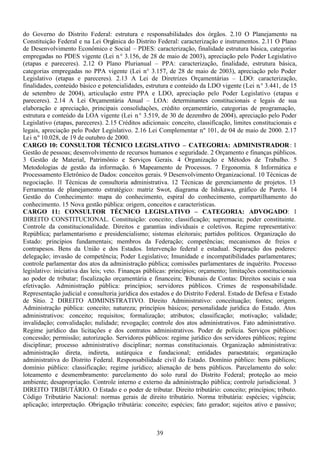 39
do Governo do Distrito Federal: estrutura e responsabilidades dos órgãos. 2.10 O Planejamento na
Constituição Federal e na Lei Orgânica do Distrito Federal: caracterização e instrumentos. 2.11 O Plano
de Desenvolvimento Econômico e Social – PDES: caracterização, finalidade estrutura básica, categorias
empregadas no PDES vigente (Lei n.° 3.156, de 28 de maio de 2003), apreciação pelo Poder Legislativo
(etapas e pareceres). 2.12 O Plano Plurianual – PPA: caracterização, finalidade, estrutura básica,
categorias empregadas no PPA vigente (Lei n.° 3.157, de 28 de maio de 2003), apreciação pelo Poder
Legislativo (etapas e pareceres). 2.13 A Lei de Diretrizes Orçamentárias – LDO: caracterização,
finalidades, conteúdo básico e potencialidades, estrutura e conteúdo da LDO vigente (Lei n.° 3.441, de 15
de setembro de 2004), articulação entre PPA e LDO, apreciação pelo Poder Legislativo (etapas e
pareceres). 2.14 A Lei Orçamentária Anual – LOA: determinantes constitucionais e legais de sua
elaboração e apreciação, principais consolidações, crédito orçamentário, categorias de programação,
estrutura e conteúdo da LOA vigente (Lei n.° 3.519, de 30 de dezembro de 2004), apreciação pelo Poder
Legislativo (etapas, pareceres). 2.15 Créditos adicionais: conceito, classificação, limites constitucionais e
legais, apreciação pelo Poder Legislativo. 2.16 Lei Complementar n.º 101, de 04 de maio de 2000. 2.17
Lei n.º 10.028, de 19 de outubro de 2000.
CARGO 10: CONSULTOR TÉCNICO LEGISLATIVO – CATEGORIA: ADMINISTRADOR: 1
Gestão de pessoas; desenvolvimento de recursos humanos e seguridade. 2 Orçamento e finanças públicos.
3 Gestão de Material, Patrimônio e Serviços Gerais. 4 Organização e Métodos de Trabalho. 5
Metodologias de gestão da informação. 6 Mapeamento de Processos. 7 Ergonomia. 8 Informática e
Processamento Eletrônico de Dados: conceitos gerais. 9 Desenvolvimento Organizacional. 10 Técnicas de
negociação. 11 Técnicas de consultoria administrativa. 12 Técnicas de gerenciamento de projetos. 13
Ferramentas de planejamento estratégico: matriz Swot, diagrama de Ishikawa, gráfico de Pareto. 14
Gestão do Conhecimento: mapa do conhecimento, espiral do conhecimento, compartilhamento do
conhecimento. 15 Nova gestão pública: origem, conceitos e características.
CARGO 11: CONSULTOR TÉCNICO LEGISLATIVO – CATEGORIA: ADVOGADO: 1
DIREITO CONSTITUCIONAL. Constituição: conceito; classificação; supremacia; poder constituinte.
Controle da constitucionalidade. Direitos e garantias individuais e coletivos. Regime representativo:
República; parlamentarismo e presidencialismo; sistemas eleitorais; partidos políticos. Organização do
Estado: princípios fundamentais; membros da Federação; competências; mecanismos de freios e
contrapesos. Bens da União e dos Estados. Intervenção federal e estadual. Separação dos poderes:
delegação; invasão de competência; Poder Legislativo; Imunidade e incompatibilidades parlamentares;
controle parlamentar dos atos da administração pública; comissões parlamentares de inquérito. Processo
legislativo: iniciativa das leis; veto. Finanças públicas: princípios; orçamento; limitações constitucionais
ao poder de tributar; fiscalização orçamentária e financeira; Tribunais de Contas: Direitos sociais e sua
efetivação. Administração pública: princípios; servidores públicos. Crimes de responsabilidade.
Representação judicial e consultoria jurídica dos estados e do Distrito Federal. Estado de Defesa e Estado
de Sítio. 2 DIREITO ADMINISTRATIVO. Direito Administrativo: conceituação; fontes; origem.
Administração pública: conceito; natureza; princípios básicos; personalidade jurídica do Estado. Atos
administrativos: conceito; requisitos; formalização; atributos; classificação; motivação; validade;
invalidação; convalidação; nulidade; revogação; controle dos atos administrativos. Fato administrativo.
Regime jurídico das licitações e dos contratos administrativos. Poder de polícia. Serviços públicos:
concessão; permissão; autorização. Servidores públicos: regime jurídico dos servidores públicos; regime
disciplinar; processo administrativo disciplinar; normas constitucionais. Organização administrativa:
administração direta, indireta, autárquica e fundacional; entidades paraestatais; organização
administrativa do Distrito Federal. Responsabilidade civil do Estado. Domínio público: bens públicos;
domínio público: classificação; regime jurídico; alienação de bens públicos. Parcelamento do solo:
loteamento e desmembramento: parcelamento do solo rural do Distrito Federal; proteção ao meio
ambiente; desapropriação. Controle interno e externo da administração pública; controle jurisdicional. 3
DIREITO TRIBUTÁRIO. O Estado e o poder de tributar. Direito tributário: conceito; princípios; tributo.
Código Tributário Nacional: normas gerais de direito tributário. Norma tributária: espécies; vigência;
aplicação; interpretação. Obrigação tributária: conceito; espécies; fato gerador; sujeitos ativo e passivo;
 