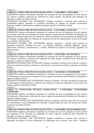4
VAGAS: 2.
CARGO 17: CONSULTOR TÉCNICO LEGISLATIVO – CATEGORIA: CONTADOR
REQUISITOS: diploma, devidamente registrado, de conclusão de curso de graduação de nível superior
em Ciências Contábeis, fornecido por instituição de ensino superior reconhecida pelo Ministério da
Educação, e registro no órgão de classe.
DESCRIÇÃO SUMÁRIA DAS ATIVIDADES: planejar, coordenar e executar ações relativas à
contabilidade pública, apurando os resultados necessários ao controle da situação orçamentária,
financeira, contábil e patrimonial no âmbito da Câmara Legislativa do Distrito Federal.
VAGAS: 3.
CARGO 18: CONSULTOR TÉCNICO LEGISLATIVO – CATEGORIA: ECÓLOGO
REQUISITOS: diploma, devidamente registrado, de conclusão de curso de graduação de nível superior
em Ecologia, fornecido por instituição de ensino superior reconhecida pelo Ministério da Educação, ou
diploma, devidamente registrado, de conclusão de curso de graduação de nível superior em qualquer área
de formação, acompanhado de certificado de conclusão de curso de especialização na área de Ecologia
de, no mínimo, 360 horas/aula.
DESCRIÇÃO SUMÁRIA DAS ATIVIDADES: planejar, coordenar e executar ações relativas ao
diagnóstico ambiental, avaliação de riscos e de impactos ambientais, conforme legislação vigente,
ordenamento territorial, monitoramento e controle ambiental de interesse da Câmara Legislativa do
Distrito Federal.
VAGA: 1.
CARGO 19: CONSULTOR TÉCNICO LEGISLATIVO – CATEGORIA: ECONOMISTA
REQUISITOS: diploma, devidamente registrado, de conclusão de curso de graduação de nível superior
em Ciências Econômicas, fornecido por instituição de ensino superior reconhecida pelo Ministério da
Educação, e registro no órgão de classe.
DESCRIÇÃO SUMÁRIA DAS ATIVIDADES: planejar, coordenar e executar ações relativas a estudos e
análises de natureza econômica, financeira e administrativa de interesse da Câmara Legislativa do Distrito
Federal.
VAGAS: 3.
CARGO 20: CONSULTOR TÉCNICO LEGISLATIVO – CATEGORIA: ENFERMEIRO
REQUISITOS: diploma, devidamente registrado, de conclusão de curso de graduação de nível superior
em Enfermagem, fornecido por instituição de ensino superior reconhecida pelo Ministério da Educação, e
registro no órgão de classe.
DESCRIÇÃO SUMÁRIA DAS ATIVIDADES: planejar, coordenar e executar atividades de assistência
de enfermagem visando promover a melhoria das condições de saúde dos deputados e dos servidores da
Câmara Legislativa do Distrito Federal.
VAGAS: 2.
CARGO 21: CONSULTOR TÉCNICO LEGISLATIVO – CATEGORIA: ENGENHEIRO
AGRÔNOMO
REQUISITOS: diploma, devidamente registrado, de conclusão de curso de graduação de nível superior
em Agronomia, fornecido por instituição de ensino superior reconhecida pelo Ministério da Educação, e
registro no órgão de classe.
DESCRIÇÃO SUMÁRIA DAS ATIVIDADES: planejar, coordenar e executar ações relativas ao estudo
das características e das possibilidades de utilização e produtividade das terras de interesse da Câmara
Legislativa do Distrito Federal.
VAGA: 1.
CARGO 22: CONSULTOR TÉCNICO LEGISLATIVO – CATEGORIA: ENGENHEIRO CIVIL
REQUISITOS: diploma, devidamente registrado, de conclusão de curso de graduação de nível superior
em Engenharia Civil, fornecido por instituição de ensino superior reconhecida pelo Ministério da
Educação, e registro no órgão de classe.
DESCRIÇÃO SUMÁRIA DAS ATIVIDADES: planejar, coordenar e executar ações relativas à
elaboração de projetos de novas edificações ou modificação das existentes, bem como a inspeções
 