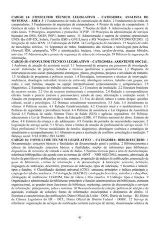 41
CARGO 14: CONSULTOR TÉCNICO LEGISLATIVO – CATEGORIA: ANALISTA DE
SISTEMAS – ÁREA 3: 1 Fundamentos de redes de comunicação de dados. 2 Fundamentos de redes de
computadores. 3 Fundamentos de arquitetura de computadores. 4 Projeto de redes de computadores. 5
Gerência de redes. 6 Fundamentos de redes virtuais. 7 Noções de QoS. 8 Administração e suporte de
redes locais. 9 Princípios, arquitetura e protocolos TCP/IP. 10 Princípios da administração de serviços
baseados em DNS, SMTP, POP3, dentre outros. 11 Administração e suporte de sistemas operacionais
UNIX-like (HP-UX, Solaris, Família BSD e GNU/Linux) e MS Windows 95/98/NT/2000/XP/2003. 12
Integração de redes WAN. 13 Estruturação de DZM. 14 Configuração de roteadores. 15 Noções de redes
de tecnologias wireless. 16 Segurança de redes: fundamentos das técnicas e tecnologias para defesa
(firewall, IDS, criptografia, VPN e autenticação), hackers, vírus, cavalos-de-tróia, ataques híbridos,
antivírus. 17 Administração e projeto de segurança de redes e de informação. 18 Políticas de segurança da
informação.
CARGO 15: CONSULTOR TÉCNICO LEGISLATIVO – CATEGORIA: ASSISTENTE SOCIAL:
1 Ambiente de atuação do assistente social. 1.1 Instrumental de pesquisa em processos de investigação
social: elaboração de projetos, métodos e técnicas qualitativas e quantitativas. 1.2 Propostas de
intervenção na área social: planejamento estratégico, planos, programas, projetos e atividades de trabalho.
1.3 Avaliação de programas e políticas sociais. 1.4 Estratégias, instrumentos e técnicas de intervenção:
sindicância, abordagem individual, técnica de entrevista, abordagem coletiva, trabalho com grupos, em
redes, e com famílias, atuação na equipe interprofissional (relacionamento e competências). 1.5
Diagnóstico. 2 Estratégias de trabalho institucional. 2.1 Conceitos de instituição. 2.2 Estrutura brasileira
de recursos sociais. 2.3 Uso de recursos institucionais e comunitários. 2.4 Redação e correspondências
oficiais: laudo e parecer (sociais e psicossociais), estudo de caso, informação e avaliação social. 3
Atuação em programas de prevenção e tratamento. 3.1 Uso do álcool, tabaco e outras drogas: questões
cultural, social e psicológica. 3.2 Doenças sexualmente transmissíveis. 3.3 Aids. 3.4 Atendimento às
vítimas. 4 Políticas sociais. 4.1 Relação Estado/sociedade. 4.2 Contexto atual e o neoliberalismo. 4.3
Políticas de seguridade e previdência Social. 4.4 Políticas de assistência e Lei Orgânica da Assistência
Social. 4.5 Políticas de saúde, Sistema Único de Saúde (SUS) e agências reguladoras. 4.6 Políticas
educacionais e Lei de Diretrizes e Bases da Educação (LDB). 4.7 Política nacional do idoso. Estatuto do
idoso. 4.8 Estatuto da criança e do adolescente. 4.9 Estatuto do portador de necessidades especiais. 5
Legislação de serviço social. 5.1 Níveis, áreas e limites de atuação do profissional de serviço social. 5.2
Ética profissional. 6 Novas modalidades de família: diagnóstico, abordagem sistêmica e estratégias de
atendimento e acompanhamento. 6.1 Alternativas para a resolução de conflitos: conciliação e mediação. 7
Balanço social. 8 SA 8.000 e ISO 14.000.
CARGO 16: CONSULTOR TÉCNICO LEGISLATIVO – CATEGORIA: BIBLIOTECÁRIO: 1
Documentação: conceitos básicos e finalidades da documentação geral e jurídica. 2 Biblioteconomia e
ciência da informação: conceitos básicos e finalidades; noções de informática para bibliotecas:
dispositivos de memória, de entrada e saída de dados. 3 Normas técnicas para a área de documentação:
referência bibliográfica (de acordo com as normas da ABNT – NBR 6023/2002, resumos, abreviação de
títulos de periódicos e publicações seriadas, sumário, preparação de índices de publicações, preparação de
guias de bibliotecas, centros de informação e de documentação. 4 Indexação: conceito, definição,
linguagens de indexação, descritores, processos de indexação, tipos de indexação. 5 Resumos e índices:
tipos e funções. 6 Classificação decimal universal (CDU): estrutura, princípios e índices principais e
emprego das tabelas auxiliares. 7 Catalogação (AACR-2): catalogação descritiva, entradas e cabeçalhos;
catalogação de multimeios: CD-ROM, fitas de vídeos e fitas cassetes. 8 Catálogo: tipos e funções. 9
Organização e administração de bibliotecas: princípios e funções administrativas em bibliotecas, estrutura
organizacional, as grandes áreas funcionais da biblioteca, marketing; centros de documentação e serviços
de informação: planejamento, redes e sistemas. 10 Desenvolvimento de coleção: políticas de seleção e de
aquisição, avaliação de coleções; fontes de informação: enciclopédias e dicionários de direito. 11
Estrutura e características das publicações: Diário Oficial da União – DOU, Diário da Justiça – DJ, Diário
da Câmara Legislativa do DF – DCL, Diário Oficial do Distrito Federal – DODF. 12 Serviço de
referência: organização de serviços de notificação corrente (serviços de alerta), disseminação seletiva da
 