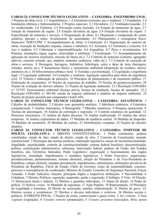 45
CARGO 22: CONSULTOR TÉCNICO LEGISLATIVO – CATEGORIA: ENGENHEIRO CIVIL:
1 Projetos de obras civis. 1.1 Arquitetônicos. 1.2 Estruturais (concreto, aço e madeira). 1.3 Fundações. 1.4
Instalações elétricas e hidrossanitárias. 2 Projetos especiais. 2.1 Elevadores. 2.2 Ventilação/exaustão. 2.3
Ar condicionado. 2.4 Telefonia. 2.5 Prevenção contra incêndio. 2.6 Estação de tratamento de água. 2.7
Estação de tratamento de esgoto. 2.8 Estação elevatória de água. 2.9 Estação elevatória de esgoto. 3
Especificação de materiais e serviços. 4 Programação de obras. 4.1 Orçamento e composição de custos
unitários, parciais e totais: levantamento de quantidades. 4.2 Planejamento e cronograma físico-
financeiro: PERT-CPM. 5 Acompanhamento de obras. 6 Construção. 6.1 Organização do canteiro de
obras: execução de fundações (sapatas, estacas e tubulões). 6.2 Alvenaria. 6.3 Estruturas e concreto. 6.4
Aço e madeira. 6.5 Coberturas e impermeabilização. 6.6 Esquadrias. 6.7 Pisos e revestimentos. 6.8
Pinturas, instalações (água, esgoto, eletricidade e telefonia). 7 Fiscalização. 7.1 Acompanhamento da
aplicação de recursos (medições, emissão de fatura etc.). 7.2 Controle de materiais (cimento, agregados
aditivos, concreto usinado, aço, madeira, materiais cerâmicos, vidro etc.). 7.3 Controle de execução de
obras e serviços. 8 Drenagem, barragens, hidráulica, hidrologia, solos e obras de terra (barragens,
estradas, aterros etc.). 9 Saneamento básico e saneamento ambiental (disposição de resíduos, aterros
sanitários etc.). 10 Infra-estrutura urbana e rural. 11 Estradas e pavimentação. 12 Legislação e engenharia
legal. 13 Legislação ambiental. 14 Licitações e contratos: legislação específica para obras de engenharia
civil. 15 Vistoria e elaboração de pareceres. 16 Princípios de planejamento e de orçamento público. 17
Elaboração de orçamentos. 18 Noções de segurança do trabalho. 19 Noções de geoprocessamento. 20
Noções de avaliação de imóveis urbanos. 21 Noções de legislação ambiental. 21.1 Resolução CONAMA
n.º 237/97: licenciamento ambiental (licença prévia, licença de instalação, licença de operação). 21.2
Resolução CONAMA n.º 001/86: estudo de impacto ambiental e relatório de impacto ambiental. 22
Noções de projeto assistido por computador (AutoCAD).
CARGO 23: CONSULTOR TÉCNICO LEGISLATIVO – CATEGORIA: ESTATÍSTICO: 1
Cálculos de probabilidades. 2 Cálculos com geometria analítica. 3 Inferência estatística. 4 Estatística
computacional. 5 Análise matemática. 6 Demografia. 7 Métodos numéricos. 8 Pesquisa operacional. 9
Técnica de amostragem. 10 Análise de correlação e regressão. 11 Controle estatístico de qualidade. 12
Processos estocásticos. 13 Análise de dados discretos. 14 Análise multivariada. 15 Análise das séries
temporais. 16 Análise exploratória de dados. 17 Medidas de tendência central. 18 Medidas de dispersão.
19 Medidas de assimetria. 20 Medidas de curtose. 21 Distribuições conjuntas. 22 Noções de cálculos
atuariais.
CARGO 24: CONSULTOR TÉCNICO LEGISLATIVO – CATEGORIA: INSPETOR DE
POLÍCIA LEGISLATIVA: I DIREITO CONSTITUCIONAL. 1 Poder constituinte: poderes
constituídos; estado de fato; estado de direito; estado de sítio. 2 Conceito de Constituição; emenda
constitucional. 3 Hierarquia das normas jurídicas; elaboração legislativa; causas de inconstitucionalidade:
ilegalidade, injuridicidade; controle de constitucionalidade; sistema federal brasileiro; descentralização
política; centralização administrativa; soberania; intervenção federal; poderes da União, dos Estados
membros, dos Territórios federados; Poder Legislativo: organização e funcionamento dos órgãos
legislativos; imunidade; impedimentos e mandatos legislativos. 3 Poder Executivo: organização,
presidencialismo, parlamentarismo, sistema diretorial; eleição do Presidente e do Vice-Presidente da
República; colégio eleitoral; mandato presidencial; impedimentos, substituições, atribuições privativas do
Presidente da República; Chefe de Estado; Chefe do Governo; crime de responsabilidade; conceito;
processo e conseqüências da condenação; Ministro de Estado; Conselho de Segurança Nacional; Forças
Armadas. 4 Poder Judiciário: funções, principais órgãos e respectivas atribuições. 5 Nacionalidade. 6
Cidadania. 7 Direitos Políticos: aquisição, suspensão, perda e requisição. 8 Sufrágio. 9 Voto. 10 Eleição.
11 Democracia direta e indireta. 12 Direitos e garantias individuais. 13 Abuso de direito. 14 Poder de
polícia. 15 Habeas corpus. 16 Mandado de segurança. 17 Ação Popular. 18 Representação. 19 Princípios
da Legalidade e Isonomia. 20 Direito de associação, reunião, sindicalização. 21 Direito de greve. 22
Direitos sociais e econômicos. 23 Direitos e deveres individuais e coletivos. 24 Direitos sociais e
políticos. II DIREITO PENAL. 1 Noções de crime, contravenção e quase crime. 2 Iter criminis. 3 Nuta
cogitatio (cogitação). 4 Conatus remotus (preparação). 5 Conatus proximus (execução), Meta optata
 