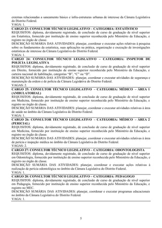 5
externas relacionadas a saneamento básico e infra-estruturas urbanas de interesse da Câmara Legislativa
do Distrito Federal.
VAGA: 1.
CARGO 23: CONSULTOR TÉCNICO LEGISLATIVO – CATEGORIA: ESTATÍSTICO
REQUISITOS: diploma, devidamente registrado, de conclusão de curso de graduação de nível superior
em Estatística, fornecido por instituição de ensino superior reconhecida pelo Ministério da Educação, e
registro no órgão de classe.
DESCRIÇÃO SUMÁRIA DAS ATIVIDADES: planejar, coordenar e executar ações relativas à pesquisa
sobre os fundamentos da estatística, suas aplicações na prática, organização e execução de investigações
estatísticas de interesse da Câmara Legislativa do Distrito Federal.
VAGA: 1.
CARGO 24: CONSULTOR TÉCNICO LEGISLATIVO – CATEGORIA: INSPETOR DE
POLÍCIA LEGISLATIVA
REQUISITOS: diploma, devidamente registrado, de conclusão de curso de graduação de nível superior
em Direito, fornecido por instituição de ensino superior reconhecida pelo Ministério da Educação, e
carteira nacional de habilitação, categorias “B”, “C” ou “D”.
DESCRIÇÃO SUMÁRIA DAS ATIVIDADES: planejar, coordenar e executar atividades de segurança e
manutenção da ordem e de polícia da Câmara Legislativa do Distrito Federal.
VAGAS: 2.
CARGO 25: CONSULTOR TÉCNICO LEGISLATIVO – CATEGORIA: MÉDICO – ÁREA 1
(AMBULATORIAL)
REQUISITOS: diploma, devidamente registrado, de conclusão de curso de graduação de nível superior
em Medicina, fornecido por instituição de ensino superior reconhecida pelo Ministério da Educação, e
registro no órgão de classe.
DESCRIÇÃO SUMÁRIA DAS ATIVIDADES: planejar, coordenar e executar atividades relativas à área
de saúde no âmbito da Câmara Legislativa do Distrito Federal.
VAGA: 1.
CARGO 26: CONSULTOR TÉCNICO LEGISLATIVO – CATEGORIA: MÉDICO – ÁREA 2
(PERICIAL)
REQUISITOS: diploma, devidamente registrado, de conclusão de curso de graduação de nível superior
em Medicina, fornecido por instituição de ensino superior reconhecida pelo Ministério da Educação, e
registro no órgão de classe.
DESCRIÇÃO SUMÁRIA DAS ATIVIDADES: planejar, coordenar e executar atividades relativas à área
de perícia e inspeção médica no âmbito da Câmara Legislativa do Distrito Federal.
VAGAS: 2.
CARGO 27: CONSULTOR TÉCNICO LEGISLATIVO – CATEGORIA: ODONTOLOGISTA
REQUISITOS: diploma, devidamente registrado, de conclusão de curso de graduação de nível superior
em Odontologia, fornecido por instituição de ensino superior reconhecida pelo Ministério da Educação, e
registro no órgão de classe.
DESCRIÇÃO SUMÁRIA DAS ATIVIDADES: planejar, coordenar e executar ações relativas à
realização de perícia odontológica no âmbito da Câmara Legislativa do Distrito Federal.
VAGA: 1.
CARGO 28: CONSULTOR TÉCNICO LEGISLATIVO – CATEGORIA: PEDAGOGO
REQUISITOS: diploma, devidamente registrado, de conclusão de curso de graduação de nível superior
em Pedagogia, fornecido por instituição de ensino superior reconhecida pelo Ministério da Educação, e
registro no MEC.
DESCRIÇÃO SUMÁRIA DAS ATIVIDADES: planejar, coordenar e executar programas educacionais
no âmbito da Câmara Legislativa do Distrito Federal.
VAGA: 1.
 