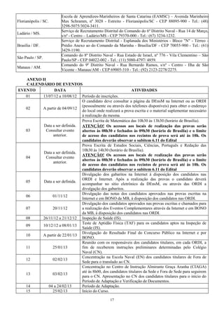 Florianópolis / SC.
Escola de Aprendizes-Marinheiros de Santa Catarina (EAMSC) – Avenida Marinheiro
Max Schramm, nº 3028 - Estreito - Florianópolis/SC - CEP 88095-900 - Tel.: (48)
3298-5075/3024-3411.
Ladário / MS.
Serviço de Recrutamento Distrital do Comando do 6º Distrito Naval - Rua 14 de Março,
s/nº - Centro – Ladário/MS - CEP 79370-000 - Tel.: (67) 3234-1232.
Brasília / DF.
Serviço de Recrutamento Distrital - Esplanada dos Ministérios - Bloco "N" - Térreo -
Prédio Anexo ao do Comando da Marinha - Brasília/DF - CEP 70055-900 - Tel.: (61)
3429-1190.
São Paulo / SP.
Comando do 8º Distrito Naval - Rua Estado de Israel, nº 776 - Vila Clementino – São
Paulo/SP - CEP 04022-002 - Tel.: (11) 5080-4797/ 4859.
Manaus / AM.
Comando do 9º Distrito Naval - Rua Bernardo Ramos, s/nº - Centro - Ilha de São
Vicente - Manaus/AM - CEP 69005-310 - Tel.: (92) 2123-2278/2275.
ANEXO II
CALENDÁRIO DE EVENTOS
EVENTO DATA ATIVIDADES
01 13/07/12 a 10/08/12 Período de inscrições.
02 A partir de 04/09/12
O candidato deve consultar a página da DEnsM na Internet ou as ORDI
(pessoalmente ou através dos telefones disponíveis) para obter o endereço
do local onde realizará a prova escrita e o material suplementar necessário
à realização da mesma.
03
Data a ser definida.
Consultar evento
anterior.
Prova Escrita de Matemática das 10h30 às 13h30 (horário de Brasília).
ATENÇÃO! Os acessos aos locais de realização das provas serão
abertos às 08h30 e fechados às 09h30 (horário de Brasília) e o limite
de acesso dos candidatos nos recintos de prova será até às 10h. Os
candidatos deverão observar o subitem 6.11 do Edital
04
Data a ser definida.
Consultar evento
anterior.
Prova Escrita de Estudos Sociais, Ciências, Português e Redação das
10h30 às 14h30 (horário de Brasília).
ATENÇÃO! Os acessos aos locais de realização das provas serão
abertos às 08h30 e fechados às 09h30 (horário de Brasília) e o limite
de acesso dos candidatos nos recintos de prova será até às 10h. Os
candidatos deverão observar o subitem 6.11 do Edital
05 Data a ser definida.
Divulgação dos gabaritos na Internet à disposição dos candidatos nas
ORDI e Internet. Após a realização das provas o candidato deverá
acompanhar no sítio eletrônico da DEnsM, ou através das ORDI a
divulgação dos gabaritos.
06 01/11/12
Divulgação das notas dos candidatos aprovados nas provas escritas na
Internet e em BONO da MB, à disposição dos candidatos nas ORDI.
07 20/11/12
Divulgação dos candidatos aprovados nas provas escritas e chamados para
a realização dos Eventos Complementares através da Internet e em BONO
da MB, à disposição dos candidatos nas ORDI.
08 26/11/12 a 21/12/12 Inspeção de Saúde (IS).
09 10/12/12 a 08/01/13
Teste de Aptidão Física (TAF) para os candidatos aptos na Inspeção de
Saúde (IS).
10 A partir de 22/01/13
Divulgação do Resultado Final do Concurso Público na Internet e por
BONO.
11 25/01/13
Reunião com os responsáveis dos candidatos titulares, em cada ORDI, a
fim de receberem instruções preliminares determinadas pelo Colégio
Naval (CN).
12 02/02/13
Concentração na Escola Naval (EN) dos candidatos titulares de Fora de
Sede para o translado ao CN.
13 03/02/13
Concentração no Centro de Instrução Almirante Graça Aranha (CIAGA)
até às 8h00, dos candidatos titulares da Sede e Fora de Sede para seguirem
para o CN. Apresentação no CN dos candidatos titulares para o início do
Período de Adaptação e Verificação de Documentos.
14 04 a 24/02/13 Período de Adaptação.
15 25/02/13 Início do Curso.
17
 