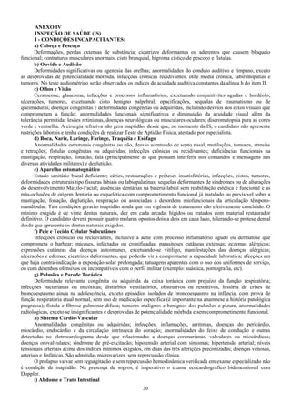 ANEXO IV
INSPEÇÃO DE SAÚDE (IS)
I - CONDIÇÕES INCAPACITANTES:
a) Cabeça e Pescoço
Deformações, perdas extensas de substância; cicatrizes deformantes ou aderentes que causem bloqueio
funcional; contraturas musculares anormais, cisto branquial, higroma cístico de pescoço e fístulas.
b) Ouvido e Audição
Deformidades significativas ou agenesia das orelhas; anormalidades do conduto auditivo e tímpano, exceto
as desprovidas de potencialidade mórbida, infecções crônicas recidivantes, otite média crônica, labirintopatias e
tumores. No teste audiométrico serão observados os índices de acuidade auditiva constantes da alínea h do item II.
c) Olhos e Visão
Ceratocone, glaucoma, infecções e processos inflamatórios, excetuando conjuntivites agudas e hordéolo;
ulcerações, tumores, excetuando cisto benigno palpebral; opacificações, sequelas de traumatismo ou de
queimaduras; doenças congênitas e deformidades congênitas ou adquiridas, incluindo desvios dos eixos visuais que
comprometam a função; anormalidades funcionais significativas e diminuição da acuidade visual além da
tolerância permitida; lesões retinianas, doenças neurológicas ou musculares oculares; discromatopsia para as cores
verde e vermelha. A cirurgia refrativa não gera inaptidão, desde que, no momento da IS, o candidato não apresente
restrições laborais e tenha condições de realizar Teste de Aptidão Física, atestado por especialista.
d) Boca, Nariz, Laringe, Faringe, Traquéia e Esôfago
Anormalidades estruturais congênitas ou não, desvio acentuado de septo nasal, mutilações, tumores, atresias
e retrações; fístulas congênitas ou adquiridas; infecções crônicas ou recidivantes; deficiências funcionais na
mastigação, respiração, fonação, fala (principalmente as que possam interferir nos comandos e mensagens nas
diversas atividades militares) e deglutição.
e) Aparelho estomatognático
Estado sanitário bucal deficiente; cáries, restaurações e próteses insatisfatórias, infecções, cistos, tumores,
deformidades estruturais tipo fissuras labiais ou labiopalatinas; sequelas deformantes de síndromes ou de alterações
do desenvolvimento Maxilo-Facial; ausências dentárias na bateria labial sem reabilitação estética e funcional e as
más-oclusões de origem dentária ou esquelética com comprometimento funcional já instalado ou previsível sobre a
mastigação, fonação, deglutição, respiração ou associadas a desordens miofuncionais da articulação têmporo-
mandibular. Tais condições gerarão inaptidão ainda que em vigência de tratamento não efetivamente concluído. O
mínimo exigido é de vinte dentes naturais, dez em cada arcada, hígidos ou tratados com material restaurador
definitivo. O candidato deverá possuir quatro molares opostos dois a dois em cada lado, tolerando-se prótese dental
desde que apresente os dentes naturais exigidos.
f) Pele e Tecido Celular Subcutâneo
Infecções crônicas ou recidivantes, inclusive a acne com processo inflamatório agudo ou dermatose que
comprometa o barbear; micoses, infectadas ou cronificadas; parasitoses cutâneas extensas; eczemas alérgicos;
expressões cutâneas das doenças autoimunes, excetuando-se vitiligo, manifestações das doenças alérgicas;
ulcerações e edemas; cicatrizes deformantes, que poderão vir a comprometer a capacidade laborativa; afecções em
que haja contra-indicação a exposição solar prolongada; tatuagens aparentes com o uso dos uniformes de serviço,
ou com desenhos ofensivos ou incompatíveis com o perfil militar (exemplo: suástica, pornografia, etc).
g) Pulmões e Parede Torácica
Deformidade relevante congênita ou adquirida da caixa torácica com prejuízo da função respiratória;
infecções bacterianas ou micóticas; distúrbios ventilatórios, obstrutivos ou restritivos, história de crises de
broncoespasmo ainda na adolescência, exceto episódios isolados de broncoespasmo na infância, com prova de
função respiratória atual normal, sem uso de medicação específica (é importante na anamnese a história patológica
pregressa); fístula e fibrose pulmonar difusa; tumores malignos e benignos dos pulmões e pleura, anormalidades
radiológicas, exceto se insignificantes e desprovidas de potencialidade mórbida e sem comprometimento funcional.
h) Sistema Cárdio-Vascular
Anormalidades congênitas ou adquiridas; infecções, inflamações, arritmias, doenças do pericárdio,
miocárdio, endocárdio e da circulação intrínseca do coração; anormalidades do feixe de condução e outras
detectadas no eletrocardiograma desde que relacionadas a doenças coronarianas, valvulares ou miocárdicas;
doenças orovalvulares; síndrome de pré-excitação; hipotensão arterial com sintomas; hipertensão arterial; níveis
tensionais arteriais acima dos índices mínimos exigidos, em duas das três aferições preconizadas; doenças venosas,
arteriais e linfáticas. São admitidas microvarizes, sem repercussão clínica.
O prolapso valvar sem regurgitação e sem repercussão hemodinâmica verificada em exame especializado não
é condição de inaptidão. Na presença de sopros, é imperativo o exame ecocardiográfico bidimensional com
Doppler.
i) Abdome e Trato Intestinal
20
 