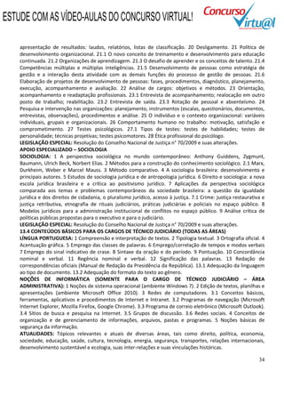 34
apresentação de resultados: laudos, relatórios, listas de classificação. 20 Desligamento. 21 Política de
desenvolvimento organizacional. 21.1 O novo conceito de treinamento e desenvolvimento para educação
continuada. 21.2 Organizações de aprendizagem. 21.3 O desafio de aprender e os conceitos de talento. 21.4
Competências múltiplas e múltiplas inteligências. 21.5 Desenvolvimento de pessoas como estratégia de
gestão e a interação desta atividade com as demais funções do processo de gestão de pessoas. 21.6
Elaboração de projetos de desenvolvimento de pessoas: fases, procedimentos, diagnóstico, planejamento,
execução, acompanhamento e avaliação. 22 Análise de cargos: objetivos e métodos. 23 Orientação,
acompanhamento e readaptação profissionais. 23.1 Entrevista de acompanhamento; realocação em outro
posto de trabalho; reabilitação. 23.2 Entrevista de saída. 23.3 Rotação de pessoal e absenteísmo. 24
Pesquisa e intervenção nas organizações: planejamento, instrumentos (escalas, questionários, documentos,
entrevistas, observações), procedimentos e análise. 25 O indivíduo e o contexto organizacional: variáveis
individuais, grupais e organizacionais. 26 Comportamento humano no trabalho: motivação, satisfação e
comprometimento. 27 Testes psicológicos. 27.1 Tipos de testes: testes de habilidades; testes de
personalidade; técnicas projetivas; testes psicomotores. 28 Ética profissional do psicólogo.
LEGISLAÇÃO ESPECIAL: Resolução do Conselho Nacional de Justiça n° 70/2009 e suas alterações.
APOIO ESPECIALIZADO – SOCIOLOGIA
SOCIOLOGIA: 1 A perspectiva sociológica no mundo contemporâneo: Anthony Guiddens, Zygmunt,
Baumann, Ulrich Beck, Norbert Elias. 2 Métodos para a construção do conhecimento sociológico. 2.1 Marx,
Durkheim, Weber e Marcel Mauss. 3 Método comparativo. 4 A sociologia brasileira: desenvolvimento e
principais autores. 5 Estudos de sociologia jurídica e de antropologia jurídica. 6 Direito e sociologia: a nova
escola jurídica brasileira e a crítica ao positivismo jurídico. 7 Aplicações da perspectiva sociológica
comparada aos temas e problemas contemporâneos da sociedade brasileira: a questão da igualdade
jurídica e dos direitos de cidadania, o pluralismo jurídico, acesso à justiça. 7.1 Crime: justiça restaurativa e
justiça retributiva, etnografia de rituais judiciários, práticas judiciárias e policiais no espaço público. 8
Modelos jurídicos para a administração institucional de conflitos no espaço público. 9 Análise crítica de
políticas públicas propostas para o executivo e para o judiciário.
LEGISLAÇÃO ESPECIAL: Resolução do Conselho Nacional de Justiça n° 70/2009 e suas alterações.
13.4 CONTEÚDOS BÁSICOS PARA OS CARGOS DE TÉCNICO JUDICIÁRIO (TODAS AS ÁREAS)
LÍNGUA PORTUGUESA: 1 Compreensão e interpretação de textos. 2 Tipologia textual. 3 Ortografia oficial. 4
Acentuação gráfica. 5 Emprego das classes de palavras. 6 Emprego/correlação de tempos e modos verbais
7 Emprego do sinal indicativo de crase. 8 Sintaxe da oração e do período. 9 Pontuação. 10 Concordância
nominal e verbal. 11 Regência nominal e verbal. 12 Significação das palavras. 13 Redação de
correspondências oficiais (Manual de Redação da Presidência da República). 13.1 Adequação da linguagem
ao tipo de documento. 13.2 Adequação do formato do texto ao gênero.
NOÇÕES DE INFORMÁTICA (SOMENTE PARA O CARGO DE TÉCNICO JUDICIÁRIO – ÁREA
ADMINISTRATIVA): 1 Noções de sistema operacional (ambiente Windows 7). 2 Edição de textos, planilhas e
apresentações (ambiente Microsoft Office 2010). 3 Redes de computadores. 3.1 Conceitos básicos,
ferramentas, aplicativos e procedimentos de Internet e Intranet. 3.2 Programas de navegação (Microsoft
Internet Explorer, Mozilla Firefox, Google Chrome). 3.3 Programa de correio eletrônico (Microsoft Outlook).
3.4 Sítios de busca e pesquisa na Internet. 3.5 Grupos de discussão. 3.6 Redes sociais. 4 Conceitos de
organização e de gerenciamento de informações, arquivos, pastas e programas. 5 Noções básicas de
segurança da informação.
ATUALIDADES: Tópicos relevantes e atuais de diversas áreas, tais como direito, política, economia,
sociedade, educação, saúde, cultura, tecnologia, energia, segurança, transportes, relações internacionais,
desenvolvimento sustentável e ecologia, suas inter-relações e suas vinculações históricas.
ESTUDE COM AS VÍDEO-AULAS DO CONCURSO VIRTUAL!
 