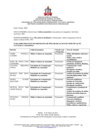 SERVIÇO PÚBLICO FEDERAL
                                  UNIVERSIDADE FEDERAL DO PARÁ
                               INSTITUTO DE LETRAS E COMUNICAÇÃO
                  PROGRAMA DE PÓS-GRADUAÇÃO COMUNICAÇÃO, CULTURA E AMAZÔNIA
                       MESTRADO ACADÊMICO EM CIÊNCIAS DA COMUNICAÇÃO

    Paulo: Paulus, 2008.

    PAES LOUREIRO, João de Jesus. Cultura amazônica: uma poética do imaginário. São Paulo:
    Escrituras, 2003.

    MARTÍN-BARBERO, Jesus. Dos meios às mediações: comunicação, cultura e hegemonia. Rio de
    Janeiro: Editora UFRJ, 1997.

    15 QUADRO DOCENTE DO PROGRAMA DE PÓS-GRADUAÇÃO EM COMUNICAÇÃO
    CULTURA E AMAZÔNIA

Docente                            Linha de pesquisa                                Vínculo com           Área de Atuação
                                                                                    o Programa
FÁBIO            FONSECA           Mídia e Cultura na Amazônia                      Permanente            Mídia, identidades culturais e
CASTRO                                                                                                    sociais;
                                                                                                          Mídia, redes sociais e
                                                                                                          sociabilidades.
JOÃO DE JESUS PAES                 Mídia e Cultura na Amazônia                      Permanente            Estudo do imaginário
LOUREIRO                                                                                                  amazônico. Estética. Poéticas.
LUCIANA   MIRANDA                  Estratégias de Comunicação                       Permanente            Comunicação e meio
COSTA                              Midiática na Amazônia                                                  ambiente;
                                                                                                          Divulgação científica;
                                                                                                          Estudos em rádio.
MANUEL JOSÉ SENA                   Estratégias de Comunicação                       Permanente            Análise de produtos da mídia;
DUTRA                              Midiática na Amazônia                                                  Interdisciplinaridade, Meio
                                                                                                          ambiente.
MARIA               ATAÍDE         Estratégias de Comunicação                       Permanente            Processos midiáticos;
MALCHER                            Midiática na Amazônia                                                  Estudos de Televisão;
                                                                                                          Estudos de Audiovisual;
                                                                                                          Divulgação científica .
NETÍLIA SILVA            DOS       Estratégias de Comunicação                       Permanente            Comunicação e produção de
ANJOS SEIXAS                       Midiática na Amazônia                                                  sentido;
                                                                                                          Análise de produtos da mídia;
                                                                                                          História da mídia impressa
                                                                                                          paraense.
OTACÍLIO          AMARAL           Mídia e Cultura na Amazônia                      Permanente            Comunicação e política;
FILHO                                                                                                     Processos midiáticos,
                                                                                                          linguagem e práticas
                                                                                                          jornalísticas e publicitárias;
                                                                                                          Mídia, cultura e espetáculo.



                                       Belém, 11 de março de 2011
                                     Profa. Dra. Maria Ataide Malcher
               Coordenadora do Programa de Pós-Graduação Comunicação, Cultura e Amazônia



    Universidade Federal do Pará – Cidade Universitária Prof. José da Silveira Netto – Instituto de Letras e Comunicação – Programa
                   de Pós-Graduação Comunicação, Cultura e Amazônia – Telefone 3201-7526 fax 3201-7606, e-                            10
                                               mail:poscomunicacaoufpa@gmail.com
 