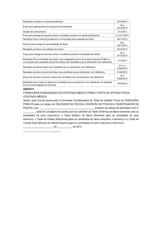 Resultado provisório no exame psicotécnico                                                          28/10/2013
                                                                                                       29 e
Prazo para agendamento da sessão de conhecimento
                                                                                                    30/10/2013
Sessão de conhecimento                                                                              3/11/2013
Prazo para entrega de recursos contra o resultado provisório no exame psicotécnico                 4 e 5/11/2013
Resultado final no exame psicotécnico e convocação para avaliação de títulos                        26/11/2013
                                                                                                       28 e
Período para entrega da documentação de títulos
                                                                                                    29/11/2013
Resultado provisório na avaliação dos títulos                                                       23/12/2013
                                                                                                       26 e
Prazo para entrega de recursos contra o resultado provisório na avaliação dos títulos
                                                                                                    27/12/2013
Resultado final na avaliação dos títulos, da investigação social e da conduta pessoal (PC/BA), e
                                                                                                    17/1/2014
convocação para realização da perícia médica dos candidatos que se declararam com deficiência
                                                                                                     27 01 a
Aplicação da perícia médica dos candidatos que se declararam com deficiência
                                                                                                    07/02/2014
Resultado provisório da perícia médica dos candidatos que se declararem com deficiência             21/02/2014
                                                                                                       24 e
Prazo dos recursos da perícia médica dos candidatos que se declararem com deficiência
                                                                                                    25/02/2014
Resultado final na perícia médica dos candidatos que se declararem com deficiência, do resultado
                                                                                                    19/03/2014
final e da homologação do concurso

ANEXO II
FORMULÁRIO PADRONIZADO DO ATESTADO MÉDICO PARA O TESTE DE APTIDÃO FÍSICA
ATESTADO MÉDICO
Atesto, para fins de prova junto à Comissão Coordenadora do Teste de Aptidão Física do CONCURSO
PÚBLICO para os cargos de DELEGADO DE POLÍCIA, ESCRIVÃO DE POLÍCIA E INVESTIGADOR DE
POLÍCIA, que ________________________________________, portador da cédula de identidade civil nº
_________, está em condições de saúde para se submeter ao Teste Dinâmico de Barra (somente para os
candidatos do sexo masculino), o Teste Estático de Barra (Somente para as candidatas do sexo
feminino), o Teste de Flexão Abdominal (para os candidatos do sexo masculino e feminino) e o Teste de
Corrida Doze Minutos do referido Exame (para os candidatos do sexo masculino e feminino).
________________, _____ de ___________ de 2013
____________________________
 