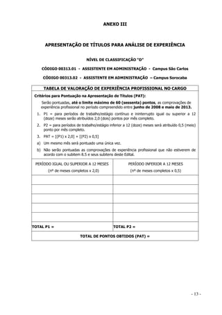 ANEXO III

APRESENTAÇÃO DE TÍTULOS PARA ANÁLISE DE EXPERIÊNCIA
NÍVEL DE CLASSIFICAÇÃO “D”
CÓDIGO 00313.01 - ASSISTENTE EM ADMINISTRAÇÃO - Campus São Carlos
CÓDIGO 00313.02 - ASSISTENTE EM ADMINISTRAÇÃO – Campus Sorocaba

TABELA DE VALORAÇÃO DE EXPERIÊNCIA PROFISSIONAL NO CARGO
Critérios para Pontuação na Apresentação de Títulos (PAT):
Serão pontuadas, até o limite máximo de 60 (sessenta) pontos, as comprovações de
experiência profissional no período compreendido entre junho de 2008 e maio de 2013.
1. P1 = para períodos de trabalho/estágio contínuo e ininterrupto igual ou superior a 12
(doze) meses serão atribuídos 2,0 (dois) pontos por mês completo.
2. P2 = para períodos de trabalho/estágio inferior a 12 (doze) meses será atribuído 0,5 (meio)
ponto por mês completo.
3. PAT = [(P1) x 2,0] + [(P2) x 0,5]
a) Um mesmo mês será pontuado uma única vez.
b) Não serão pontuadas as comprovações de experiência profissional que não estiverem de
acordo com o subitem 8.5 e seus subitens deste Edital.
PERÍODO IGUAL OU SUPERIOR A 12 MESES
(nº de meses completos x 2,0)

TOTAL P1 =

PERÍODO INFERIOR A 12 MESES
(nº de meses completos x 0,5)

TOTAL P2 =
TOTAL DE PONTOS OBTIDOS (PAT) =

- 13 -

 