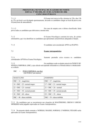 PREFEITURA MUNICIPAL DE JUAZEIRO DO NORTE
EDITAL N° 001/2006, DE 10 DE JANEIRO DE 2006
CONCURSO PÚBLICO
7.1.1.1 O Exame terá inicio às 8h e término às 12h e das 13h
às 17h, em local a ser divulgado oportunamente, devendo os candidatos chegar ao local da prova com
01(uma) hora de antecedência.
7.1.1.2 Em caso de empate com o último classificado, farão
prova todos os candidatos que obtiverem a mesma nota.
7.1.2 O Exame Psicológico constará de teste, de caráter
eliminatório, que visa identificar os candidatos que apresentam características adequadas à função.
7.1.3 O candidato será considerado APTO ou INAPTO.
7.2 Exame Antropométrico
7.2.1 Somente prestarão estes exames os candidatos
considerados APTOS no Exame Psicológico.
7.2.2 Os candidatos serão avaliados através do ÍNDICE DE
MASSA CORPORAL (IMC), cujo cálculo será apurado utilizando-se a fórmula abaixo e obedecendo-
se a tabela:
IMC = PESO CORPORAL (em Kg)
(ALTURA)² (em metros)
MASCULINO FEMININO
IMC = 18 – magérrimo IMC = 17 – magérrima
18 = IMC < 22 - normal magro 17 = IMC < 21 - normal magra
22 = IMC < 25 - normal 21 = IMC < 24 – normal
25 = IMC < 30 - normal pesado 24 = IMC < 29 - normal pesada
30 = IMC < 40 - obeso 29 = IMC < 39 – obesa
IMC = 40 - obeso mórbido IMC = 39 - obesa mórbida
7.2.3 Os candidatos que se encontrarem nas situações de MAGÉRRIMO, OBESO E OBESO
MÓRBIDO serão julgados reprovados no Exame Antropométrico.
7.2.4 Na presente tabela somente o NORMAL MAGRO, NORMAL E NORMAL PESADO serão
aprovados no Exame Antropométrico.
13/45
 