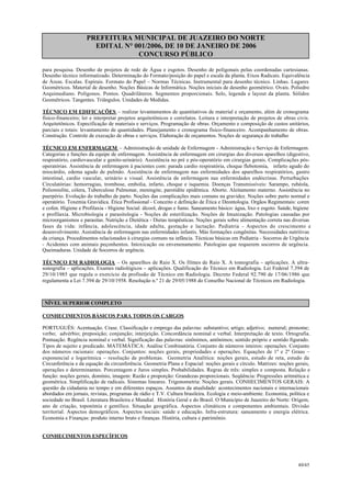 PREFEITURA MUNICIPAL DE JUAZEIRO DO NORTE
EDITAL N° 001/2006, DE 10 DE JANEIRO DE 2006
CONCURSO PÚBLICO
para pesquisa. Desenho de projetos de rede de Água e esgotos. Desenho de poligonais pelas coordenadas cartesianas.
Desenho técnico informatizado. Determinação do Formato/posição do papel e escala da planta. Eixos Radicais. Equivalência
de Áreas. Escalas. Espirais. Formato do Papel – Normas Técnicas. Instrumental para desenho técnico. Linhas. Lugares
Geométricos. Material de desenho. Noções Básicas de Informática. Noções iniciais de desenho geométrico. Ovais. Poliedro
Arquimediano. Polígonos. Pontos. Quadriláteros. Segmentos proporcionais. Selo, legenda e layout da planta. Sólidos
Geométricos. Tangentes. Triângulos. Unidades de Medidas.
TÉCNICO EM EDIFICAÇÕES – realizar levantamentos de quantitativos de material e orçamento, além de cronograma
físico-financeiro; ler e interpretar projetos arquitetônicos e correlatos. Leitura e interpretação de projetos de obras civis.
Arquitetônicos. Especificação de materiais e serviços. Programação de obras. Orçamento e composição de custos unitários,
parciais e totais: levantamento de quantidades. Planejamento e cronograma físico-financeiro. Acompanhamento de obras.
Construção. Controle de execução de obras e serviços. Elaboração de orçamentos. Noções de segurança do trabalho
TÉCNICO EM ENFERMAGEM – Administração de unidade de Enfermagem - Administração e Serviço de Enfermagem.
Categorias e funções da equipe de enfermagem. Assistência de enfermagem em cirurgias dos diversos aparelhos (digestivo,
respiratório, cardiovascular e genito-urinário). Assistência no pré e pós-operatório em cirurgias gerais. Complicações pós-
operatórias. Assistência de enfermagem à pacientes com: parada cardio respiratória, choque flebotomia, infarto agudo do
miocárdio, edema agudo de pulmão. Assistência de enfermagem nas enfermidades dos aparelhos respiratórios, gastro
intestinal, cardio vascular, urinário e visual. Assistência de enfermagem nas enfermidades endócrinas. Perturbações
Circulatórias: hemorragias, trombose, embolia, infarto, choque e isquemia. Doenças Transmissíveis: Sarampo, rubéola,
Poliomielite, cólera, Tuberculose Pulmonar, meningite, parotidite epidêmica. Aborto. Aleitamento materno. Assistência no
puerpério. Evolução do trabalho de parto. Noções das complicações mais comuns na gravidez. Noções sobre parto normal e
operatório. Toxemia Gravídica. Ética Profissional - Conceito e definição de Ética e Deontologia. Orgãos Regimentais: coren
e cofen. Higiene e Profilaxia - Higiene Social: álcool, drogas e fumo. Saneamento básico: água, lixo e esgoto. Saúde, higiene
e profilaxia. Microbiologia e parasitologia - Noções de esterilização. Noções de Imunização. Patologias causadas por
microorganismos e parasitas. Nutrição e Dietética - Dietas terapêuticas. Noções gerais sobre alimentação correta nas diversas
fases da vida: infância, adolescência, idade adulta, gestação e lactação. Pediatria - Aspectos do crescimento e
desenvolvimento. Assistência de enfermagem nas enfermidades infantis. Más formações congênitas. Necessidades nutritivas
da criança. Procedimentos relacionados à cirurgias comuns na infância. Técnicas básicas em Pediatria - Socorros de Urgência
- Acidentes com animais peçonhentos. Intoxicação ou envenenamento. Patologias que requerem socorros de urgência.
Queimaduras. Unidade de Socorros de urgência.
TÉCNICO EM RADIOLOGIA – Os aparelhos de Raio X. Os filmes de Raio X. A tomografia – aplicações. A ultra-
sonografia – aplicações. Exames radiológicos – aplicações. Qualificação do Técnico em Radiologia. Lei Federal 7.394 de
29/10/1985 que regula o exercício da profissão de Técnico em Radiologia. Decreto Federal 92.790 de 17/06/1986 que
regulamenta a Lei 7.394 de 29/10/1958. Resolução n.º 21 de 29/05/1988 do Conselho Nacional de Técnicos em Radiologia.
NÍVEL SUPERIOR COMPLETO
CONHECIMENTOS BÁSICOS PARA TODOS OS CARGOS
PORTUGUÊS: Acentuação. Crase. Classificação e emprego das palavras: substantivo; artigo; adjetivo; numeral; pronome;
verbo; advérbio; preposição; conjunção; interjeição. Concordância nominal e verbal. Interpretação de texto. Ortografia.
Pontuação. Regência nominal e verbal. Significação das palavras: sinônimos, antônimos; sentido próprio e sentido figurado.
Tipos de sujeito e predicado. MATEMÁTICA: Análise Combinatória. Conjunto de números inteiros: operações. Conjunto
dos números racionais: operações. Conjuntos: noções gerais, propriedades e operações. Equações de 1º e 2º Graus –
exponencial e logarítmica – resolução de problemas. Geometria Analítica: noções gerais, estudo de reta, estudo da
Circunferência e da equação da circunferência. Geometria Plana e Espacial: noções gerais e círculo. Matrizes: noções gerais,
operações e determinantes. Porcentagem e Juros simples. Probabilidades. Regras de três: simples e composta. Relação e
função: noções gerais, domínio, imagem: Razão e proporção: Grandezas proporcionais. Seqüência: Progressões aritmética e
geométrica. Simplificação de radicais. Sistemas lineares. Trigonometria: Noções gerais. CONHECIMENTOS GERAIS: A
questão da cidadania no tempo e em diferentes espaços. Assuntos da atualidade: acontecimentos nacionais e internacionais
abordados em jornais, revistas, programas de rádio e T.V. Cultura brasileira. Ecologia e meio-ambiente. Economia, política e
sociedade no Brasil. Literatura Brasileira e Mundial. História Geral e do Brasil. O Município de Juazeiro do Norte: Origem,
ano de criação, toponímia e gentílico. Situação geográfica. Aspectos climáticos e componentes ambientais. Divisão
territorial. Aspectos demográficos. Aspectos sociais: saúde e educação. Infra-estrutura: saneamento e energia elétrica.
Economia e Finanças: produto interno bruto e finanças. História, cultura e patrimônio.
CONHECIMENTOS ESPECÍFICOS
40/45
 