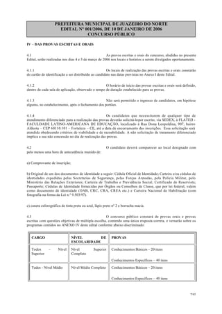 PREFEITURA MUNICIPAL DE JUAZEIRO DO NORTE
EDITAL N° 001/2006, DE 10 DE JANEIRO DE 2006
CONCURSO PÚBLICO
IV – DAS PROVAS ESCRITAS E ORAIS
4.1 As provas escritas e orais do concurso, aludidas no presente
Edital, serão realizadas nos dias 4 e 5 de março de 2006 nos locais e horários a serem divulgados oportunamente.
4.1.1 Os locais de realização das provas escritas e orais constarão
do cartão de identificação a ser distribuído ao candidato nas datas previstas no Anexo I deste Edital.
4.1.2 O horário de início das provas escritas e orais será definido,
dentro de cada sala de aplicação, observado o tempo de duração estabelecido para as provas.
4.1.3 Não será permitido o ingresso de candidatos, em hipótese
alguma, no estabelecimento, após o fechamento dos portões.
4.1.4 Os candidatos que necessitarem de qualquer tipo de
atendimento diferenciado para a realização das provas deverão solicitá-lopor escrito, via SEDEX, à FLATED -
FACULDADE LATINO-AMERICANA DE EDUCAÇÃO, localizado à Rua Dona Leopoldina, 907, bairro
Aldeota – CEP 60110.101 – Fortaleza – CE, até a data de encerramento das inscrições. Essa solicitação será
atendida obedecendo critérios de viabilidade e de razoabilidade. A não solicitação de tratamento diferenciado
implica a sua não concessão no dia de realização das provas.
4.2 O candidato deverá comparecer ao local designado com
pelo menos uma hora de antecedência munido de:
a) Comprovante de inscrição;
b) Original de um dos documentos de identidade a seguir: Cédula Oficial de Identidade; Carteira e/ou cédulas de
identidades expedidas pelas Secretarias de Segurança, pelas Forças Armadas, pela Polícia Militar, pelo
Ministério das Relações Exteriores; Carteira de Trabalho e Previdência Social; Certificado de Reservista;
Passaporte; Cédulas de Identidade fornecidas por Órgãos ou Conselhos de Classe, que por lei federal, valem
como documento de identidade (OAB, CRC, CRA, CREA etc.) e Carteira Nacional de Habilitação (com
fotografia na forma da Lei n.º 9.503/97).
c) caneta esferográfica de tinta preta ou azul, lápis preto nº 2 e borracha macia.
4.3 O concurso público constará de provas orais e provas
escritas com questões objetivas de múltipla escolha, contendo uma única resposta correta, e versarão sobre os
programas contidos no ANEXO IV deste edital conforme abaixo discriminado:
CARGO NÍVEL DE
ESCOLARIDADE
PROVAS
Todos – Nível
Superior
Nível Superior
Completo
Conhecimentos Básicos – 20 itens
Conhecimentos Específicos – 40 itens
Todos - Nível Médio Nível Médio Completo Conhecimentos Básicos – 20 itens
Conhecimentos Específicos – 40 itens
7/45
 