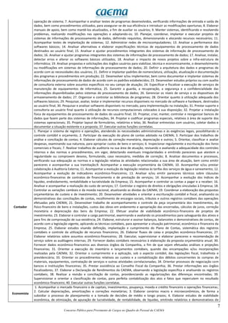 7
Concurso Público para Provimento de Cargos no Quadro de Pessoal da CAEMA
operação de sistema; 7. Acompanhar e analisar testes de programas desenvolvidos, verificando informações de entrada e saída de
dados, bem como procedimentos utilizados, para assegurar-se de sua eficiência e introduzir as modificações oportunas; 8. Elaborar
manuais de apoio, bem como mantê-los atualizados, a fim de auxiliar os usuários; 9. Manter sistemas, identificando e resolvendo
problemas, realizando modificações nas operações e adaptando-os; 10. Planejar, coordenar, implantar e executar projetos de
sistemas de informações de processamento de dados, definindo requisitos, dimensionando e alocando recursos necessários; 11.
Acompanhar testes de implantação de sistemas; 12. Administrar redes de microcomputadores; 13. Analisar a performance dos
softwares básicos; 14. Analisar alternativas e elaborar especificações técnicas de equipamentos de processamento de dados
destinados ao usuário final; 15. Analisar e ajustar procedimentos integrantes dos sistemas de informação de processamento de
dados; 16. Analisar e ajustar programas integrantes dos sistemas de informações de processamento de dados; 17. Analisar, instalar,
detectar erros e alterar os softwares básicos utilizados; 18. Analisar o impacto de novos projetos sobre a infra-estrutura de
informática; 19. Analisar propostas e solicitações dos órgãos usuários para viabilizar, técnica e economicamente, o desenvolvimento
ou modificações em sistemas de informações de processamento de dados; 20. Definir a arquitetura dos dados e programas de
acordo com as necessidades dos usuários; 21. Definir e implantar padrões de nomenclatura, utilização, atualização e documentação
dos programas e procedimentos em produção; 22. Desenvolver e/ou implementar, bem como documentar e implantar sistemas de
informações de processamento de dados de acordo com os padrões estabelecidos; 23. Desenvolver estudos próprios ou com auxílio
de consultoria externa sobre assuntos específicos no seu campo de atuação; 24. Especificar e fiscalizar a execução de serviços de
manutenção de equipamentos de informática; 25. Garantir a guarda, a recuperação, a segurança e a confidencialidade das
informações disponibilizadas pelos sistemas de processamento de dados; 26. Gerenciar os níveis de serviço e os dispositivos de
armazenamento de dados; 27. Organizar e controlar as bibliotecas de programas; 28. Orientar quanto à utilização adequada dos
softwares básicos; 29. Pesquisar, avaliar, testar e implementar recursos disponíveis no mercado de software e hardware, destinados
ao usuário final; 30. Pesquisar e analisar softwares disponíveis no mercado, para implementação na instalação; 31. Prestar suporte e
consultoria ao usuário final quanto à utilização de recursos computacionais colocados à sua disposição; 32. Projetar a instalação
física de equipamentos de processamento de dados do usuário final; 33. Projetar, criar, manter, controlar e reorganizar bancos de
dados que fazem parte dos sistemas de informações; 34. Projetar e codificar programas especiais, relativos à área de suporte dos
sistemas operacionais; 35. Projetar layout de formulários, relatórios e telas; 36. Realizar entrevistas com usuários, coletar dados e
documentar a situação existente e a proposta; 37. Executar outras funções correlatas.
Contador
1. Planejar o sistema de registro e operações, atendendo às necessidades administrativas e às exigências legais, possibilitando o
controle contábil e orçamento; 2. Participar da execução do plano de contas adotado na CAEMA; 3. Participar dos trabalhos de
análise e conciliação de contas; 4. Elaborar cálculos de correção monetária, depreciação e outros; 5. Orientar, classificar e avaliar
despesas, examinando sua natureza, para apropriar custos de bens e serviços; 6. Inspecionar regulamente a escrituração dos livros
comerciais e fiscais; 7. Realizar trabalhos de auditoria na sua área de atuação, revisando e avaliando a adequacidade dos controles
internos e das normas e procedimentos, em vigor, detectando eventuais irregularidades e emitindo pareceres que atestem a
regularidade ou comprovem desvios, formulando, caso necessário, medidas de correção; 8. Analisar documentos e processos,
verificando sua edequação as normas e a legislação relativa às atividades relacionadas a sua área de atuação, bem como emitir
pareceres e acompanhar a sua tramitação;9. Acompanhar a execução orçamentária da CAEMA; 10. Acompanhar e/ou prestar
colaboração à Auditoria Externa; 11. Acompanhar a evolução da legislação relativa às tarifas dos serviços de água e saneamento; 12.
Acompanhar a evolução de indicadores econômico-financeiros; 13. Analisar e/ou emitir pareceres técnicos sobre cláusulas
econômico-financeiras de contratos de financiamento e de prestação de serviços; 14. Acompanhar a evolução dos índices de
liquidez, endividamento, rentabilidade e lucratividade da Empresa; 15. Acompanhar e controlar as contas a pagar e a receber; 16.
Analisar e acompanhar a realização do custo de serviços; 17. Controlar o registro de direitos e obrigações vinculadas à Empresa; 18.
Controlar as variações cambiais e da moeda nacional, atualizando as dívidas da CAEMA; 19. Coordenar a elaboração das propostas
orçamentárias de custeio e de investimento; 20. Desenvolver atividades e orientar a escrituração contábil e fiscal, analisando os
demonstrativos das conciliações de contas, recolhimento de encargos sociais, tributos e outros registros contábeis das operações
efetuadas pela CAEMA; 21. Desenvolver trabalho de acompanhamento e controle da peça orçamentária dos investimentos, do
físico-financeiro de bens e instalações, custos das obras em andamento e apropriação das encerradas, cálculos de juros, correção
monetária e depreciação dos bens da Empresa; 22. Efetuar analise de viabilidade econômico-financeira de projetos de
investimento; 23. Elaborar e controlar a carga patrimonial, examinando e avaliando os procedimentos para salvaguarda dos ativos e
para fins de comprovação de sua existência; 24. Elaborar, estruturar e assinar balanços, balancetes e demonstrativos de contas, de
acordo com a legislação vigente, aplicando as técnicas contábeis, para apresentar a situação patrimonial, econômica e financeira da
Empresa; 25. Elaborar estudos visando definição, implantação e cumprimento do Plano de Contas, sistemática dos registros
contábeis e controle da utilização de recursos financeiros; 26. Elaborar fluxos de caixa e projeções econômico-financeiras; 27.
Elaborar relatórios sobre assuntos econômico-financeiros; 28. Executar, supervisionar e elaborar pareceres e recomendação de
serviço sobre as auditagens internas; 29. Fornecer dados contábeis necessários à elaboração da proposta orçamentária anual; 30.
Fornecer dados econômico-financeiros aos diversos órgãos da Companhia, a fim de que sejam efetuadas análises e projeções
financeiras; 31. Orientar a execução do inventário e lançamentos contábeis, quando das encampações e/ou incorporações
realizadas pela CAEMA; 32. Orientar o cumprimento e a aplicação, sob o aspecto contábil, das legislações fiscal, trabalhista e
previdenciária; 33. Orientar os procedimentos relativos ao custeio e a contabilização dos débitos concernentes às compras de
materiais, equipamentos, contratação de serviços e outras atividades correlacionadas; 34. Orientar processos de negociação com
bancos e instituições financeiras; 35. Prestar assistência ao Conselho Fiscal da Companhia; 36. Prestar informações aos órgãos
fiscalizadores; 37. Elaborar a Declaração de Rendimentos da CAEMA, observando a legislação específica e analisando os registros
contábeis; 38. Realizar a revisão e conciliação de contas, providenciando as regularizações das diferenças encontradas; 39.
Supervisionar e orientar a classificação de contas, para perfeita contabilização dos atos e fatos que repercutem no resultado
econômico-financeiro; 40. Executar outras funções correlatas.
Economista
1. Acompanhar o mercado financeiro e de capitais, investimentos, poupança, moeda e crédito financeiro e operações financeiras;
2. Calcular depreciações, amortizações e correções monetárias; 3. Elaborar cenários macro e microeconômicos, de forma a
subsidiar o processo de planejamento e a tomada de decisões de médio e longo prazos; 4. Elaborar estudos de viabilidade
econômica, de otimização, de apuração de lucratividade, de rentabilidade, de liquidez, emitindo relatórios e demonstrativos de
 
