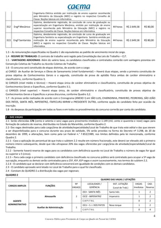 4
Concurso Público para Provimento de Cargos no Quadro de Pessoal da CAEMA
Engenharia Elétrica emitido por instituição de ensino superior reconhecida
pelo Ministério da Educação (MEC) e registro no respectivo Conselho de
Classe. Noções básicas em informática.
312 Engº Mecânico
Diploma, devidamente registrado, de conclusão de curso de graduação ou
especialização em Engenharia Mecânica, emitido por instituição de ensino
superior reconhecida pelo Ministério da Educação (MEC) e registro no
respectivo Conselho de Classe. Noções básicas em informática.
44 horas R$ 2.649,58 R$ 80,00
313 Engº Sanitarista
Diploma, devidamente registrado, de conclusão de curso de graduação em
Engenharia Sanitária ou especialização em Engenharia Sanitária emitido por
instituição de ensino superior reconhecida pelo Ministério da Educação
(MEC) e registro no respectivo Conselho de Classe. Noções básicas em
informática.
44 horas R$ 2.649,58 R$ 80,00
1.3 – As remunerações especificadas no Quadro 1 são equivalentes ao padrão de vencimento inicial do cargo.
1.4 - REGIME DE TRABALHO: O contrato de trabalho será regido pela Consolidação das Leis do Trabalho – CLT.
1.5 - VANTAGENS ADICIONAIS: Além do salário base, os candidatos classificados e contratados contarão com vantagens previstas em
Convenção Coletiva de Trabalho ou Acordo Coletivo de Trabalho.
1.6 - O concurso será constituído de etapas distintas, de acordo com o cargo:
a) CARGO de Auxiliar de Serviços e Obras de Saneamento (nível fundamental) – Haverá duas etapas, sendo a primeira constituída de
prova objetiva de Conhecimentos Gerais e a segunda, constituída de prova de aptidão física ambas de caráter eliminatório e
classificatório, conforme Quadros 3;
b) CARGOS (nível médio e técnico) – Haverá etapa única de caráter eliminatório e classificatório, constituída de provas objetiva de
Conhecimentos Gerais e Específicos, conforme Quadro 3.1;
c) CARGOS (nível superior) – Haverá etapa única, de caráter eliminatório e classificatório, constituída de provas objetiva de
Conhecimentos Gerais e Específicos e prova discursiva, conforme Quadro 3,2.
1.7 - As provas serão realizadas de acordo com o Cronograma (ANEXO I) em SÃO LUIS, CHAPADINHA, PINHEIRO, PEDREIRAS, SÃO JOÃO
DOS PATOS, SANTA INÊS, IMPERATRIZ, ITAPECURU-MIRIM e PRESIDENTE DUTRA, conforme opção do candidato feita por ocasião da
inscrição.
1.8 - As despesas da participação em todas as fases e em todos os procedimentos do concurso correrão por conta do candidato.
2 – DAS VAGAS
2.1- Serão oferecidas 176 (cento e setenta e seis) vagas para provimento imediato e 1.149 (mil, cento e quarenta e nove) vagas para
formação de cadastro de reserva, distribuídas no Estado do Maranhão, conforme Quadro 2.
2.2- Das vagas destinadas para cada cargo/área de atividade/especialidade/Local de Trabalho de que trata este edital e das que vierem
a ser disponibilizadas para o concurso durante seu prazo de validade, 5% serão providas na forma do Decreto nº 3.298, de 20 de
dezembro de 1999, e alterações, bem como pela Lei Federal n.° 7.853/1989, nos limites definidos pela lei mencionada, conforme
Quadro 2.
2.2.1 - Caso a aplicação do percentual de que trata o subitem 2.2 resulte em número fracionado, este deverá ser elevado até o primeiro
número inteiro subsequente, desde que não ultrapasse 20% das vagas oferecidas por cargo/área de atividade/especialidade/Local de
Trabalho.
2.2.2 - Somente haverá reserva de vagas para os candidatos com deficiência quando no Local de Trabalho o número de vagas for igual
ou superior a 5 (cinco).
2.2.3 – Para cada cargo o primeiro candidato com deficiência classificado no concurso público será contratado para ocupar a 5ª vaga de
sua opção, enquanto os demais serão contratados para a 25ª, 45ª, 65ª vagas e assim sucessivamente, nos termos do subitem 2.2.
2.2.4 - O candidato que se declarar com deficiência concorrerá em igualdade de condições com os demais candidatos.
2.3 - O candidato aprovado será lotado no Local de Trabalho para o qual foi classificado.
2.4 - Constam do QUADRO 2 a distribuição das vagas por regionais:
QUADRO 2
QUADRO DAS VAGAS / LOTAÇÕES
CARGOS AMPLOS FUNÇÕES
Nº
VAGA(S)
LOCALIDADE /
GERÊNCIA
SIST. LOTAÇÃO
(Local de Trab.)
VAGAS
Imediatas
CAD.
Reserva
AGENTE
ADMINISTRATIVO
Almoxarife 2
OCII - SANTA INÊS Santa Inês 1 2
OCIZ - IMPERATRIZ Imperatriz 1 2
C A P I T A L 0 2
Auxiliar de Administração 1
OCIJ – S. J. DOS PATOS Nova Iorque 1 2
C A P I T A L 0 4
 
