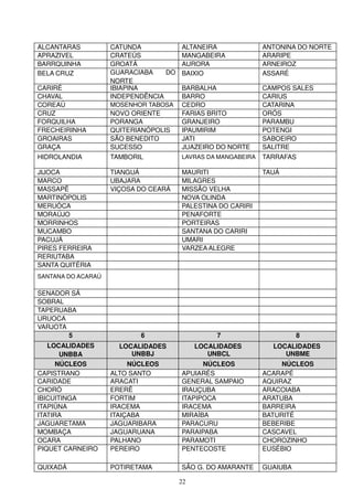 ALCANTARAS          CATUNDA            ALTANEIRA              ANTONINA DO NORTE
APRAZIVEL           CRATEÚS            MANGABEIRA             ARARIPE
BARRQUINHA          GROATÁ             AURORA                 ARNEIROZ
BELA CRUZ           GUARACIABA    DO   BAIXIO                 ASSARÉ
                    NORTE
CARIRÉ              IBIAPINA           BARBALHA               CAMPOS SALES
CHAVAL              INDEPENDÊNCIA      BARRO                  CARIUS
COREAÚ              MOSENHOR TABOSA    CEDRO                  CATARINA
CRUZ                NOVO ORIENTE       FARIAS BRITO           ORÓS
FORQUILHA           PORANGA            GRANJEIRO              PARAMBU
FRECHEIRINHA        QUITERIANÓPOLIS    IPAUMIRIM              POTENGI
GROAIRAS            SÃO BENEDITO       JATI                   SABOEIRO
GRAÇA               SUCESSO            JUAZEIRO DO NORTE      SALITRE
HIDROLANDIA         TAMBORIL           LAVRAS DA MANGABEIRA   TARRAFAS

JIJOCA              TIANGUÁ            MAURITI                TAUÁ
MARCO               UBAJARA            MILAGRES
MASSAPÊ             VIÇOSA DO CEARÁ    MISSÃO VELHA
MARTINÓPOLIS                           NOVA OLINDA
MERUÓCA                                PALESTINA DO CARIRI
MORAÚJO                                PENAFORTE
MORRINHOS                              PORTEIRAS
MUCAMBO                                SANTANA DO CARIRI
PACUJÁ                                 UMARI
PIRES FERREIRA                         VARZEA ALEGRE
RERIUTABA
SANTA QUITÉRIA
SANTANA DO ACARAÚ

SENADOR SÁ
SOBRAL
TAPERUABA
URUOCA
VARJOTA
        5                  6                     7                      8
   LOCALIDADES        LOCALIDADES           LOCALIDADES         LOCALIDADES
       UNBBA             UNBBJ                 UNBCL               UNBME
      NÚCLEOS            NÚCLEOS             NÚCLEOS               NÚCLEOS
CAPISTRANO          ALTO SANTO         APUIARÉS               ACARAPÉ
CARIDADE            ARACATI            GENERAL SAMPAIO        AQUIRAZ
CHORÓ               ERERÊ              IRAUÇUBA               ARACOIABA
IBICUITINGA         FORTIM             ITAPIPOCA              ARATUBA
ITAPIÚNA            IRACEMA            IRACEMA                BARREIRA
ITATIRA             ITAIÇABA           MIRAÍBA                BATURITÉ
JAGUARETAMA         JAGUARIBARA        PARACURU               BEBERIBE
MOMBAÇA             JAGUARUANA         PARAIPABA              CASCAVEL
OCARA               PALHANO            PARAMOTI               CHOROZINHO
PIQUET CARNEIRO     PEREIRO            PENTECOSTE             EUSÉBIO

QUIXADÁ             POTIRETAMA         SÃO G. DO AMARANTE     GUAIUBA

                                       22
 