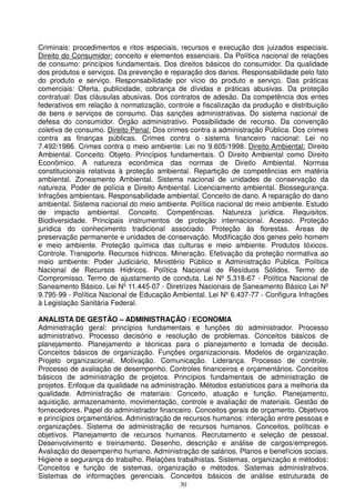 Criminais: procedimentos e ritos especiais, recursos e execução dos juizados especiais.
Direito do Consumidor: conceito e elementos essenciais. Da Política nacional de relações
de consumo: princípios fundamentais. Dos direitos básicos do consumidor. Da qualidade
dos produtos e serviços. Da prevenção e reparação dos danos. Responsabilidade pelo fato
do produto e serviço. Responsabilidade por vício do produto e serviço. Das práticas
comerciais: Oferta, publicidade, cobrança de dívidas e práticas abusivas. Da proteção
contratual: Das cláusulas abusivas. Dos contratos de adesão. Da competência dos entes
federativos em relação à normatização, controle e fiscalização da produção e distribuição
de bens e serviços de consumo. Das sanções administrativas. Do sistema nacional de
defesa do consumidor. Órgão administrativo. Possibilidade de recurso. Da convenção
coletiva de consumo. Direito Penal: Dos crimes contra a administração Pública. Dos crimes
contra as finanças públicas. Crimes contra o sistema financeiro nacional: Lei no
7.492/1986. Crimes contra o meio ambiente: Lei no 9.605/1998. Direito Ambiental: Direito
Ambiental. Conceito. Objeto. Princípios fundamentais. O Direito Ambiental como Direito
Econômico. A natureza econômica das normas de Direito Ambiental. Normas
constitucionais relativas à proteção ambiental. Repartição de competências em matéria
ambiental. Zoneamento Ambiental. Sistema nacional de unidades de conservação da
natureza. Poder de polícia e Direito Ambiental. Licenciamento ambiental. Biossegurança.
Infrações ambientais. Responsabilidade ambiental. Conceito de dano. A reparação do dano
ambiental. Sistema nacional do meio ambiente. Política nacional do meio ambiente. Estudo
de impacto ambiental. Conceito. Competências. Natureza jurídica. Requisitos.
Biodiversidade. Principais instrumentos de proteção internacional. Acesso. Proteção
jurídica do conhecimento tradicional associado. Proteção às florestas. Áreas de
preservação permanente e unidades de conservação. Modificação dos genes pelo homem
e meio ambiente. Proteção química das culturas e meio ambiente. Produtos tóxicos.
Controle. Transporte. Recursos hídricos. Mineração. Efetivação da proteção normativa ao
meio ambiente: Poder Judiciário, Ministério Público e Administração Pública. Política
Nacional de Recursos Hídricos. Política Nacional de Resíduos Sólidos. Termo de
Compromisso. Termo de ajustamento de conduta. Lei Nº 5.318-67 - Política Nacional de
Saneamento Básico. Lei Nº 11.445-07 - Diretrizes Nacionais de Saneamento Básico Lei Nº
9.795-99 - Política Nacional de Educação Ambiental. Lei Nº 6.437-77 - Configura Infrações
à Legislação Sanitária Federal.

ANALISTA DE GESTÃO – ADMINISTRAÇÃO / ECONOMIA
Administração geral: princípios fundamentais e funções do administrador. Processo
administrativo. Processo decisório e resolução de problemas. Conceitos básicos de
planejamento. Planejamento e técnicas para o planejamento e tomada de decisão.
Conceitos básicos de organização. Funções organizacionais. Modelos de organização.
Projeto organizacional. Motivação. Comunicação. Liderança. Processo de controle.
Processo de avaliação de desempenho. Controles financeiros e orçamentários. Conceitos
básicos de administração de projetos. Princípios fundamentais de administração de
projetos. Enfoque da qualidade na administração. Métodos estatísticos para a melhoria da
qualidade. Administração de materiais: Conceito, atuação e função. Planejamento,
aquisição, armazenamento, movimentação, controle e avaliação de materiais. Gestão de
fornecedores. Papel do administrador financeiro. Conceitos gerais de orçamento. Objetivos
e princípios orçamentários. Administração de recursos humanos: interação entre pessoas e
organizações. Sistema de administração de recursos humanos. Conceitos, políticas e
objetivos. Planejamento de recursos humanos. Recrutamento e seleção de pessoal.
Desenvolvimento e treinamento. Desenho, descrição e análise de cargos/empregos.
Avaliação do desempenho humano. Administração de salários. Planos e benefícios sociais.
Higiene e segurança do trabalho. Relações trabalhistas. Sistemas, organização e métodos:
Conceitos e função de sistemas, organização e métodos. Sistemas administrativos.
Sistemas de informações gerenciais. Conceitos básicos de análise estruturada de
                                           30
 