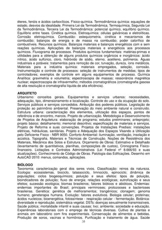 éteres, fenóis e ácidos carboxílicos. Físico-química. Termodinâmica química: equações de
estado, desvios da idealidade. Primeira Lei da Termodinâmica. Termoquímica. Segunda Lei
da Termodinâmica. Terceira Lei da Termodinâmica: potencial químico, equilíbrio químico.
Equilíbrio entre fases. Cinética química. Eletroquímica: células galvânicas e eletrolíticas.
Corrosão eletroquímica. Combustão: estequiometria, cinética e mecanismos de
combustão; balanços de energia e de massa na combustão; poder calorífico de
combustíveis. Recursos químicos. Balanços materiais e balanços energéticos com e sem
reações químicas. Aplicações de balanços materiais e energéticos aos processos
químicos. Fluxograma de processos. Produtos químicos fundamentais: matérias-primas e
utilidades para a obtenção de alguns produtos químicos orgânicos e inorgânicos: ácido
nítrico, ácido sulfúrico, cloro, hidróxido de sódio, eterno, acetileno, polímeros. Águas
industriais e potáveis: tratamentos para remoção de cor, turvação, dureza, íons metálicos.
Materiais para a indústria química: materiais empregados, seleção, corrosão.
Instrumentação e controle de processos: seleção de instrumentos de medidas; tipos de
controladores; exemplos de controle em alguns equipamentos de processo. Química
Analítica: gravimetria e volumetria; espectroscopia de massas; ressonância magnética
nuclear; espectroscopia de infravermelho; métodos cromatográficos (cromatografia gasosa
de alta resolução e cromatografia líquida de alta eficiência).

ARQUITETO
Urbanismo: conceitos gerais. Equipamentos e serviços urbanos: necessidades,
adequação, tipo, dimensionamento e localização. Controle do uso e da ocupação do solo.
Serviços públicos e serviços concedidos. Atribuição dos poderes públicos. Legislação de
proteção ao patrimônio ambiental. Preservação do meio ambiente natural e construído.
Estrutura urbana: caracterização dos elementos, utilização dos espaços, pontos de
referência e de encontro, marcos. Projeto de urbanização. Metodologia e Desenvolvimento
de Projetos de Arquitetura: elaboração de programa; estudos preliminares; anteprojeto;
projeto básico; detalhamento; memorial descritivo; especificação de materiais e serviços.
Projeto de Reforma e suas convenções. Projetos de Instalações Prediais: instalações
elétricas, hidráulicas, sanitárias. Projeto e Adequação dos Espaços Visando a Utilização
pelo Deficiente Físico - NBR 9050. Conforto Ambiental: iluminação, ventilação, insolação e
acústica. Topografia. Materiais e Técnicas de Construção. Noções de Resistência dos
Materiais, Mecânica dos Solos e Estrutura. Orçamento de Obras: Estimativo e Detalhado
(levantamento de quantitativos, planilhas, composições de custos), Cronograma Físico-
financeiro. Licitações e Contratos Administrativos (Lei Federal nº 8.666/93 e suas
atualizações). Conhecimento de Código de Obras. Patologia das Edificações. Desenho em
AutoCAD 2010: menus, comandos, aplicações.

BIÓLOGO
Taxonomia: caracterização geral dos seres vivos. Classificação: reinos da natureza.
Ecologia: ecossistemas, biociclo, talassociclo, limnociclo, epinociclo; dinâmica de
populações; ciclos biogeoquímicos; poluição e seus efeitos: tipos de poluição,
bioindicadores de poluição; fluxo de energia; relações ecológicas; eutrofização e seus
efeitos; sucessão ecológica; biomas brasileiros; fatores bióticos e abióticos. Endemias:
endemias importantes do Brasil; principais verminoses; protozooses e bacterioses
brasileiras. Genética: genética de melhoramentos; trangênicos; clonagem; genoma
humano; geneterapia humana. Evolução: fatores evolutivos. Biologia celular; proteínas;
ácidos nucleicos; bioenergética, fotossíntese - respiração celular - fermentação. Botânica:
diversidade e reprodução; sistemática vegetal. DSTs: doenças sexualmente transmissíveis.
Saúde pública; mortalidade infantil e suas causas; lixo; ambiente; sociedade e educação.
Experiências laboratoriais com o emprego de técnicas diversas. Cultivo de plantas e
animais em laboratório com fins experimentais. Conservação de alimentos e bebidas.
Produção de soros, vacinas e hormônios. Purificação e tratamento de água. Saúde
                                            35
 
