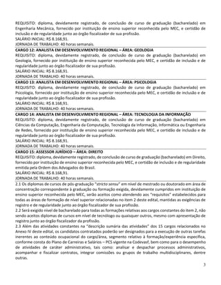 3
REQUISITO: diploma, devidamente registrado, de conclusão de curso de graduação (bacharelado) em
Engenharia Mecânica, fornecido por instituição de ensino superior reconhecida pelo MEC, e certidão de
inclusão e de regularidade junto ao órgão fiscalizador de sua profissão.
SALÁRIO INICIAL: R$ 8.168,91.
JORNADA DE TRABALHO: 40 horas semanais.
CARGO 12: ANALISTA EM DESENVOLVIMENTO REGIONAL – ÁREA: GEOLOGIA
REQUISITO: diploma, devidamente registrado, de conclusão de curso de graduação (bacharelado) em
Geologia, fornecido por instituição de ensino superior reconhecida pelo MEC, e certidão de inclusão e de
regularidade junto ao órgão fiscalizador de sua profissão.
SALÁRIO INICIAL: R$ 8.168,91.
JORNADA DE TRABALHO: 40 horas semanais.
CARGO 13: ANALISTA EM DESENVOLVIMENTO REGIONAL – ÁREA: PSICOLOGIA
REQUISITO: diploma, devidamente registrado, de conclusão de curso de graduação (bacharelado) em
Psicologia, fornecido por instituição de ensino superior reconhecida pelo MEC, e certidão de inclusão e de
regularidade junto ao órgão fiscalizador de sua profissão.
SALÁRIO INICIAL: R$ 8.168,91.
JORNADA DE TRABALHO: 40 horas semanais.
CARGO 14: ANALISTA EM DESENVOLVIMENTO REGIONAL – ÁREA: TECNOLOGIA DA INFORMAÇÃO
REQUISITO: diploma, devidamente registrado, de conclusão de curso de graduação (bacharelado) em
Ciências da Computação, Engenharia da Computação, Tecnologia da Informação, Informática ou Engenharia
de Redes, fornecido por instituição de ensino superior reconhecida pelo MEC, e certidão de inclusão e de
regularidade junto ao órgão fiscalizador de sua profissão.
SALÁRIO INICIAL: R$ 8.168,91.
JORNADA DE TRABALHO: 40 horas semanais.
CARGO 15: ASSESSOR JURÍDICO – ÁREA: DIREITO
REQUISITO: diploma, devidamente registrado, de conclusão de curso de graduação (bacharelado) em Direito,
fornecido por instituição de ensino superior reconhecida pelo MEC, e certidão de inclusão e de regularidade
emitida pela Ordem dos Advogados do Brasil.
SALÁRIO INICIAL: R$ 8.168,91.
JORNADA DE TRABALHO: 40 horas semanais.
2.1 Os diplomas de cursos de pós-graduação “stricto sensu” em nível de mestrado ou doutorado em área de
concentração correspondente à graduação ou formação exigida, devidamente cumpridos em instituição de
ensino superior reconhecida pelo MEC, serão aceitos como atendendo aos “requisitos” estabelecidos para
todas as áreas de formação de nível superior relacionadas no item 2 deste edital, mantidas as exigências de
registro e de regularidade junto ao órgão fiscalizador de sua profissão.
2.2 Será exigido nível de bacharelado para todas as formações relativas aos cargos constantes do item 2, não
sendo aceitos diplomas de cursos em nível de tecnólogo ou quaisquer outros, mesmo com apresentação de
registro junto ao órgão fiscalizador da profissão.
2.3 Além das atividades constantes na “descrição sumária das atividades” dos 15 cargos relacionados no
Anexo IV deste edital, os candidatos contratados poderão ser designados para a execução de outras tarefas
inerentes ao conteúdo ocupacional do cargo/área, segmento relativo à formação/experiência específica,
conforme consta do Plano de Carreiras e Salários – PCS vigente na Codevasf, bem como para o desempenho
de atividades de caráter administrativo, tais como: analisar e despachar processos administrativos,
acompanhar e fiscalizar contratos, integrar comissões ou grupos de trabalho multidisciplinares, dentre
outras.
 