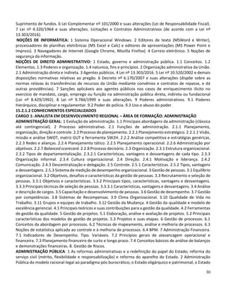 30
Suprimento de fundos. 6 Lei Complementar nº 101/2000 e suas alterações (Lei de Responsabilidade Fiscal).
7 Lei nº 4.320/1964 e suas alterações. Licitações e Contratos Administrativos (de acordo com a Lei nº
13.303/2016).
NOÇÕES DE INFORMÁTICA: 1 Sistema Operacional Windows. 2 Editores de texto (MSWord e Writer),
processadores de planilhas eletrônicas (MS Excel e Calc) e editores de apresentações (MS Power Point e
Impress). 3 Navegadores de Internet (Google Chrome, Mozilla Firefox). 4 Correio eletrônico. 5 Noções de
segurança da informação.
NOÇÕES DE DIREITO ADMINISTRATIVO: 1 Estado, governo e administração pública. 1.1 Conceitos. 1.2
Elementos. 1.3 Poderes e organização. 1.4 natureza, fins e princípios. 2 Organização administrativa da União.
2.1 Administração direta e indireta. 3 Agentes públicos. 4 Lei nº 13.303/2016. 5 Lei nº 10.520/2002 e demais
disposições normativas relativas ao pregão. 6 Decreto nº 6.170/2007 e suas alterações (dispõe sobre as
normas relavas às transferências de recursos da União mediante convênios e contratos de repasse, e dá
outras providências). 7 Sanções aplicáveis aos agentes públicos nos casos de enriquecimento ilícito no
exercício de mandato, cargo, emprego ou função na administração pública direta, indireta ou fundacional
(Lei nº 8.429/1992). 8 Lei nº 9.784/1999 e suas alterações. 9 Poderes administrativos. 9.1 Poderes
hierárquico, disciplinar e regulamentar. 9.2 Poder de polícia. 9.3 Uso e abuso do poder.
15.2.1.2 CONHECIMENTOS ESPECIALIZADOS
CARGO 1: ANALISTA EM DESENVOLVIMENTO REGIONAL – ÁREA DE FORMAÇÃO: ADMINISTRAÇÃO
ADMINISTRAÇÃO GERAL: 1 Evolução da administração. 1.1 Principais abordagens da administração (clássica
até contingencial). 2 Processo administrativo. 2.1 Funções de administração. 2.1.1 Planejamento,
organização, direção e controle. 2.2 Processo de planejamento. 2.2.1 Planejamento estratégico. 2.2.1.1 Visão,
missão e análise SWOT, matriz GUT e ferramenta 5W2H. 2.2.2 Análise competitiva e estratégias genéricas.
2.2.3 Redes e alianças. 2.2.4 Planejamento tático. 2.2.5 Planejamento operacional. 2.2.6 Administração por
objetivos. 2.2.7 Balanced scorecard. 2.2.8 Processo decisório. 2.3 Organização. 2.3.1 Estrutura organizacional.
2.3.2 Tipos de departamentalização. 2.3.2.1 Características, vantagens e desvantagens de cada tipo. 2.3.3
Organização informal. 2.3.4 Cultura organizacional. 2.4 Direção. 2.4.1 Motivação e liderança. 2.4.2
Comunicação. 2.4.3 Descentralização e delegação. 2.5 Controle. 2.5.1 Características. 2.5.2 Tipos, vantagens
e desvantagens. 2.5.3 Sistema de medição de desempenho organizacional. 3 Gestão de pessoas. 3.1 Equilíbrio
organizacional. 3.2 Objetivos, desafios e características da gestão de pessoas. 3.3 Recrutamento e seleção de
pessoas. 3.3.1 Objetivos e características. 3.3.2 Principais tipos, características, vantagens e desvantagens.
3.3.3 Principais técnicas de seleção de pessoas. 3.3.3.1 Características, vantagens e desvantagens. 3.4 Análise
e descrição de cargos. 3.5 Capacitação e desenvolvimento de pessoas. 3.6 Gestão de desempenho. 3.7 Gestão
por competências. 3.8 Sistemas de Recompensas. 3.9 Clima Organizacional. 3.10 Qualidade de Vida no
Trabalho. 3.11 Grupos e equipes de trabalho. 3.12 Gestão da Mudança. 4 Gestão da qualidade e modelo de
excelência gerencial. 4.1 Principais teóricos e suas contribuições para a gestão da qualidade. 4.2 Ferramentas
de gestão da qualidade. 5 Gestão de projetos. 5.1 Elaboração, análise e avaliação de projetos. 5.2 Principais
características dos modelos de gestão de projetos. 5.3 Projetos e suas etapas. 6 Gestão de processos. 6.1
Conceitos da abordagem por processos. 6.2 Técnicas de mapeamento, análise e melhoria de processos. 6.3
Noções de estatística aplicada ao controle e à melhoria de processos. 6.4 BPM. 7 Administração Financeira.
7.1 Indicadores de Desempenho. Tipo. Variáveis. 7.2 Princípios gerais de alavancagem operacional e
financeira. 7.3 Planejamento financeiro de curto e longo prazo. 7.4 Conceitos básicos de análise de balanços
e demonstrações financeiras. 8. Gestão de Riscos.
ADMINISTRAÇÃO PÚBLICA: 1 As reformas administrativas e a redefinição do papel do Estado; reforma do
serviço civil (mérito, flexibilidade e responsabilização) e reforma do aparelho do Estado. 2 Administração
Pública do modelo racional-legal ao paradigma pós-burocrático; o Estado oligárquico e patrimonial, o Estado
 