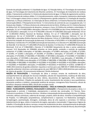 36
Controle de poluição ambiental. 4.1 Qualidade da água. 4.2 Poluição hídrica. 4.3 Tecnologias de tratamento
de água. 4.4 Tecnologias de tratamento de efluentes sanitários. 4.5 Tecnologias de tratamento de resíduos
sólidos. 5 Saneamento ambiental. 5.1 Sistema de abastecimento de água. 5.2 Rede de esgotamento sanitário.
5.3 Gerenciamento de resíduos sólidos. 5.3.1 Acondicionamento, coleta, transporte, tratamento e destinação
final. 5.4 Drenagem urbana (micro e macro). 6 Planejamento e gestão ambiental. 6.1 Avaliação de impactos
ambientais. 6.2 Riscos ambientais. 6.3 Valoração de danos ambientais. 6.4 Sistema Nacional de Unidades de
Conservação (SNUC). 7 Planejamento territorial. 7.1 Instrumentos de controle do uso e ocupação do solo. 7.2
Estatuto das Cidades. 7.3 Planos diretores de ordenamento do território. 8 Defesa civil. 8.1 Sistema Nacional
de Defesa Civil. 8.2 Gerenciamento de desastres, ameaças e riscos. 8.3 Política de combate a calamidades. 9
Legislação. 9.1 Lei nº 9.605/1998 e alterações e Decreto nº 6.514/2008 (Lei dos Crimes Ambientais). 9.2 Lei
nº 12.651/2012 e alterações. 9.3 Lei nº 9.795/1999 e Decreto nº 4.281/2002 (Educação Ambiental). 9.4 Lei
nº 12.305/2010 (Política Nacional de Resíduos Sólidos). 9.5 Lei nº 7.802/1989 e alterações (Lei de
Agrotóxicos). 9.6 Lei nº 9.433/1997 e alterações (Política Nacional de Recursos Hídricos). 9.7 Lei nº
6.938/1981 e alterações (Política Nacional do Meio Ambiente). 9.8 Lei nº 9.985/2000 e alterações (Sistema
Nacional de Unidades de Conservação da Natureza). 9.9 Decretos nº 875/1993 e nº 4.581/2003 (Convenção
de Basileia). 9.10 Decreto nº 5.472/2005 (Convenção de Estocolmo). 9.11 Decreto nº 5.360/2005 (Convenção
de Roterdã). 9.12 Decreto nº 5.445/2005 (Protocolo de Quioto). 9.13 Decreto nº 2.699/1998 (Protocolo de
Montreal). 9.14 Lei nº 9.966/2000 e Decreto nº 4.136/2002 (lançamento de óleo e outras substâncias
nocivas). 9.15 Resoluções do CONAMA atinentes ao tema gestão, proteção e controle da qualidade
ambiental: nº 1/1986 e alterações; nº 18/1986 e alterações; nº 5/1989 e alterações; nº 2/1990; nº 2/1991;
nº 6/1991; nº 5/1993 e alterações; nº 24/1994; nº 23/1996 e alterações; nº 237/1997; nº 267/2000 e
alterações; nº 275/2001; nº 302/2002; nº 303/2002; nº 307/2002 e alterações; nº 313/2002; nº 316/2002 e
suas alterações; nº 357/2005 e alterações; nº 358/2005; nº 362/2005 e suas alterações; nº 369/2006; nº
371/2006; nº 375/2006 e suas alterações; nº 377/2006; nº 380/2006; nº 396/2008; nº 401/2008 e alterações;
nº 403/2008; nº 404/2008; nº 410/2009; nº 412/2009; nº 413/2009; nº 414/2009; nº 415/2009 e alterações;
nº 416/2009; nº 418/2009 e alterações; nº 420/2009; nº 422/2010; nº 424/2010; nº 2/2012. 10 NBR ISO nº
14001:2015 (sistemas de gestão ambiental: requisitos e normas para uso); NBR ISO nº 14004:2018 (sistemas
de gestão ambiental: diretrizes e princípios gerais de uso); NBR ISO nº 19011:2018 (diretrizes para auditoria
de sistema de gestão). 10 Licenciamento Ambiental / Direito Ambiental.
NOÇÕES DE FISCALIZAÇÃO: 1 Fiscalização de obras e serviços; ensaios de recebimento da obra;
acompanhamento da aplicação de recursos (medições, cálculos de reajustamento, mudança de data base,
emissão de fatura); documentação da obra: diários, documentos de legalização, ARTs; recebimento
(provisório e definitivo). 2 Noções de avaliação de custos; levantamento dos serviços e seus quantitativos;
orçamento analítico e sintético; composição analítica de serviços; cronograma físico financeiro; cálculo do
benefício e despesas indiretas (BDI); cálculo dos encargos sociais.
CARGO 7: ANALISTA EM DESENVOLVIMENTO REGIONAL – ÁREA DE FORMAÇÃO: ENGENHARIA CIVIL
OBRAS ‐ PLANEJAMENTO, NORMAS, FISCALIZAÇÃO E LEGISLAÇÃO: 1 Planejamento de projetos e obras. 1.1
Programação e controle. 2 Viabilidade, planejamento e controle das construções. 2.1 Técnico, físico‐
financeiro e econômico. 2.2 Normas técnicas. 3 Análise e interpretação de documentação técnica. 3.1 Editais,
contratos, aditivos contratuais, cadernos de encargos, projetos, diário de obras. 4 Análise e Compatibilização
de Projetos. 4.1 Edificações (arquitetônicos, complementares e especiais). 4.2 Rodoviárias (sondagem,
terraplenagem, pavimentação, drenagem, sinalização, obras de arte especiais e correntes). 4.3 Hídricas
(abastecimento de água, coleta e tratamento de esgoto, operação e manutenção). 5 Segurança e higiene do
trabalho. 6 Fiscalização de obras e serviços; ensaios de recebimento da obra; acompanhamento da aplicação
de recursos (medições, cálculos de reajustamento, mudança de data base, emissão de fatura); documentação
 
