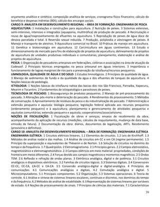 39
orçamento analítico e sintético; composição analítica de serviços; cronograma físico financeiro; cálculo do
benefício e despesas indiretas (BDI); cálculo dos encargos sociais.
CARGO 9: ANALISTA EM DESENVOLVIMENTO REGIONAL – ÁREA DE FORMAÇÃO: ENGENHARIA DE PESCA
AQUICULTURA: 1 Instalações e construções para aquicultura. 2 Nutrição de peixes. 3 Sistemas extensivo,
semi-intensivo, intensivo e integrados (aquaponia, multitrófica) de produção de pescado. 4 Recirculação e
reuso de água/reaproveitamento de efluentes na aquicultura. 5 Reprodução de peixes de água doce de
desova parcelada e total. 6 Reversão sexual induzida. 7 Produção, poliploidia e alevinagem de peixes. 8
Manejo e transporte de alevinos. 9 Aquicultura comercial no Brasil. 10 Práticas de manejo em aquicultura.
11 Genética e biotecnologia em aquicultura. 12 Carcinicultura em águas continentais. 13 Estudo e
dimensionamento de mercado para fins de elaboração de projetos de aquicultura; delineamento de projetos
de aquicultura de unidades produtivas individuais e comunitárias; planejamento, elaboração e análise de
projetos de aquicultura.
PESCA: 1 Organização de pescadores artesanais em federações, colônias e associações na área de atuação da
Codevasf. 2 Principais técnicas empregadas na pesca artesanal em águas interiores. 3 Importância e
funcionamento de lagoas marginais de rios para a preservação da ictiofauna/recursos pesqueiros.
LIMNOLOGIA, QUALIDADE DE ÁGUA E DO SOLO: 1 Estudos limnológicos. 2 Princípios de qualidade de água.
3 Manejo de sedimentos de fundo e da qualidade da água e dos efluentes de tanques de aquicultura. 4
Noções básicas de pedologia.
ICTIOLOGIA: 1 Noções básicas da ictiofauna nativa das bacias dos rios São Francisco, Parnaíba, Itapecuru,
Mearim e Tocantins. 2 Fundamentos de ictiopatologia e parasitoses de peixes.
TECNOLOGIA DE PESCADO: 1 Biossegurança de produtos pesqueiros. 2 Manejo de pré-processamento do
pescado. 3 Alterações pós-morte e deterioração do pescado. 4 Rendimentos do processamento. 5 Métodos
de conservação. 6 Aproveitamento de resíduos da pesca e da industrialização do pescado. 7 Administração e
extensão pesqueira e aquícola: biologia pesqueira; legislação federal aplicada aos recursos pesqueiros
(ordenamento pesqueiro) e à aquicultura; planejamento e gerenciamento de atividades pesqueiras e
aquícolas comunitárias; extensão pesqueira e aquícola; cooperativismo/associativismo.
NOÇÕES DE FISCALIZAÇÃO: 1 Fiscalização de obras e serviços; ensaios de recebimento da obra;
acompanhamento da aplicação de recursos (medições, cálculos de reajustamento, mudança de data base,
emissão de fatura). 2 Documentação da obra: diários, documentos de legalização, ARTs. Recebimento
(provisório e definitivo).
CARGO 10: ANALISTA EM DESENVOLVIMENTO REGIONAL – ÁREA DE FORMAÇÃO: ENGENHARIA ELÉTRICA
ENGENHARIA ELÉTRICA: 1 Circuitos elétricos lineares. 1.1 Elementos de circuitos. 1.2 Leis de Kirchhoff. 1.3
Métodos de análise nodal e das malhas. 1.4 Análise de circuitos em CC e em CA (regime permanente). 1.5
Princípio da superposição e equivalentes de Thévenin e de Norton. 1.6 Solução de circuitos no domínio do
tempo e da frequência. 1.7 Quadripolos. 2 Eletromagnetismo. 2.1 Princípios gerais. 2.2 Campos eletrostático,
magnetostático e eletromagnetostático. 2.3 Campos elétricos em meio material: propriedades, condições de
fronteira em meios diferentes. 2.4 Forças devido aos campos magnéticos e momentos magnéticos. 2.5 Ondas
TEM. 2.6 Reflexão e refração de ondas planas. 3 Eletrônica analógica, digital e de potência. 3.1 Circuitos
analógicos e dispositivos eletrônicos. 3.2 Famílias de circuitos lógicos. 3.3 Sistemas digitais. 3.4 Conversores
CC-CC, CC-CA, CA-CC e CA-CA. 3.5 Conversão analógica-digital e digital-analógica. 4 Princípios de
comunicações. 4.1 Comunicações analógicas e digitais. 4.2 Comutação analógica e digital. 5
Microcomputadores. 5.1 Principais componentes. 5.2 Organização. 5.3 Sistemas operacionais. 6 Teoria de
controle. 6.1 Análise e síntese de sistemas lineares escalares, contínuos e discretos, nos domínios do tempo
e da frequência. 6.2 Métodos de análise de estabilidade. 6.3 Representação de sistemas lineares por variáveis
de estado. 6.4 Noções de processamento de sinais. 7 Princípios de ciências dos materiais. 7.1 Características
 