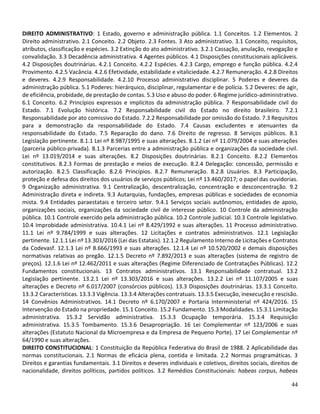 44
DIREITO ADMINISTRATIVO: 1 Estado, governo e administração pública. 1.1 Conceitos. 1.2 Elementos. 2
Direito administrativo. 2.1 Conceito. 2.2 Objeto. 2.3 Fontes. 3 Ato administrativo. 3.1 Conceito, requisitos,
atributos, classificação e espécies. 3.2 Extinção do ato administrativo. 3.2.1 Cassação, anulação, revogação e
convalidação. 3.3 Decadência administrativa. 4 Agentes públicos. 4.1 Disposições constitucionais aplicáveis.
4.2 Disposições doutrinárias. 4.2.1 Conceito. 4.2.2 Espécies. 4.2.3 Cargo, emprego e função pública. 4.2.4
Provimento. 4.2.5 Vacância. 4.2.6 Efetividade, estabilidade e vitaliciedade. 4.2.7 Remuneração. 4.2.8 Direitos
e deveres. 4.2.9 Responsabilidade. 4.2.10 Processo administrativo disciplinar. 5 Poderes e deveres da
administração pública. 5.1 Poderes: hierárquico, disciplinar, regulamentar e de polícia. 5.2 Deveres: de agir,
de eficiência, probidade, de prestação de contas. 5.3 Uso e abuso do poder. 6 Regime jurídico-administrativo.
6.1 Conceito. 6.2 Princípios expressos e implícitos da administração pública. 7 Responsabilidade civil do
Estado. 7.1 Evolução histórica. 7.2 Responsabilidade civil do Estado no direito brasileiro. 7.2.1
Responsabilidade por ato comissivo do Estado. 7.2.2 Responsabilidade por omissão do Estado. 7.3 Requisitos
para a demonstração da responsabilidade do Estado. 7.4 Causas excludentes e atenuantes da
responsabilidade do Estado. 7.5 Reparação do dano. 7.6 Direito de regresso. 8 Serviços públicos. 8.1
Legislação pertinente. 8.1.1 Lei nº 8.987/1995 e suas alterações. 8.1.2 Lei nº 11.079/2004 e suas alterações
(parceria público-privada). 8.1.3 Parcerias entre a administração pública e organizações da sociedade civil.
Lei nº 13.019/2014 e suas alterações. 8.2 Disposições doutrinárias. 8.2.1 Conceito. 8.2.2 Elementos
constitutivos. 8.2.3 Formas de prestação e meios de execução. 8.2.4 Delegação: concessão, permissão e
autorização. 8.2.5 Classificação. 8.2.6 Princípios. 8.2.7 Remuneração. 8.2.8 Usuários. 8.3 Participação,
proteção e defesa dos direitos dos usuários de serviços públicos; Lei nº 13.460/2017; o papel das ouvidorias.
9 Organização administrativa. 9.1 Centralização, descentralização, concentração e desconcentração. 9.2
Administração direta e indireta. 9.3 Autarquias, fundações, empresas públicas e sociedades de economia
mista. 9.4 Entidades paraestatais e terceiro setor. 9.4.1 Serviços sociais autônomos, entidades de apoio,
organizações sociais, organizações da sociedade civil de interesse público. 10 Controle da administração
pública. 10.1 Controle exercido pela administração pública. 10.2 Controle judicial. 10.3 Controle legislativo.
10.4 Improbidade administrativa. 10.4.1 Lei nº 8.429/1992 e suas alterações. 11 Processo administrativo.
11.1 Lei nº 9.784/1999 e suas alterações. 12 Licitações e contratos administrativos. 12.1 Legislação
pertinente. 12.1.1 Lei nº 13.303/2016 (Lei das Estatais). 12.1.2 Regulamento Interno de Licitações e Contratos
da Codevasf. 12.1.3 Lei nº 8.666/1993 e suas alterações. 12.1.4 Lei nº 10.520/2002 e demais disposições
normativas relativas ao pregão. 12.1.5 Decreto nº 7.892/2013 e suas alterações (sistema de registro de
preços). 12.1.6 Lei nº 12.462/2011 e suas alterações (Regime Diferenciado de Contratações Públicas). 12.2
Fundamentos constitucionais. 13 Contratos administrativos. 13.1 Responsabilidade contratual. 13.2
Legislação pertinente. 13.2.1 Lei nº 13.303/2016 e suas alterações. 13.2.2 Lei nº 11.107/2005 e suas
alterações e Decreto nº 6.017/2007 (consórcios públicos). 13.3 Disposições doutrinárias. 13.3.1 Conceito.
13.3.2 Características. 13.3.3 Vigência. 13.3.4 Alterações contratuais. 13.3.5 Execução, inexecução e rescisão.
14 Convênios Administrativos. 14.1 Decreto nº 6.170/2007 e Portaria Interministerial nº 424/2016. 15
Intervenção do Estado na propriedade. 15.1 Conceito. 15.2 Fundamento. 15.3 Modalidades. 15.3.1 Limitação
administrativa. 15.3.2 Servidão administrativa. 15.3.3 Ocupação temporária. 15.3.4 Requisição
administrativa. 15.3.5 Tombamento. 15.3.6 Desapropriação. 16 Lei Complementar nº 123/2006 e suas
alterações (Estatuto Nacional da Microempresa e da Empresa de Pequeno Porte). 17 Lei Complementar nº
64/1990 e suas alterações.
DIREITO CONSTITUCIONAL: 1 Constituição da República Federativa do Brasil de 1988. 2 Aplicabilidade das
normas constitucionais. 2.1 Normas de eficácia plena, contida e limitada. 2.2 Normas programáticas. 3
Direitos e garantias fundamentais. 3.1 Direitos e deveres individuais e coletivos, direitos sociais, direitos de
nacionalidade, direitos políticos, partidos políticos. 3.2 Remédios Constitucionais: habeas corpus, habeas
 