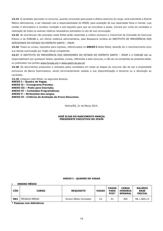 13
13.14. O candidato aprovado no concurso, quando convocado para posse e efetivo exercício do cargo, será submetido a Exame
Médico Admissional, a ser realizado sob a responsabilidade do IPAJM, para avaliação de sua capacidade física e mental, cujo
caráter é eliminatório e constitui condição e pré-requisito para que se concretize a posse. Correrá por conta do candidato a
realização de todos os exames médicos necessários solicitados no ato de sua convocação.
13.15. As ocorrências não previstas neste Edital serão resolvidas a critério exclusivo e irrecorrível da Comissão do Concurso
Público e da FUNCAB e, em última instância administrativa, pela Assessoria Jurídica do INSTITUTO DE PREVIDÊNCIA DOS
SERVIDORES DO ESTADO DO ESPÍRITO SANTO – IPAJM.
13.16. Todos os cursos, requisitos para ingresso, referenciados no ANEXO I deste Edital, deverão ter o reconhecimento e/ou
sua devida autorização por órgão oficial competente.
13.17. O INSTITUTO DE PREVIDÊNCIA DOS SERVIDORES DO ESTADO DO ESPÍRITO SANTO – IPAJM e a FUNCAB não se
responsabilizam por quaisquer textos, apostilas, cursos, referentes a este concurso, a não ser os constantes do presente edital,
ou publicados nos portais www.funcab.org e www.ipajm.es.gov.br.
13.18. Os documentos produzidos e utilizados pelos candidatos em todas as etapas do concurso são de uso e propriedade
exclusivos da Banca Examinadora, sendo terminantemente vedada a sua disponibilização a terceiros ou a devolução ao
candidato.
13.19. Integram este Edital, os seguintes Anexos:
ANEXO I – Quadro de Vagas;
ANEXO II – Cronograma Previsto;
ANEXO III – Posto para Inscrição;
ANEXO IV – Conteúdos Programáticos;
ANEXO V – Atribuições dos cargos;
ANEXO VI - Critérios de Avaliação da Prova Discursiva.
Vitória/ES, 21 de Março 2014.
JOSÉ ELIAS DO NASCIMENTO MARÇAL
PRESIDENTE EXECUTIVO DO IPAJM
ANEXO I - QUADRO DE VAGAS
• ENSINO MÉDIO
CÓD CARGO REQUISITO VAGAS
VAGAS
PARA
PCD*
CARGA
HORÁRIA
SEMANAL
SALÁRIO
BASE
INICIAL
M01 TÉCNICO MÉDIO Ensino Médio Completo 10 01 40h R$ 1.869,14
* Pessoas com deficiência
 