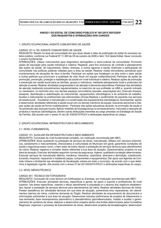 22DIÁRIO OFICIAL DE JABOATÃO DOS GUARARAPES Nº10 PODER EXECUTIVO - ANO XXV 17/01/2015
ANEXO I DO EDITAL DE CONCURSO PÚBLICO N° 001/2015 SEFOGEP
DOS REQUISITOS E ATRIBUIÇÕES DOS CARGOS
1. GRUPO OCUPACIONAL AGENTE COMUNITÁRIO DE SAÚDE
CARGO 101 à 130: AGENTE COMUNITÁRIO DE SAÚDE
REQUISITO: Residir na área da comunidade em que atuar desde a data da publicação do edital do processo se-
letivo público, conforme Lei Federal Nº 11.350 de 05 de outubro de 2006 e Item 19.6 deste Edital; Haver concluído
o ensino fundamental.
ATRIBUIÇÕES: Utilizar instrumentos para diagnóstico demográfico e sócio-cultural da comunidade; Promover
ações de educação para saúde individual e coletiva; Registrar, para fins exclusivos de controle e planejamento
das ações de saúde, de nascimentos, óbitos, doenças, e outros agravos à saúde; Estimular a participação da
comunidade nas políticas públicas voltadas para a área da saúde; Realizar visitas domiciliares periódicas para
monitoramento de situações de risco à família; Participar em ações que fortaleçam os elos entre o setor saúde
e outras políticas que promovam a qualidade de vida; Atuar em equipe multiprofissional; Participar de ações de
promoção, prevenção, proteção e reabilitação da saúde em nível individual e coletivo; Realizar ações de promoção
e prevenção em saúde bucal para as famílias, grupos e indivíduos, mediante planejamento local e protocolos de
atenção à saúde; Realizar atividades programadas e de atenção à demanda espontânea; Participar das atividades
de atenção realizando procedimentos regulamentados no exercício de sua profissão na UBS e, quando indicado
ou necessário, no domicílio e/ou nos demais espaços comunitários (escolas, associações etc); Executar limpeza,
assepsia, desinfecção e esterilização do instrumental, equipamentos odontológicos e do ambiente de trabalho;
Auxiliar e instrumentar os profissionais nas intervenções clínicas;Realizar o acolhimento do paciente nos serviços
de saúde bucal; Coordenar a manutenção e a conservação dos equipamentos odontológicos; Acompanhar, apoiar
e desenvolver atividades referentes à saúde bucal com os demais membros da equipe, buscando aproximar e inte-
grar ações de saúde de forma multidisciplinar; Participar das ações educativas atuando na promoção da saúde e
na prevenção das doenças bucais; Aplicar medidas de biossegurança no armazenamento, manuseio e descarte de
produtos e resíduos odontológicos; Dentre outras atribuições inerentes ao cargo previstas na Estratégia de Saúde
da Família. (De acordo com o anexo IV da LEI 430/2010-PCCV e atribuições específicas do cargo).
2. GRUPO OCUPACIONAL INFRAESTRUTURA E MEIO AMBIENTE
2.1. NÍVEL FUNDAMENTAL
CARGO 131: AUXILIAR EM INFRAESTRUTURA E MEIO AMBIENTE
REQUISITO: Conclusão do nível fundamental completo, em instituição reconhecida pelo MEC.
ATRIBUIÇÕES: Atuar auxiliando na prestação de serviços de obras, manutenção, defesa civil, serviços urbanísti-
cos, saneamento e meio-ambiente, direcionados à comunidade do Município em geral, garantindo condições de
saúde e segurança assim como, o bem estar de todos; Apoiar a prestação de serviços técnicos para atendimentos
de rotina; Realizar registros e compilar dados referentes à sua área de atuação; Operacionalizar projetos na sua
área de atuação; Executar atividades seguindo normas de segurança, higiene, qualidade e proteção determinadas;
Executar serviços de manutenção elétrica, mecânica, hidráulica, carpintaria, alvenaria e demolição, substituindo,
trocando, limpando, reparando e instalando peças, componentes e equipamentos; Dar apoio aos Agentes de Con-
trole Urbano e Ambiental nas atividades de fiscalização urbana em todo o município, de acordo com o que deter-
mina a legislação vigente. (De acordo com o anexo IV da LEI 430/2010-PCCV e atribuições específicas do cargo).
2.2. NÍVEL MÉDIO/TÉCNICO
CARGO 301: TÉCNICO EM TOPOGRAFIA
REQUISITO: Conclusão de curso técnico em Edificações ou Estradas, em instituição reconhecida pelo MEC.
ATRIBUIÇÕES: Executar atividades técnicas, específicas e gerais, de apoio e suporte a profissionais de nível
superior, nas áreas específicas, visando o eficaz atendimento à população e o alcance dos objetivos estabeleci-
dos; Apoiar a prestação de serviços técnicos para atendimentos de rotina; Realizar atividades técnicas de rotina;
Prestar assistência em atividades técnicas em sua área de atuação, preventivas e/ou reparadoras, em atendi-
mentos internos de rotina, conforme demanda do Órgão. Realizar atividades de arquivamento de documentos e
informações pertinentes à sua área de atuação; Desenvolver estudos preliminares de projetos de loteamentos e
vias terrestres; fazer levantamentos planimétrico e planialtimétrico georreferenciados, instalar e auxiliar o geren-
ciamento de canteiros de obras; elaborar e desenvolver projetos dentro dos limites determinados pelos Conselhos
Regionais; organizar o processo de licenciamento de obras; desenvolver projetos de terraplanagens; desenvolver
 